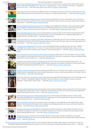 4/1/24, 9:10 AM Advanced View Arduino Projects List - Use Arduino for Projects
https://duino4projects.com/advanced-view-arduino-projects-list/ 54/59
827. Larson Scanner with Relay Module using Arduino This time I'll show how I used an Arduino to control a relay module with eight channels.
Arduino in offers several advantages such as: - Open source; - Easy programming; - You can assemble your own board; - Is supported on
various forums on the…... Listed under: Other Projects, Projects, Sensor – Transducer – Detector Projects
828. Evil Macropad I don't have to introduce your colleague, Richard. He is The Backbone of the society. Hard worker, everyone knows he is busy
all day. He gets all the praise. But you know the truth. And only you. He is hardly working. All he does is…... Listed under: Other Project Ideas
829. Arduino Quadruped Robot: Walks, Skims & Grips I made an Arduino quadruped robot “by-hand,” meaning without a kit or a 3D printer. It
walks using a "long step" gait, which can be very smooth and natural looking. It didn't quite come out the way I wanted though. However, to
make my robot…... Listed under: Robotics – Automation Projects
830. Ultrasonic Combination Switch using an Arduino Time for a follow-up to the Single Button Combination Lock by creating another oddball
type of switch/lock. To activate this switch we make use of a Parallax Ping))) Ultrasonic sensor, an Arduino-style board and some other
hardware – to make a device that receives a four-number code…... Listed under: Medical – Health based Projects, Projects
831. Arduino NERF Ball Wireless FPV Sentry Turret This project will guide you through the steps to make an Arduino based 360 degree rotating
foam ball turret with full joystick wireless control, and first person view camera and headset. This is a moderately complex project for
hobbyists looking to try something a little…... Listed under: Wireless Projects
832. Arduino Street Traffic Light – Breadboard Edition Build a simple Arduino powered Traffic Light with us! This instructable is meant to walk you
through almost every step, but there are a few assumptions. Read over the intro and the first step to make sure you are fully prepared! This is
the breadboard…... Listed under: Car Projects, LED Projects, Projects
833. Arduino SD Cards and Datalogging This is my first in a series of more advanced Arduino tutorials. [box type="note" color=" #202020 "
bg="#ffbb00 " font="verdana" fontsize="14" radius="20 " border="#000" float="right" head="Attributes"]Thanks to Jeremy , for this
articles[/box] Now that we’ve covered the basics in tutorials 1-10 (you have watched them…... Listed under: Metering – Instrument Projects,
Projects
834. How to Control Any Drone From Your Arduino Microcontroller Using Bluetooth Hello Everyone!!! In this Instructable I am going to show you
how I converted my (Commercial) RC drone that uses an RC radio system into a drone that is controlled by your Arduino using Bluetooth Why
would I want to control my drone from an…... Listed under: Bluetooth Projects
835. Introduction to Packet Radio and Arduino Controlled LED Strips This time on the show we continue coverage of Toorcamp 2012 - the
American Hacker Camp. This time Darren speaks with Rob Eby about packet radio as an extension of the Internet. Plus what could be better
than flexible individually addressable RGB LED strips? %1…... Listed under: LED Projects, Projects, Radio Projects
836. Tele Vaidya – Remote Health Monitor Every human being requires health care as one of their basic needs. However, many poor countries are
unable to achieve the requirements due to a lack of medical health experts or doctors, as well as sanitary facilities such as hospitals. These are
the most pressing…... Listed under: Other Project Ideas
837. Cyborg Hand : Robotic-cum-Prosthetic Servo Powered Hand https://youtu.be/gO7L46sZTY4 Supplies Hey there ! For this Instructable you will
need: 1- 3d Printer 2- CAD software( TinkerCad / Fusion360 ) 3- PLA and TPU filament 4- Servos [ MG995 ] 5- Arduino 6- Wires and
Breadboard 7- Rubber bands 8- Thread / String (…... Listed under: Robotics – Automation Project Ideas
838. Arduino Controlled Digital Window Sticker A bumper-sticker sized L.E.D. matrix that displays images in sequence from an SD card, to produce
an animated sign or "window sticker." Arduino controlled! Also includes Windows, Mac, and Linux code for converting .xbm image files into
Digital Window Sticker files. Perfect for a shop…... Listed under: LED Projects, Projects
839. Smart Thermometer Using Esp-01F and Web Socket [Arduino IDE] In one of the previous instructable, we saw how to make a simple
thermometer with ATTINY 85 which can last for 140days with a single battery and it still works great after 40+ days with the same battery I
showed in the video. But it was…... Listed under: Other Project Ideas
840. Arduino Powered Micro Quadruped From the previous projects on this page, you can probably see that I have a deep interest in robotic
projects. In one of my previous Instructables, I built a quadruped robot using large heavy-duty servo motors, and this time I decided to try
and make…... Listed under: Robotics – Automation Project Ideas
841. Robopod the Arduino Powered Robot Robopod is a simple arduino robot that uses antennas to detect obstacles. Robopod's motors are
controlled by an H bridge and powered by a nine volt battery. Robopods circuit is based on a breadboard for easy modification. Step 1:
Tools and Materials Material Arduino…... Listed under: Robotics – Automation Projects
842. LED Mask (with Arduino) Hi everyone! In this Instructable I will show you how to make a LED Mask. This Mask has an incorporated
microphone that will make your mouth move as you speak. What you are going to learn from this Instructable: Select the right components
for this…... Listed under: LED Projects
843. Turn your Arduino into the best gift of all Please vote for me in the Holiday Gift contest and the Make it Glow contest! First, this started out as a gift, and not an
instructable. So please excuse some hand waving here and there as I do not have any pictures of the etching and drilling portions. Second,…... Listed under:
 