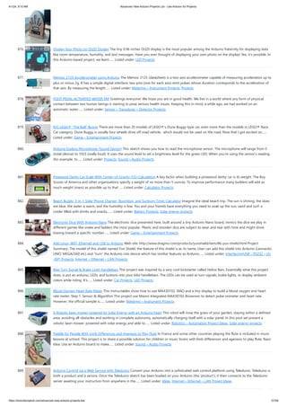 4/1/24, 9:10 AM Advanced View Arduino Projects List - Use Arduino for Projects
https://duino4projects.com/advanced-view-arduino-projects-list/ 57/59
876. Display Your Photo on OLED Display The tiny 0.96 inches OLED display is the most popular among the Arduino fraternity for displaying data
like room temperature, humidity, and text messages. Have you ever thought of displaying your own photo on the display! Yes, it's possible. In
this Arduino-based project, we learn…... Listed under: LED Projects
877. Memsic 2125 Accelerometer using Arduino The Memsic 2125 (datasheet) is a two-axis accelerometer capable of measuring acceleration up to
plus or minus 2g. It has a simple digital interface: two pins (one for each axis) emit pulses whose duration corresponds to the acceleration of
that axis. By measuring the length…... Listed under: Metering – Instrument Projects, Projects
878. FOOT PEDAL ACTIVATED WATER TAP Greetings everyone! We hope you are in good health. We live in a world where any form of physical
contact between two human beings is starting to pose serious health issues. Keeping this in mind, a while ago, we had worked on an
automatic water…... Listed under: Sensor – Transducer – Detector Projects
879. R/C LEGO® “The Bull” Buggy There are more than 20 models of LEGO®'s Dune Buggy type car, even more than the models in LEGO® Race
Car category. Dune Buggy is usually four wheels drive off road vehicle, which would not be used on the road. Now that I got excited on…...
Listed under: Game – Entertainment Projects
880. Arduino Esplora Microphone (Sound Sensor) This sketch shows you how to read the microphone sensor. The microphone will range from 0
(total silence) to 1023 (really loud). It uses the sound level to set a brightness level for the green LED. When you're using the sensor's reading
(for example, to…... Listed under: Projects, Sound – Audio Projects
881. Pinewood Derby Car Scale With Center-of-Gravity (CG) Calculation A key factor when building a pinewood derby car is its weight. The Boy
Scouts of America and other organizations specify a weight of no more than 5 ounces. To improve performance many builders will add as
much weight (mass) as possible up to that…... Listed under: Calculator Projects
882. Beach Buddy: 3-in-1 Solar Phone Charger, Boombox, and Sunburn Timer Calculator Imagine the ideal beach trip. The sun is shining, the skies
are blue, the water is warm, and the humidity is low. You and your friends have everything you need to soak up the sun, sand and surf: a
cooler filled with drinks and snacks,…... Listed under: Battery Projects, Solar energy projects
883. Electronic Dice With Arduino Nano The electronic dice presented here, built around a tiny Arduino Nano board, mimics the dice we play in
different games like snake and ladders the most popular. Plastic and wooden dice are subject to wear and tear with time and might show
biasing toward a specific number…... Listed under: Game – Entertainment Projects
884. Add Linux, WiFi, Ethernet and USB to Arduino Web site: http://www.dragino.com/products/yunshield/item/86-yun-shield.html Project
Summary: The model of this shield named Yun Shield, the feature of this shield is as its name. User can add this shield into Arduino (Leonardo,
UNO, MEGA2560 etc) and "turn" the Arduino into device which has similiar features as Arduino…... Listed under: Interfacing(USB – RS232 – I2c
-ISP) Projects, Internet – Ethernet – LAN Projects
885. Bike Turn Signal & Brake Light Handlebars This project was inspired by a very cool kickstarter called Helios Bars. Essentially what this project
does, is put an arduino, LEDs, and buttons into your bike handlebars. The LEDs can be used as turn signals, brake lights, or display ambient
colors while riding. It's…... Listed under: Car Projects, LED Projects
886. Blood Oxygen Heart Rate Meter This instructables show how to use MAX30102, XIAO and a tiny display to build a blood oxygen and heart
rate meter. Step 1: Sensor & Algorithm This project use Maxim Integrated MAX30102 Biosensor to detect pulse oximeter and heart rate.
However, the official sample is…... Listed under: Metering – Instrument Projects
887. A Robotic lawn mower powered by Solar Energy with an Arduino heart This robot will mow the grass of your garden, staying within a defined
area, avoiding all obstacles and working in complete autonomy, automatically charging itself with a solar panel. In this post we present a
robotic lawn mower, powered with solar energy and able to…... Listed under: Robotics – Automation Project Ideas, Solar energy projects
888. Paddle for People With Limb Differences and Agenesis to Play Flute In France and some other countries playing the flute is included in music
lessons at school. This project is to share a possible solution for children or music lovers with limb differences and agenesis to play flute. Basic
Idea: Use an Arduino board to make…... Listed under: Sound – Audio Projects
889. Arduino Control via a Web Service with Teleduino Convert your Arduino into a sofisticated web control platform using Teleduino. Teleduino is
both a product and a service. Once the Teleduino sketch has been loaded on your Arduino (the 'product'), it then connects to the Teleduino
server awaiting your instruction from anywhere in the…... Listed under: Ideas, Internet – Ethernet – LAN Project Ideas
 