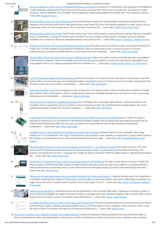 4/1/24, 9:10 AM Advanced View Arduino Projects List - Use Arduino for Projects
https://duino4projects.com/advanced-view-arduino-projects-list/ 6/59
79. Voice-Controlled LED System Using HC-05 Bluetooth Module and Smartphone Summary In this undertaking, we'll employ an HC-05 Bluetooth
module alongside a smartphone for transmitting vocal instructions to oversee LEDs and to accept voice directives. Our approach involves
utilizing an "Arduino Bluetooth Voice Controller" Android application, readily downloadable from the Play Store. The microphone captures…...
Listed under: Bluetooth Projects
80. BO Motor With Encoder Gives Precise Movement For precise BO motor control or for crafting budget-friendly projects utilizing PID, the
integration of such encoders with motors holds great promise. Story Geared DC motors find extensive application in hobby projects, such as
constructing robotic cars and moving robotics. Yet, for meticulous movement, the…... Listed under: Arduino Motor Project Ideas
81. Gesture Sensor Control Using Arduino The DF Robot Gravity sensor now combines gesture controls and touch switches, offering an expanded
array of combinations to manage the ON/OFF switch. Narrative This sensor module combines gesture recognition and touch detection
capabilities into a single unit, offering an adaptable detection range spanning from…... Listed under: Sensor – Transducer – Detector Projects
82. Creating a Fire Detector with Omniverse Replicator and Arduino Nicla This project serves as a proof-of-concept, showcasing the utilization of
TinyML and a synthetic dataset for the purpose of fire detection. Story The threat posed by fires is of utmost concern to humanity,
emphasizing the crucial need for reliable detection. Current flame sensors are constrained…... Listed under: Other Project Ideas
83. [Password Box] Arduino One Touch Password Input (USB Keyboard Hack) Today is the world of internet social. We have many social platform
Email, Facebook, Instagrams, Twitter, Instructables and etc.For security issue we should not use the same password for these platform and
some platform enforce us to create password that difficult to remember. It is…... Listed under: Interfacing(USB – RS232 – I2c -ISP) Projects
84. Lane Tech PCL Amazon Alexa PC Boot and Heater start Initiate the activation of a computer and the operation of a space heater using either
Amazon Alexa or the associated app, and subsequently employ a temperature sensor to control and maintain the heater's temperature. Story
The Idea Located near a bay window in my basement,…... Listed under: Other Project Ideas
85. General Purpose Relay Timer Story Throughout my years of experience, I've created numerous timers and encountered a plethora of mobile
apps. However, when I found myself in need of a straightforward solution to seamlessly automate the on-off cycle of a circuit I was actively
developing, none of the available…... Listed under: Other Project Ideas
86. Remote control of a multi-light chandelier with Arduino Story: It all began with a seemingly simple intention – replacing the bulbs in the
chandelier adorning my bedroom. As you can observe in the accompanying image, the chandelier boasts an elegant design. Yet, a minor
predicament emerged. To begin with, the fixture comprises a…... Listed under: Blog, LED Projects
87. Utilizing the W5300 TOE Shield with Arduino IDE and STM32 Nucleo-F429ZI: A Comprehensive Guide Narrative 0. Preface This guide is
dedicated to instructing you on the utilization of the W5300 TOE Shield in tandem with the Arduino IDE, particularly when paired with the
STM32 Nucleo-F429ZI board. Within this document, we shall furnish a comprehensive, step-by-step tutorial encompassing the
configuration…... Listed under: Blog, Other Project Ideas
88. The NetP Project: Creating a Network of Processors with Arduino Mini Pro Boards Narrative Arduino is truly remarkable; I have a deep
fondness for it. It can be likened to the "Lego" of the electronics and automation world. Presently, I'm engrossed in a project where numerous
MCU boards are orchestrated to form an interconnected network of processors, aptly…... Listed under: Blog, Development Board – Kits
Projects
89. Recommended Approach to Programming and Hardware Development: C++ and Arduino Framework Story Rapid Overview of the Seed
Studio Grove Kit Frequently, people inquire about the optimal approach to delve into programming and hardware development. The
response consistently points to the C++ language and, notably, the Arduino framework. While the software aspect is well-defined, what about
the…... Listed under: Blog, Other Project Ideas
90. Introduction to the Arduino Project: An Open Source Experimental Aircraft PFD Manual The Open Cockpit Arduino 4.3 Version 1.0 Beta The
Arduino project is a PFD (Primary Flight Display) for experimental aircraft, built on Arduino's open-source platform. Its purpose extends to
both educational and experimental contexts. Further enhancements are anticipated, aiming to provide an affordable backup instrument…...
Listed under: Blog, Other Projects
91. Objective of the Experiment: Arduino Microcontrollers Applications with Switches and Sensors I. Objective The main goal of this experiment is
to familiarize oneself with the utilization of the Arduino microcontrollers for monitoring switches and sensors. Additionally, the objective is to
trigger devices like LEDs or a speaker based on specific sensor output values. II. List of…... Listed under: Blog, Sensor – Transducer – Detector
Project Ideas
92. Making Sounds with Arduino The limited funding and job opportunities in the humanities field make it challenging for emerging scholars to
pursue additional knowledge. As scholars must acquire extensive knowledge within their respective disciplines, they must also create coherent
projects within an academic context. This situation creates difficulties for…... Listed under: Sound – Audio Projects
93. Controlling DC Motors and Servo Motors with Arduino and Processing GUI The workshop demonstrates how to control motors using Arduino
and Processing In today's workshop, participants will learn how to control two types of motors, namely DC motors and servo motors, using
the Arduino board. The workshop will make use of firmata and a Processing to…... Listed under: Motor Projects
94. Introduction to Arduino Using TinkerCAD Simulator: No Hardware Required Context and Preparation Getting started with tinkering on Microcontrollers can
often be hindered by the need to purchase hardware. In this tutorial, we offer an introduction to Arduino that requires no prior experience and no physical
 