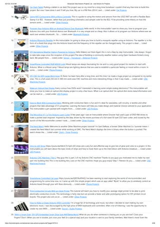 3/21/23, 8:33 AM Advanced View Arduino Projects List - Use Arduino for Projects
https://duino4projects.com/advanced-view-arduino-projects-list/?page31074=3 2/58
13. Car Dash Tablet Putting a tablet in car dash.This project was on my mind for a long time.Somehow I couldn’t find any free time to build this
project. But now I have done it and I’ll tell you how. My car is a VW Polo (2014 ) and…... Listed under: Car Projects
14. Using NXT Components With a Micro Controller This is a guide to using the motors and sensors from the LEGO NXT set with a Parallax Basic
Stamp II or BS2. However, rather than just providing schematics and sample code for the BS2, I'll be providing some theory on how the
sensors work…... Listed under: Other Projects
15. Program Your Arduino With an Android Device Over Bluetooth Hello world, in this Instructable I want to show you, how to program your
Arduino Uno with your Android device over Bluetooth. It is very simple and so cheap. Also it allows us to program our Arduino where ever we
want over wireless bluetooth... So…... Listed under: Bluetooth Projects
16. Arduino Mosquito Repeller In this instructable I'm going to show you how to build a mosquito repeller using an Arduino. The repeller is in the
form of a shield that plugs into the Arduino board and the frequency of the repeller can be changed easily. This project is ideal…... Listed
under: Other Projects
17. DIY Standalone Weather Station Powered by Arduino Hello Makers out there Again this is not a Step by step Instructable . Like always i forgot
to take take snaps since the inception of this project.The idea of Building a community weather station using Open hardware Kicked a long
back. We people from…... Listed under: Sensor – Transducer – Detector Projects
18. SmartPhone Controlled RGB MOOD Light Mood lamps are always fascinating for me and is a very good project for starters to start with
Arduino. What is a Mood Lamp ? Mood lamps are lighting devices that are used to establish a particular feeling or mood within a room. In
some…... Listed under: Phone Projects
19. DIY CNC for 60$ (Large Work Area) Hi there I've been here after a long time, and this time I've made a huge project as compared to my earlier
ones. This is a full-sized 250 mm X 300 mm work area CNC machine and more interesting things is that it was made…... Listed under: CNC
Machines Projects
20. Make an Optical Disk Display Every curious how DVDs work? Interested in learning some simple analog electronics? This Instructables will
show you how to make an optical disk display project in only a few hours. What is an optical disk? An optical disk stores data/information and
can be read or…... Listed under: LED Projects
21. How to Work With Conductive Fabric Working with conductive fabric is fun and it's ideal for wearables, soft circuitry, e-textiles and other
projects that take advantage of it's properties. Learning the basics will help you make design and material choices tailored to your application.
This Instructable is jam-packed with insights from…... Listed under: LED Projects
22. The MicroSlice V1 | a Tiny Arduino Laser Cutter A few years ago I saw an Instructable where Groover had used a pair of DVD-RW drives to
make a pocket laser engraver. Inspired by the idea, driven by the recent purchase of a full-sized 50 watt CO2 laser cutter, and roused by the
launch of the Microcontroller contest I took…... Listed under: Other Projects
23. The Nerd Watch Hello! Welcome to another Other Machine project tutorial! I'm Sam DeRose, a former Other Machine Co. Summer Intern. I
created the Nerd Watch last summer while working at OMC. The Nerd Watch displays the time in binary when the button is pushed. The
watch shows the…... Listed under: Clock – Timer Projects
24. Intro to LED Strips https://youtu.be/IbkUL7U1qIA LED strips are a very fun and effective way to give lots of glow and color to a project. In this
Instructable you will learn about the basic kinds of strips and how to hook them up to the Intel Edison with Arduino breakout…... Listed under:
LED Projects
25. Arduino: CNC Machine / Part 2 Hey guys this is part 2 of my Arduino CNC machine! Thanks to you guys you motivated me to make my next
part into building this! This is me building the y-axis on the CNC machine. Hope you guys enjoy! Step 1: Patreon As you…... Listed under: CNC
Machines Projects
26. Smartphone Controlled Cat Laser https://youtu.be/Q05TAoPIHtQ I've been wanting to start exploring the world of microcontrollers and
programming for some time now, so I came up with this simple project which uses an app called "Blynk" to allow you to wirelessly control an
Arduino board through your wifi. Now obviously…... Listed under: Phone Projects
27. Print Conductive Circuits With an Inkjet Printer This tutorial will teach you how to modify your average inkjet printer to be able to print
electrically conductive circuits. This technology is fairly new but can provide a faster and safer prototyping option for DIY printed circuit
boards. This project also acts as an…... Listed under: Other Projects
28. How to Make a Cheap Arduino MIDI Controller I'm a huge fan of technology and music, but when I decided to start making my own
electronic music, I was discouraged by the high price of MIDI keyboards and controllers. After a lot of tinkering, I saw the opportunity to
create my own MIDI…... Listed under: Sound – Audio Projects
29. “With U Smart Sole” DIY GPS Embedded Smart Shoe Sole #MITBetterWorld What do you do when someone is chasing you or you are lost? Cross your
fingers? Don't. When you are in trouble, just cross your feet [in a special way] and your location is sent to your family members. Wait there's more! Even the
 