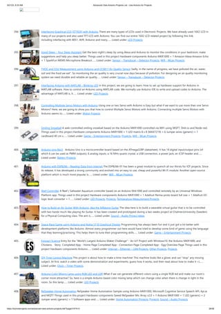 3/21/23, 8:33 AM Advanced View Arduino Projects List - Use Arduino for Projects
https://duino4projects.com/advanced-view-arduino-projects-list/?page31074=3 26/58
394. Interfacing Graphical LCD (ST7920) with Arduino There are many types of LCDs used in Electronic Projects. We have already used 16X2 LCD in
many of our projects and also used TFT LCD with Arduino. You can find our entire 16X2 LCD related project by following this link,
including interfacing with 8051, AVR, Arduino and many…... Listed under: LCD Projects
395. Good Sleep – Your Sleep Assistant Get the best night's sleep by using Alexa and Arduino to monitor the conditions in your bedroom, make
suggestions and help you sleep better. Things used in this project Hardware components Arduino MKR1000 × 1 Amazon Alexa Amazon Echo
× 1 SparkFun MEMS Microphone Breakout…... Listed under: Sensor – Transducer – Detector Projects, Wifi - WLan Projects
396. TVOC and CO2 Measurement using Arduino and CCS811 Air Quality Sensor Sadly, in the name of progress, we have polluted the air, water,
soil and the food we eat”. So monitoring the air quality is very crucial now days because of pollution. For designing an air quality monitoring
system we need durable and reliable air quality…... Listed under: Sensor – Transducer – Detector Projects
397. Interfacing Arduino with MATLAB – Blinking LED In this project, we are going to learn, How to set up hardware support for Arduino in
MATLAB software. How to control an Arduino using MATLAB code. We normally use Arduino IDE to write and upload codes to Arduino. The
advantage of MATLAB is, it…... Listed under: LED Projects
398. Controlling Multiple Servo Motors with Arduino Using one or two Servo with Arduino is Easy but what if we want to use more than one Servo
Motors? Here, we are going to show you that how to control Multiple Servo Motors with Arduino. Connecting multiple Servo Motors with
Arduino seems to…... Listed under: Motor Projects
399. Smiling Snowball A web-controlled smiling snowball based on the Arduino MKR1000 controlled via WiFi using MQTT, Shitr.io and Node-red.
Things used in this project Hardware components Arduino MKR1000 × 1 LED matrix 8 x 8 (MAX7219) × 6 Jumper wires (generic) × 1
cardboard 40 cm x…... Listed under: Game – Entertainment Projects, Projects, Wifi - WLan Projects
400. Arduino Uno Rev3 Arduino Uno is a microcontroller board based on the ATmega328P (datasheet). It has 14 digital input/output pins (of
which 6 can be used as PWM outputs), 6 analog inputs, a 16 MHz quartz crystal, a USB connection, a power jack, an ICSP header and…...
Listed under: Battery Projects
401. Arduino with ESP8266 – Reading Data from Internet The ESP8266-01 has been a great module to quench all our thirsts for IOT projects. Since
its release, it has developed a strong community and evolved into an easy to use, cheap and powerful Wi-Fi module. Another open-source
platform which is much more popular is…... Listed under: Wifi - WLan Projects
402. Reef Controller A Reef / Saltwater Aquarium controller based on an Arduino Mrk1000 and controlled remotely by an Universal Windows
Platform app. Things used in this project Hardware components Arduino MKR1000 × 1 Adafruit Perma-proto board full size × 1 Adafruit I2C
logic level converter × 1…... Listed under: LED Projects, Projects, Temperature Measurement Projects
403. How to Build an Air Guitar With Arduino, Aka the AIRduino Guitar The idea here is to build a wearable virtual guitar that is to be controlled
with two hands much like playing Air Guitar. It has been created and prototyped during a two weeks project at ChalmersUniversity (Sweden)
for a Physical Computing class. The aim is…... Listed under: Sound – Audio Project Ideas
404. Space Race Game using Arduino and Nokia 5110 Graphical Display Programming has always been fun and it just got a lot better with
development platforms like Arduino. Almost every programmer out here would have tried to develop some kind of game using the language
that they learning/practising. This helps them to tune their programming skills…... Listed under: Game – Entertainment Projects
405. Eggzact Science Entry for the "World's Largest Arduino Maker Challenge" - An IoT Project with Windows10, the Arduino MKR1000, and
Chickens. Story Completed App - Home Page Completed App - Connection Page Completed App - Egg Overview Page Things used in this
project Hardware components Arduino…... Listed under: Internet – Ethernet – LAN Projects, Other Projects, Projects
406. DIY Time Control Machine This project is about how to make a time machine! This machine looks like a glove, and can "stop" any moving
subject. At first, watch a video with some demonstration and experiments, guess how it works, and then read about how to make it =)…...
Listed under: Clock – Timer Projects
407. Arduino Color Mixing Lamp using RGB LED and LDR What if we can generate different colors using a single RGB led and make our room’s
corner more attractive? So, here is a simple Arduino based color mixing lamp which can change color when there is change in light in the
room. So this lamp…... Listed under: LED Projects
408. ReSpeaker Home Automation ReSpeaker Home Automation Sample using Arduino MKR1000, Microsoft Cognitive Service Speech API, Api.ai
and MQTT Things used in this project Hardware components Seeed ReSpeaker Mic Array v2.0 × 1 Arduino MKR1000 × 1 LED (generic) × 2
Jumper wires (generic) × 1 Software apps and…... Listed under: Home Automation Projects, Projects, Sound – Audio Projects
 