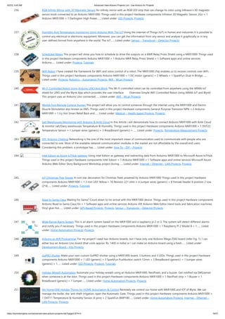 5/2/23, 9:45 AM Advanced View Arduino Projects List - Use Arduino for Projects
https://duino4projects.com/advanced-view-arduino-projects-list/?page31074=3 16/57
236. RGB Infinity Mirror with 3D Magnetic Sensor An infinity mirror with an RGB LED strip that can change its color using Infineon's 3D magnetic
sensor knob connected to an Arduino MKR1000. Things used in this project Hardware components Infineon 3D Magnetic Sensor 2Go × 1
Arduino MKR1000 × 1 Darlington High Power…... Listed under: LED Projects, Projects
237. Humidity And Temperature monitoring Using Arduino With The IoT Using the Internet of Things (IoT) in homes and industries it is possible to
control any electrical or electronic equipment. Moreover, you can get the information from any sensor and analyse it graphically or in any
user-defined format from anywhere in the world. The IoT…... Listed under: Sensor – Transducer – Detector Projects
238. Scheduled Relays This project will show you how to schedule to drive the outputs on a MKR Relay Proto Shield using a MKR1000! Things used
in this project Hardware components Arduino MKR1000 × 1 Arduino MKR Relay Proto Shield × 1 Software apps and online services
Arduino…... Listed under: Projects, Tutorials
239. WiFi Robot I have created the framework for WiFi and voice control of a robot. The MKR1000 chip enables us to receive controls over WiFi.
Things used in this project Hardware components Arduino MKR1000 × 1 DC motor (generic) × 2 Wheels × 1 SparkFun Dual H-Bridge…...
Listed under: Projects, Robotics – Automation Projects, Wifi - WLan Projects
240. Wi-Fi Controlled Robot Using Arduino UNO And Blynk This Wi-Fi controlled robot can be controlled from anywhere using the ARMA IoT
shield for UNO and the Blynk App which provides the user interface. Overview Simple WiFi Controlled Robot Using ARMA IoT and Blynk!
This project uses an Arduino Uno connected…... Listed under: Wifi - WLan Projects
241. Worlds First Remote Control Human This project will allow you to control someone through the internet using the MKR1000 and Electric
Muscle Stimulation also known as EMS. Things used in this project Hardware components General Purpose Transistor NPN × 2 Arduino
MKR1000 × 1 Icy Hot Smart Relief Back and…... Listed under: Medical – Health based Projects, Projects
242. Salt Warehouses Monitoring with Arduino & Artik Cloud In this Article i will demonstrate how to connect Arduino MKR1000 with Artik Cloud
& monitor salt/Dairy warehouses Temperature & Humidity. Things used in this project Hardware components Arduino MKR1000 × 1 DHT22
Temperature Sensor × 1 Jumper wires (generic) × 3 Breadboard (generic) ×…... Listed under: Projects, Temperature Measurement Projects
243. DIY: Arduino Chatting Networking is the one of the most important mean of communication used to communicate with people who are
connected to one. Most of the available network communication modules in the market are not affordable by the overall end users.
Considering this problem, a prototype has…... Listed under: How To – DIY – Projects
244. Intel Edison as Azure IoTHub gateway Using Intel Edison as gateway and redirecting data from Arduimo MKR1000 to Microsoft Azure IoTHub.
Things used in this project Hardware components Intel Edison × 1 Arduino MKR1000 × 1 Software apps and online services Microsoft Azure
Arduino Web Editor Story Background Workshop project during…... Listed under: Internet – Ethernet – LAN Projects, Projects
245. IoT Christmas Tree Topper A cool star decoration for Chritmas Trees powered by Arduino MKR1000 Things used in this project Hardware
components Arduino MKR1000 × 1 3 mm LED: Yellow × 16 Resistor 221 ohm × 4 Jumper wires (generic) × 8 Female header 8 position 2 row
(2*4)…... Listed under: Projects, Tutorials
246. Road to Santa Claus Waiting for Santa? Count down to his arrival with this MKR1000 device. Things used in this project Hardware components
Arduino Road to Santa Claus Kit × 1 Software apps and online services Arduino IDE Arduino Web Editor Hand tools and fabrication machines
Vinyl glue Hot…... Listed under: GPS Based Projects, Projects, Sensor – Transducer – Detector Projects
247. Wide Range Alarm System This is an alarm system based on the MKR1000 and a raspberry pi 2 or 3. The system will detect different alarms
and notify you if necessary. Things used in this project Hardware components Arduino MKR1000 × 1 Raspberry Pi 2 Model B × 1…... Listed
under: Home Automation Projects, Projects
248. Arduino as AVR Programmer For my project I need two Arduino boards, but I have only one Arduino Mega 2560 board (refer Fig. 1). I can
either buy an Arduino Uno board (that costs approx. Rs. 1400 in India) or I can make an Arduino board using a fresh…... Listed under:
Development Board – Kits Projects
249. GoPRO Shutter Make your own custom GoPRO shutter using a MKR1000 board, 3 buttons and 3 LEDs. Things used in this project Hardware
components Arduino MKR1000 × 1 LED (generic) × 3 SparkFun Pushbutton switch 12mm × 3 Breadboard (generic) × 1 Jumper wires
(generic) × 1…... Listed under: LED Projects, Projects, Tutorials
250. Holiday Wreath Automation Automate your holiday wreath using an Arduino MKR1000, NeoPixels, and a buzzer. Get notified via SMS/email
when someone is at the door. Things used in this project Hardware components Arduino MKR1000 × 1 NeoPixel strip × 1 Buzzer × 1
Breadboard (generic) × 1 Jumper…... Listed under: Home Automation Projects, Projects
251. My Home1000 Holiday Things for HOME Automation & Control Remotely we control our home with MKR1000 and IOT of Blynk. We can
manage the boiler, the 'anti-theft irrigation, open the Automatic Gate. Things used in this project Hardware components Arduino MKR1000 ×
1 DHT11 Temperature & Humidity Sensor (4 pins) × 2 SparkFun BMP180…... Listed under: Home Automation Projects, Internet – Ethernet –
LAN Projects, Projects
 