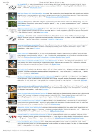 5/2/23, 9:45 AM Advanced View Arduino Projects List - Use Arduino for Projects
https://duino4projects.com/advanced-view-arduino-projects-list/?page31074=3 29/57
444. Hot Cocoa 3000 Oh the weather outside is frightful, but hot cocoa is so delightful, so let's order some hot cocoa on the go! An Arduino
MKR1000 project. Things used in this project Hardware components Arduino MKR1000 × 1 Water Pump NOTE! THIS AND MANY OF THE
OTHER…... Listed under: Other Projects, Projects
445. Water Level Indicator Using Arduino & Ultrasonic Sensor Water Level Indicator Using Arduino Wireless Water Level Indicator Using Ultrasonic
sensor & Arduino is an amazing and very useful project. The objective of this project is to notify the user the amount of water that is present
in the overhead water tank. This project…... Listed under: Sensor – Transducer – Detector Project Ideas
446. Limb Shaker A stepper motor shakes a limb to frighten away birds and squirrels. It is under the control of the MKR1000. Things used in this
project Hardware components DC motor (generic) × 1 Arduino MKR1000 × 1 Story The project uses a stepper motor to pull…... Listed under:
Motor Projects, Projects
447. DC Motor Speed Control Using Arduino & PWM Speed control of DC motor with PC Interface is an easy DIY project. In this project DC
motor’s speed is controlled by sending the command through PC. Arduino is directly connected to PC through the USB cable and command
is given to Arduino on serial…... Listed under: Motor Projects
448. PlantAnalyzer A device which collects data (environmental, soil and photosynthesis values) of plant(s) and then stores/analyze using a
MKR1000 and Azure. Things used in this project Hardware components Arduino MKR1000 × 1 ADAFRUIT SD CARD READER × 1 ARDUCAM
5MP OV5642 × 1 SparkFun Weather Shield…... Listed under: Projects, Wifi - WLan Projects
449. Project: Car Speed Detector Using Arduino Car speed Detector Project In this project I am going to show you how to measure the speed of
running car (or man) from outside. Police department uses this type of system to prevent over speed of vehicles. Our project is a little
different from…... Listed under: LCD Projects
450. Getting weather data With this tutorial, you will learn how to get the weather data from a web service to your Arduino. Things used in this
project Hardware components Arduino MKR1000 × 1 Story In this tutorial we would make use of the WiFiConnection of our mkr1000. We…...
Listed under: Metering – Instrument Projects, Projects, Sensor – Transducer – Detector Projects, Tutorials
451. Project: Gesture Controlled Mouse (Air Mouse) Using Arduino & Accelerometer AIR Mouse is also called gesture-controlled mouse and it
works based on hand gesture. In this project an accelerometer is used for measuring the tilt of hand in X and Y direction and moves the
cursor according the tilt. In the project two types of…... Listed under: Battery Projects
452. Mind Control Drone Learn how to lift-off a drone with your mind and a hacked controller using a MindWave sensor, Arduino MKR1000 and
Processing. Things used in this project Hardware components Arduino MKR1000 × 1 Micro Racing Drone × 1 Capacitor 100 µF × 4 Resistor
221 ohm…... Listed under: Drone, Projects
453. DIY: Measuring Wheel/Surveyor’s Wheel Using Arduino & Rotary Encoder DIY: Measuring Wheel/Surveyor’s Wheel Using Arduino & Rotary
Encoder A surveyor’s wheel may also be known by other names like: clickwheel, hodometer, waywiser, trundle wheel, measuring wheel or a
perambulator. All these devices serve a single purpose, which is, measuring distance. The origin of surveyor’s…... Listed under: LCD Projects
454. Project: Auto Intensity Control Of Street Light Using Arduino Auto Intensity Control Of Street Light Using Arduino In this project, I am going
to show you how to control the intensity of LED lights according to the time and the light intensity of outer atmosphere. This is an amazing
and very useful project because…... Listed under: LED Projects
455. Control the Position of a Continuous Rotation Servo via WiFi Position control using wifi from a smartphone sounds too good to be true? Do it
with MKR1000. Things used in this project Hardware components Arduino MKR1000 × 1 Hand tools and fabrication machines 3D Printer
(generic) Story Many position control use steppers because they are…... Listed under: Projects, Wifi - WLan Projects
456. Project: Home Automation Using IR Remote Control Arduino-Remote Control Home Automation In this project, we are going to show you
how to control home appliances using a TV Remote. This same principle can be applicable in offices and industries as well. The project deals
with the automation of four home appliances, like…... Listed under: Wireless Projects
457. Smartphone Controlled Atomic Weather Station This project combines Atomic Time keeping with local weather station, and additional cool
projects using Arduino and Raspberry Pi. Things used in this project Hardware components Arduino UNO & Genuino UNO × 1 Raspberry Pi 2
Model B × 1 Adafruit Ultimate GPS Breakout ×…... Listed under: GPS Based Projects, Projects
458. Create Mobile Apps for Android and iOS Connecting to the MKR This simple project shows how to make an app that controls an Arduino
MKR1000 board with Evothings Studio by communicating over the TCP. Things used in this project Hardware components Arduino MKR1000
× 1 LED (generic) × 1 Resistor 100 ohm × 1 Jumper wires…... Listed under: Arduino Programmer Projects, Projects, Wireless Projects
459. Arduino Mega Tutorial – Pinout & Schematics First of all, Why Arduino Mega? When cheaper boards are available, why go with Arduino
Mega? The main reason behind this is the additional features that are inbuilt with this board. First feature is the large I/O system design with
inbuilt 16 analog transducers and…... Listed under: Pinouts
 