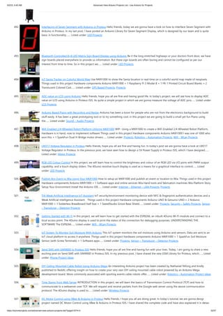 5/2/23, 9:45 AM Advanced View Arduino Projects List - Use Arduino for Projects
https://duino4projects.com/advanced-view-arduino-projects-list/?page31074=3 32/57
492. Interfacing of Seven Segment with Arduino in Proteus Hello friends, today we are gonna have a look on how to interface Seven Segment with
Arduino in Proteus. In my last post, I have posted an Arduino Library for Seven Segment Display, which is designed by our team and is quite
basic in functionality.…... Listed under: LED Projects
493. Bluetooth Controlled 8×8 LED Matrix Sign Board Display using Arduino Be it the long stretched highways or your doctors front door, we have
sign boards placed everywhere to provide us information. But these sign boards are often boring and cannot be configured as per our
interest from time to time. So in this project we…... Listed under: LED Projects
494. IoT Santa Tracker on Colorful World Map Use MKR1000 to show the Santa location in real-time on a colorful world map made of neopixels.
Things used in this project Hardware components Arduino MKR1000 × 1 Raspberry Pi 3 Model B × 1 FR-1 Printed Circuit Board Blanks × 2
Translucent Colored Cast…... Listed under: GPS Based Projects, Projects
495. ADC value on LCD using Arduino Hello friends, hope you all are fine and having good life. In today’s project, we will see how to display ADC
value on LCD using Arduino in Proteus ISIS. Its quite a simple project in which we are gonna measure the voltage of ADC pins…... Listed under:
LCD Projects
496. Arduino Based Piano with Recording and Replay Arduino has been a boon for people who are not from the electronics background to build
stuff easily. It has been a great prototyping tool or to try something cool, in this project we are going to build a small yet fun Piano using
the…... Listed under: Sound – Audio Projects
497. Wifi Enabled 2/4 Wheeled Robot Platform Utilizing MKR1000 WIP- Using a MKR1000 to create a WiFi Enabled 2/4 Wheeled Robot Platform,
Hardware is in hand, now to implement software Things used in this project Hardware components Arduino MKR1000 I was one of 1000 who
won this × 1 SparkFun Dual H-Bridge motor drivers…... Listed under: Projects, Robotics – Automation Projects, Wifi - WLan Projects
498. LM317 Voltage Regulator in Proteus Hello friends, hope you all are fine and having fun. In today’s post we are gonna have a look at LM317
Voltage Regulator in Proteus. In the previous post, we have seen how to design a 5V Power Supply in Proteus ISIS, which I have designed…...
Listed under: Motor Projects
499. RGB LED Colour Control In this project, we will learn how to control the brightness and colour of an RGB LED via I/O ports with PWM output
capability, and a touch display sliders. The 4Duino resistive touch display is used as a means for a graphical interface to control…... Listed
under: LED Projects
500. Publish Any Event to Wia Using Your MKR1000 How to setup an MKR1000 and publish an event or location to Wia. Things used in this project
Hardware components Arduino MKR1000 × 1 Software apps and online services Wia Hand tools and fabrication machines Wia Platform Story
Setup Your Environment Install the Arduino IDE…... Listed under: Internet – Ethernet – LAN Projects, Projects
501. TIA Weak Artificial Intelligence IoT Assistant IoT security/environment monitoring device with NFC & fingerprint authentication devices and a
Weak Artificial Intelligence Assistant. Things used in this project Hardware components Arduino UNO & Genuino UNO × 2 Arduino
MKR1000 × 1 Solderless Breadboard Half Size × 1 SeeedStudio Grove Base Shield…... Listed under: Projects, Security – Safety Projects, Sensor
– Transducer – Detector Projects
502. Getting Started with Wi-Fi In this project, we will learn how to get started with the ESP8266, an inbuilt 4Duino Wi-Fi module and connect to a
local access point. The 4Duino display is used to print the status of the connection for debugging purposes. UNDERSTANDING THE
SOFTWARE The ESP8266…... Listed under: Wifi - WLan Projects
503. IoT System To Monitor Soil Moisture With Arduino This IoT system monitors the soil moisture using Arduino and sensors. Data are sent to an
IoT cloud platform to access it anywhere. Things used in this project Hardware components Arduino MKR1000 × 1 SparkFun Soil Moisture
Sensor (with Screw Terminals) × 1 Software apps…... Listed under: Projects, Sensor – Transducer – Detector Projects
504. Send SMS with SIM900D in Proteus ISIS Hello friends, hope you all are fine and having fun with your lives. Today, I am going to share a new
exciting post on Send SMS with SIM900D in Proteus ISIS. In my previous post, I have shared the new GSM Library for Proteus, which…... Listed
under: Phone Project Ideas
505. DIY Ceiling Mounted Cable Robot Using Arduino Mega An interesting Arduino project has been created by Nathaniel Nifong and kindly
published to Reddit, offering insight on how to create your very own DIY ceiling mounted cable robot powered by an Arduino Mega
development board. More commonly associated with sporting events cable robots offer…... Listed under: Robotics – Automation Project Ideas
506. Time Stamp from Web Server INTRODUCTION In this project, we will learn the basics of Transmission Control Protocol (TCP) and how to
communicate to a webserver over TCP. We will request and receive packets from the Google web server using the above communication
protocol. The 4Duino display is used to…... Listed under: Wireless Projects
507. DC Motor Control using XBee & Arduino in Proteus Hello friends, I hope you all are doing great. In today’s tutorial, we are gonna design a
project named DC Motor Control using XBee & Arduino in Proteus ISIS. I have shared the complete code and have also explained it in detail.
 