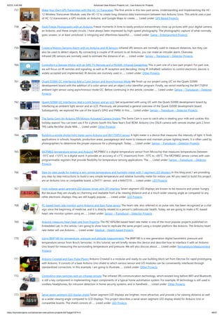 5/2/23, 9:46 AM Advanced View Arduino Projects List - Use Arduino for Projects
https://duino4projects.com/advanced-view-arduino-projects-list/?page31074=3 48/57
757. Make Your Own GPS Transmitter with the HC-12 Transceiver The first article in this two-part series, Understanding and Implementing the HC-
12 Wireless Transceiver Module, uses the HC-12 to create long-distance data transmission between two Arduino Unos. This article uses a pair
of HC-12 transceivers, a GPS module, an Arduino, and Google Maps to create…... Listed under: GPS Based Projects
758. Flash Freeze Photography with an Arduino Freeze moments in time to easily produce extraordinary close-up pictures with your digital camera,
an Arduino, and these simple circuits. I have always been impressed by high-speed photography. The photographic capture of what normally
goes unseen, or at least unnoticed, is intriguing and oftentimes beautiful.…... Listed under: Game – Entertainment Projects
759. Create a Motion-Sensing Alarm with an Arduino and IR Sensors Infrared (IR) sensors are normally used to measure distances, but they can
also be used to detect objects. By connecting a couple of IR sensors to an Arduino, you can make an intruder alarm. Overview
Infrared (IR) sensors are normally used to estimate the distance of an…... Listed under: Sensor – Transducer – Detector Projects
760. Controlling a Stepper Motor with an SIRC TV Remote and a PICAXE: Infrared Capabilities This is part one of a two-part project. For part one,
we will focus on IR remotes and signaling, as well as IR reception and decoding. Using IR (InfraRed) radiation to control electronic devices is
widely accepted and implemented. IR devices are routinely used in…... Listed under: Other Projects
761. Quark D2000 I2C Interfacing Add a Color Sensor and Asynchronous Mode We finish up our project using I2C on the Quark D2000
development board with the addition of a color sensor and an object color identifier program. Finally, we revisit interfacing the BH1750FVI
ambient light sensor using asynchronous mode I2C. Before continuing in this article, consider…... Listed under: Sensor – Transducer – Detector
Projects
762. Quark D2000 I2C Interfacing: Add a Light Sensor and an LCD Get acquainted with using I2C with the Quark D2000 development board by
interfacing an ambient light sensor and an LCD. Previously, we presented a general overview of the Quark D2000 development board.
Subsequently, we explored the use of the board’s GPIO and PWM. In this…... Listed under: Sensor – Transducer – Detector Projects
763. The Santa Cam! An Arduino PIR Motion-Activated Camera System The Santa Cam is sure to catch who is stealing your milk and cookies this
holiday season! You can even use it for a photo booth this New Year's Eve! BOM: Arduino Uno DSLR camera with remote shutter jack 2.5mm
TRS cable Rectifier diode Milk…... Listed under: Other Projects
764. Building a simple digital light meter using Arduino and BH1750FVI sensor A light meter is a device that measures the intensity of light. It finds
applications in schools, hospitals, production areas, passageways and more to measure and maintain proper lighting levels. It is often used by
photographers to determine the proper exposure for a photograph. Today…... Listed under: Sensor – Transducer – Detector Projects
765. MCP9802 temperature sensor and Arduino MCP9802 is a digital temperature sensor from Microchip that measures temperatures between
-55°C and +125°C to a digital word. It provides an accuracy of ±1°C (maximum) from -10°C to +85°C. The MCP9802 sensor comes with user-
programmable registers that provide flexibility for temperature sensing applications. The…... Listed under: Sensor – Transducer – Detector
Projects
766. Step-by-step guide for making a very simple temperature and humidity meter with 7-segment LED displays In this blog post, I am providing
you step by step instructions to build a very simple temperature and relative humidity meter for indoor use. All you need to build this project
are an Arduino Uno or compatible board, a DHT11 sensor, and a MAX7219…... Listed under: LED Projects
767. High-voltage seven segment LED display driver with SPI interface Seven segment LED displays are known to be resource and power hungry.
But because they are visually so charming and readable from a far viewing distance and at a much wider viewing angle as compared to any
other electronic displays, they are still hugely popular.…... Listed under: LCD Projects
768. PC-based heart rate monitor using Arduino and Easy Pulse sensor The heart rate, also referred to as pulse rate, has been recognized as a vital
sign since the beginning of medicine, and it is directly related to a person’s cadiovascular health. Today, we are going to make a PC-based
heart rate monitor system using an…... Listed under: Sensor – Transducer – Detector Projects
769. Arduino measures heart beat rate from fingertip The PIC16F628A based heart rate meter is one of the most popular projects published on
Embedded Lab. In this article, I am going to show how to replicate the same project using a simpler platform like Arduino. The Arduino heart
rate meter will use Arduino…... Listed under: Medical – Health based Projects
770. Using BMP180 for temperature, pressure and altitude measurements The BMP180 is a new generation digital barometric pressure and
temperature sensor from Bosch Sensortec. In this tutorial, we will briefly review this device and describe how to interface it with an Arduino
Uno board for measuring the surrounding temperature and pressure. We will also discuss about…... Listed under: Temperature Measurement
Projects
771. Arduino Crowtail and Easy Pulse Plugin Arduino Crowtail is a modular and ready-to-use building block set from Elecrow for rapid prototyping
with Arduino. It consists of a base Arduino Uno shield to which various sensor and I/O modules can be conveniently interfaced through
standardized connectors. In this example, I am going to illustrate…... Listed under: Other Projects
772. Controlling relay switches with an infrared remote The infrared (IR) communication technology, which existed long before WiFi and Bluetooth,
is still a key component in implementing major components of a typical home automation system. For example, IR technology is still used in
cordless headphones, for intrusion detection in home security systems, and in handheld…... Listed under: Other Projects
773. Serial seven segment LED display shield Seven segment LED displays are brighter, more attractive, and provide a far viewing distance as well
as a wider viewing angle compared to LCD displays. This project describes a serial seven segment LED display shield for Arduino Uno or
compatible boards. The shield consists of…... Listed under: LED Projects
 