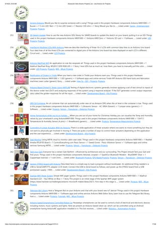6/19/23, 8:55 AM Advanced View Arduino Projects List - Use Arduino for Projects
https://duino4projects.com/advanced-view-arduino-projects-list/?page31074=3 17/58
252. Singing Arduino Would you like to surprise someone with a song? Things used in this project Hardware components Arduino MKR1000 × 1
Buzzer × 1 5 mm LED: Red × 1 5 mm LED: Green × 1 Resistor 330 ohm × 1 Story Would you like to…... Listed under: Game – Entertainment
Projects, Projects
253. SD Sketch Update How to use the new Arduino SDU library for SAMD boards to update the sketch on your board, putting it on an SD! Things
used in this project Hardware components Arduino MKR1000 × 1 Arduino MKR Zero × 1 Arduino SD card × 1 Software…... Listed under: LED
Projects, Projects
254. Interfacing Multiple LCDs With Arduino Here we describe interfacing of three 16×2 LCDs with common data lines to an Arduino Uno board.
Four data lines of all the three LCDs are connected to digital pins of the Arduino Uno board but data displayed on each LCD is different.
Circuit and…... Listed under: LCD Projects
255. Arduino NeoPixel Wifi An application to rule the neopixels all. Things used in this project Hardware components Arduino MKR1000 × 1
Adafruit NeoPixel Ring: WS2812 5050 RGB LED × 1 Story I love LEDs but as much as I love them, you have to manually pull the color…... Listed
under: LED Projects, Projects, Wifi - WLan Projects
256. Notification of Orders in Tindie When you have a new order in Tindie your Arduino warn you. Things used in this project Hardware
components Arduino MKR1000 × 1 LED (generic) × 1 Software apps and online services Tindie API Arduino IDE Hand tools and fabrication
machines Laser cutter (generic) Story…... Listed under: How To – DIY – Projects, Projects
257. Arduino Based Digital IC Tester Using MATLAB Testing of digital electronic systems generally involves applying a set of test stimuli to inputs of
the device-under-test (DUT) and analyzing responses of the system using a response analyzer. If the DUT generates correct output responses
(also called the golden response) for all the input…... Listed under: Development Board – Kits Projects
258. DRS Oil Container An oil container that can automatically order new oil via Amazon DRS when the oil level in the container is low. Things used
in this project Hardware components Arduino MKR1000 × 1 Ultrasonic Sensor - HC-SR04 (Generic) × 1 Jumper wires (generic) × 1
Software…... Listed under: Projects, Sensor – Transducer – Detector Projects
259. Home Temperature while you’re on holiday … When you are out of your home for Christmas Holiday you can visualize the Temp and Humidity
values by your smartwatch using ArduinoMKR1000. Things used in this project Hardware components Arduino MKR1000 × 1 DHT11
Temperature & Humidity Sensor (4 pins) × 1 Breadboard (generic)…... Listed under: Projects, Temperature Measurement Projects
260. Controlling A Linear Actuator With An Arduino There is a wide application of linear actuator where one wants to move something but they do
not want to physically get involved in moving it. There are quite a number of ways to control linear actuators depending on the application
and the user experience…... Listed under: Development Board – Kits Projects
261. Seat Monitor Using ARTIK cloud to monitor cabin seat state. Things used in this project Hardware components Arduino MKR1000 × 1 Realtek
Ameba RTL8195 Board × 1 ControlEverything.com Piezo Sensor × 1 Seeed Grove - Piezo Vibration Sensor × 1 Software apps and online
services Samsung ARTIK…... Listed under: Projects, Sensor – Transducer – Detector Projects
262. Tack your Gait! Everyone has a certain Gait-Rythtm! ..influenced by architecture and our surrounding. This Project should Tack your Gait and
find yours. Things used in this project Hardware components Velostat, Linqstat × 1 SparkFun Bluetooth Modem - BlueSMiRF Silver × 1
Coppertape (narrow) × 1 cork 2mm…... Listed under: Bluetooth Projects, GPS Based Projects, Projects, Sensor – Transducer – Detector Projects
263. Generic STM32 board with Arduino Described here is a simple way to load a program without bootloader. An additional thing needed is a
USB to Serial/UART/TTL adapter (3.3V level). Connect the USB to Serial board as follows, and power up the STM32 board from a USB
port/power supply. • RXD…... Listed under: Development Board – Kits Projects
264. Spartan WiFi Pager System Simple Wifi pager system. Things used in this project Hardware components Arduino MKR1000 × 1 Adafruit
Standard LCD - 16x2 White on Blue × 1 Story This project is an initial stage of the Spartan WIFI pager system
(https://www.hackster.io/challenges/arduino-microsoft-maker/ideas/2421). First step in this stage is…... Listed under: Projects, Wifi - WLan
Projects
265. Telegram Bot Library Host a Telegram Bot on your Arduino and chat with your brand new IoT device! Things used in this project Hardware
components Arduino MKR1000 × 1 Software apps and online services Arduino Web Editor Story Learn how to use the Telegram Bot library,
host a…... Listed under: Projects, Tutorials, Wifi - WLan Projects
266. Arduino based Smartphone Controlled Robot Car Nowadays smartphones can be used to control a host of electrical and electronic devices
including motors, music systems and lights. Here we present an Arduino based robot car, which can be controlled using an Android
smartphone having ArduinoRC application installed in it. This bot receives…... Listed under: Robotics – Automation Projects
 