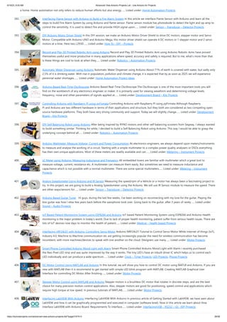 6/19/23, 8:55 AM Advanced View Arduino Projects List - Use Arduino for Projects
https://duino4projects.com/advanced-view-arduino-projects-list/?page31074=3 26/58
a home. Home automation not only refers to reduce human efforts but also energy…... Listed under: Home Automation Projects
392. Interfacing Flame Sensor with Arduino to Build a Fire Alarm System In this article we interface Flame Sensor with Arduino and learn all the
steps to build Fire Alarm System by using Arduino and flame sensor. Flame sensor module has photodiode to detect the light and op-amp to
control the sensitivity. It is used to detect fire and provide HIGH signal upon…... Listed under: Sensor – Transducer – Detector Projects
393. DIY Arduino Motor Driver Shield In this DIY session, we make an Arduino Motor Driver Shield to drive DC motors, stepper motor and Servo
Motor. Compatible with Arduino UNO and Arduino Mega, this motor driver shield can operate 4 DC motors or 1 stepper motor and 2 servo
motors at a time. Here two L293D…... Listed under: How To – DIY – Projects
394. Record and Play 3D Printed Robotic Arm using Arduino Record and Play 3D Printed Robotic Arm using Arduino Robotic Arms have proved
themselves useful and more productive in many applications where speed, accuracy and safety is required. But to me, what’s more than that
is these things are cool to look at when they…... Listed under: Robotics – Automation Projects
395. Automatic Water Dispenser using Arduino Automatic Water Dispenser using Arduino About 71% of earth is covered with water, but sadly only
2.5% of it is drinking water. With rise in population, pollution and climate change, it is expected that by as soon as 2025 we will experience
perennial water shortages.…... Listed under: Home Automation Project Ideas
396. Arduino Based Real-Time Oscilloscope Arduino Based Real-Time Oscilloscope The Oscilloscope is one of the most important tools you will
find on the workbench of any electronics engineer or maker. It is primarily used for viewing waveform and determining voltage levels,
frequency, noise and other parameters of signals applied at…... Listed under: Development Board – Kits Projects
397. Controlling Arduino with Raspberry Pi using pyFirmata Controlling Arduino with Raspberry Pi using pyFirmata Although Raspberry
Pi and Arduino are two different hardware in terms of their applications and structure, but they both are considered as two competing open
source hardware platforms. They both have very strong community and support. Today we will slightly change…... Listed under: Development
Board – Kits Projects
398. DIY Self Balancing Robot using Arduino After being inspired by RYNO motors and other self balancing scooters from Segway, I always wanted
to build something similar. Thinking for while, I decided to build a Self Balancing Robot using Arduino. This way I would be able to grasp the
underlying concept behind all…... Listed under: Robotics – Automation Projects
399. Arduino Wattmeter: Measure Voltage, Current and Power Consumption As electronics engineers, we always depend upon meters/instruments
to measure and analyse the working of a circuit. Starting with a simple multimeter to a complex power quality analysers or DSOs everything
has their own unique applications. Most of these meters are readily available and can…... Listed under: Metering – Instrument Projects
400. LC Meter using Arduino: Measuring Inductance and Frequency All embedded lovers are familiar with multimeter which a great tool to
measure voltage, current, resistance etc. A multimeter can measure them easily. But sometimes we need to measure inductance and
capacitance which is not possible with a normal multimeter. There are some special multimeters…... Listed under: Metering – Instrument
Projects
401. Analog Speedometer Using Arduino and IR Sensor Measuring the speed/rpm of a Vehicle or a motor has always been a fascinating project to
try. In this project, we are going to build a Analog Speedometer using the Arduino. We will use IR Sensor module to measure the speed. There
are other ways/sensors for…... Listed under: Sensor – Transducer – Detector Projects
402. Arduino Based Guitar Tuner Hi guys, during the last few weeks, I’ve been working on reconnecting with my love for the guitar. Playing the
box guitar was how I relax few years back before the saxophone took over. Going back to the guitar, after 3 years of rarely…... Listed under:
Sound – Audio Projects
403. IoT Based Patient Monitoring System using ESP8266 and Arduino IoT based Patient Monitoring System using ESP8266 and Arduino Health
monitoring is the major problem in today’s world. Due to lack of proper health monitoring, patient suffer from serious health issues. There are
lots of IoT devices now days to monitor the health of patient…... Listed under: Medical – Health based Projects
404. Interfacing nRF24L01 with Arduino: Controlling Servo Motor Arduino NRF24L01 Tutorial to Control Servo Motor While Internet of things (IoT),
Industry 4.0, Machine to Machine communication etc are getting increasingly popular the need for wireless communication has become
incumbent, with more machines/devices to speak with one another on the cloud. Designers use many…... Listed under: Motor Projects
405. Smart Phone Controlled Arduino Mood Light with Alarm Smart Phone Controlled Arduino Mood Light with Alarm I recently purchased
the Neo Pixel LED strip and was quite impressed by the way it works. The tiny LED’s have an inbuilt driver IC which helps us to control each
LED individually and can produce a wide spectrum…... Listed under: Clock – Timer Projects, LED Projects, Phone Projects
406. DC Motor Control Using MATLAB and Arduino In this tutorial, we will show you how to control DC motor using MATLB and Arduino. If you are
new with MATLAB then it is recommend to get started with simple LED blink program with MATLAB. Creating MATLAB Graphical User
Interface for controlling DC Motor After finishing…... Listed under: Motor Projects
407. Stepper Motor Control using MATLAB and Arduino Stepper motors is a brushless DC motor that rotates in discrete steps, and are the best
choice for many precision motion control applications. Also, stepper motors are good for positioning, speed control and applications which
require high torque at low speed. In previous tutorials of MATLAB,…... Listed under: Motor Projects
408. Interfacing LabVIEW With Arduino Interfacing LabVIEW With Arduino In previous article of Getting Started with LabVIEW, we have seen about
LabVIEW and how it can be graphically programmed and executed in computer (software level). Now in this article we learn about How to
Interface LabVIEW with Arduino Board. Requirements To interface…... Listed under: Interfacing(USB – RS232 – I2c -ISP) Projects
 