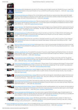 6/19/23, 8:55 AM Advanced View Arduino Projects List - Use Arduino for Projects
https://duino4projects.com/advanced-view-arduino-projects-list/?page31074=3 45/58
704. AVR VideoBlaster More VideoBlasting So why didn't the TV out library reach any higher resolution than 160x100? The answer is simple. They
did not use any hardware on chip to push the pixels out. If you use the SPI to push the pixel you will gain an…... Listed under: Video – Camera
– Imaging Projects
705. POV Cylinder with Arduino Due Introduction This is my first Arduino project. My work was inspired by several maker projects that created
Persistence of Vision Displays [2,3,4]. Persistence of vision (POV) refers to the optical illusion whereby multiple discrete images blend into a
single image in the human mind and believed to be…... Listed under: LED Projects
706. Programming the ATtiny85 (Using an Arduino Uno) Today, we are going to build a circuit to program an ATtiny85 with our Arduino. Supplies
We are going to need the following: Some jumper wires 1 x 10 micro farad capacitor The ATtiny85 Chip A breadboard An Arduino For Extra
visual's (that are not…... Listed under: Arduino Programmer Projects
707. OLED on the Cheap! I like cheap electronics for playing. Cheap is good for budget conscious hobbyists and China is delivering lots of toys for
playing - one being the inexpensive "mono" OLED displays. The single-color displays often come in a dual-color implementation where the
top row of pixels…... Listed under: LED Projects
708. 3D-Printed Prank Vibrating Cup Picture the following: you have an nice white cup in front of you. It's filled to the brim with sparkling, cool,
and refreshing H20. Your fingers curl around the nicely curved handle, and you bring the cup to your lips. Suddenly, a strong vibration
assaults…... Listed under: Game – Entertainment Projects
709. 3D-Printed RGB Wallet Stand out from the crowd with this unabashedly ostentatious excuse for a wallet. It's got plenty of space, RGB lights,
and you can even put your name on it for added vanity. Interested? Keep reading! In the files section of this build you can find…... Listed
under: LED Projects
710. The Annoy-O-Bug: A Chirping Light-Up Throwie Small enough to slip in a mint tin, yet loud enough to be heard across a house at only a few
dollars per unit. A nice combination for a pretty good prank! Let's dive in! Step One: The Circuit You can purchase the printed circuit…... Listed
under: LED Projects
711. nRF24L01+ with ATtiny85 3 Pins This would be the continuation of my previous project Programming ATtiny85 with Arduino Uno. Now with
cheaper ATtiny85 in place I was looking for cheaper ways to transmit the sensor data. Which brought me to nRF24L01+ a cheap, low power
RF transceiver. This seemed to…... Listed under: Other Projects
712. A Strange Attraction. Various Hall Effect Sensors I came pretty close to calling this one “Magnets, How do they work?” But I thought that
might confuse more than it would amuse. All jokes aside, hall effect sensors are pretty cool, and also pretty simple to use, but there are a few
types…... Listed under: Sensor – Transducer – Detector Projects
713. Simple Temperature With Thermistor + Arduino A Thermistor is a thermal-resistor. It’s just a simple device that changes it’s resistance based
on temperature. If the LRD/Photoresistor is day of of arduino class. The thermistor should be day 1.01. (Can I do that?). If you need precise
temperature readings, this is not…... Listed under: Temperature Measurement Projects
714. Use The EasyDriver Stepper Motor Driver + Arduino Stepper (or step) motors are really cool. They are perfect for automation or any time you
need a motor to turn to a specific point, at a specific speed, in a specific direction. For this article I wont get into why, or how, but unlike…...
Listed under: Motor Projects
715. Do You Have The Time? DS1307 RT Clock + Arduino Most microcontrollers are time-agnostic, meaning they are unaware of the time around
them, but that’s ok as most things we make have no need for it. But… every once in awhile you come up with an idea that requires knowing
the actual time. Mostly this…... Listed under: Clock – Timer Projects
716. How to Get Started with the ESP32 ESP32 is the hottest new wireless chip out there, offering both WiFi and Bluetooth Low Energy radios
rolled up with a dual-core 32-bit processor and packed with peripherals of every kind. We got some review sample dev boards, Adafruit and
Seeed Studio had them in…... Listed under: Wifi - WLan Projects
717. Are we getting close? Proximity Sensors + Arduino In past tutorials, we have covered temperature, color, time, direction, but never distance or
proximity. I think I strayed away from this because most of the lower cost proximity sensors are pretty drop-dead-simple to use and thought
it might not be that useful. But the…... Listed under: Sensor – Transducer – Detector Projects
718. Arduino: Individually Control Shift Register Pins If you want an article on general 74hc595 shift register usage with detailed explanition on
how it works/what it’s doing, you want this article here: http://bildr.org/2011/02/74hc595/ The following code and library are compatible with
arduino software 1.0+ ONLY. You can download the newest version of…... Listed under: Other Projects
719. Polar Heart Rate Monitor Interface + Arduino The following code and library are compatible with arduino software 1.0+ ONLY. You can
download the newest version of the arduino software here. When you start to talk about biometrics in electronics, heart-rate is usually the
first thing to come up. And why not? I…... Listed under: LED Projects
720. Quickly: KS0108B Graphic LCD 128×64 + Arduino This is an incredibly quick post, and it is actually here simply because this thing was a pain to figure out how
to hook it up. But, I wasn’t able to do anything with it more than the Arduino library was able to do out…... Listed under: LCD Projects
 