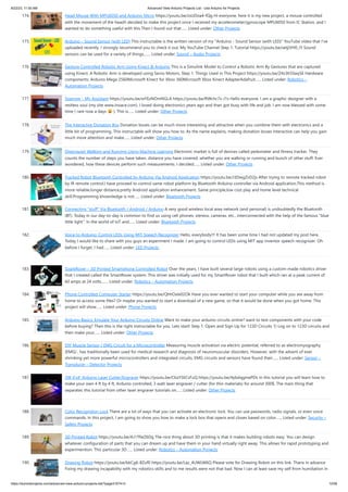 8/22/23, 11:50 AM Advanced View Arduino Projects List - Use Arduino for Projects
https://duino4projects.com/advanced-view-arduino-projects-list/?page31074=3 12/58
174. Head Mouse With MPU6050 and Arduino Micro https://youtu.be/zsUDoa4-fQg Hi everyone, here it is my new project, a mouse controlled
with the movement of the head!I decided to make this project once I received my accelerometer/gyroscope MPU6050 from IC Station, and I
wanted to do something useful with this.Then I found out that…... Listed under: Other Projects
175. Arduino – Sound Sensor (with LED) This instructable is the written version of my "Arduino - Sound Sensor (with LED)" YouTube video that I've
uploaded recently. I strongly recommend you to check it out. My YouTube Channel Step 1: Tutorial https://youtu.be/setjiVH0_IY Sound
sensors can be used for a variety of things,…... Listed under: Sound – Audio Projects
176. Gesture Controlled Robotic Arm Using Kinect & Arduino This is a Simulink Model to Control a Robotic Arm By Gestures that are captured
using Kinect. A Robotic Arm is developed using Servo Motors. Step 1: Things Used in This Project https://youtu.be/Z4z3K5SwySE Hardware
components: Arduino Mega 2560Microsoft Kinect for Xbox 360Microsoft Xbox Kinect AdapterAdafruit…... Listed under: Robotics –
Automation Projects
177. Sparrow – My Assistant https://youtu.be/wYEzNOmNGLA https://youtu.be/RWchc7x-J1s Hello everyone. I am a graphic designer with a
restless soul (my site www.inoace.com). I loved doing electronics years ago and than got busy with life and job. I am now blessed with some
time ( rare now a days ). This is…... Listed under: Other Projects
178. The Interactive Donation Box Donation boxes can be much more interesting and attractive when you combine them with electronics and a
little bit of programming. This instructable will show you how to. As the name explains, making donation boxes interactive can help you gain
much more attention and make…... Listed under: Other Projects
179. Distinguish Walking and Running Using Machine Learning Electronic market is full of devices called pedometer and fitness tracker. They
counts the number of steps you have taken, distance you have covered, whether you are walking or running and bunch of other stuff. Ever
wondered, how these devices perform such measurements. I decided…... Listed under: Other Projects
180. Tracked Robot Bluetooth Controlled by Arduino Via Android Application https://youtu.be/J3DwgZvD2js After trying to remote tracked robot
by IR remote control.I have proceed to control same robot platform by Bluetooth Arduino controller via Android application.This method is
more reliable,longer distance,pretty Android application enhancement. Same principle,low cost play and home level technical
skill.Programming khownledge is not…... Listed under: Bluetooth Projects
181. Connecting “stuff” Via Bluetooth / Android / Arduino A very good wireless local area network (and personal) is undoubtedly the Bluetooth
(BT). Today in our day-to-day is common to find us using cell phones, stereos, cameras, etc., interconnected with the help of the famous "blue
little light”. In the world of IoT and…... Listed under: Bluetooth Projects
182. Voice to Arduino: Control LEDs Using MIT Speech Recognizer Hello, everybody!!! It has been some time I had not updated my post here.
Today I would like to share with you guys an experiment I made. I am going to control LEDs using MIT app inventor speech recognizer. Oh
before I forget, I had…... Listed under: LED Projects
183. SparkRover – 3D Printed Smartphone Controlled Robot Over the years, I have built several large robots using a custom-made robotics driver
that I created called the SmartRover system. This driver was initially used for my SmartRover robot that I built which ran at a peak current of
60 amps at 24 volts.…... Listed under: Robotics – Automation Projects
184. Phone Controlled Computer Starter https://youtu.be/QhhOxIe02Ok Have you ever wanted to start your computer while you are away from
home to access some files? Or maybe you wanted to start a download of a new game, so that it would be done when you got home. This
project will show…... Listed under: Phone Projects
185. Arduino Basics: Emulate Your Arduino Circuits Online Want to make your arduino circuits online? want to test components with your code
before buying? Then this is the right instructable for you. Lets start! Step 1: Open and Sign Up for 123D Circuits 1) Log on to 123D circuits and
then make your…... Listed under: Other Projects
186. DIY Muscle Sensor / EMG Circuit for a Microcontroller Measuring muscle activation via electric potential, referred to as electromyography
(EMG) , has traditionally been used for medical research and diagnosis of neuromuscular disorders. However, with the advent of ever
shrinking yet more powerful microcontrollers and integrated circuits, EMG circuits and sensors have found their…... Listed under: Sensor –
Transducer – Detector Projects
187. 3W 4’x4′ Arduino Laser Cutter/Engraver https://youtu.be/CbzY5ECsFuQ https://youtu.be/4ybdqgmePDs In this tutorial you will learn how to
make your own 4 ft by 4 ft, Arduino controlled, 3 watt laser engraver / cutter (for thin materials) for around 300$. The main thing that
separates this tutorial from other laser engraver tutorials on…... Listed under: Other Projects
188. Color Recognition Lock There are a lot of ways that you can activate an electronic lock. You can use passwords, radio signals, or even voice
commands. In this project, I am going to show you how to make a lock box that opens and closes based on color…... Listed under: Security –
Safety Projects
189. 3D Printed Robot https://youtu.be/AJ1TfieZ6Dg The nice thing about 3D printing is that it makes building robots easy. You can design
whatever configuration of parts that you can dream up and have them in your hand virtually right away. This allows for rapid prototyping and
experimention. This particular 3D…... Listed under: Robotics – Automation Projects
190. Drawing Robot https://youtu.be/bkCg6-8Zuf0 https://youtu.be/Laz_4UWLW6Q Please vote for Drawing Robot on this link. Thanx in advance
Fixing my drawing incapability with my robotics skills and to me results were not that bad. Now I can at least save my self from humiliation in
 