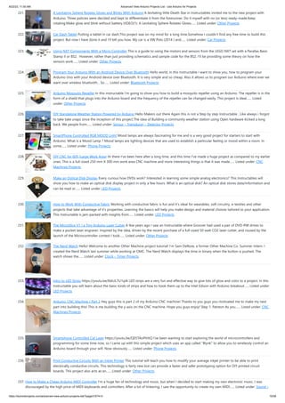 8/22/23, 11:50 AM Advanced View Arduino Projects List - Use Arduino for Projects
https://duino4projects.com/advanced-view-arduino-projects-list/?page31074=3 15/58
221. A Levitating Sphere Rotates Glows and Blinks With Arduino A levitating little Death Star in Instructables invited me to the new project with
Arduino. Three policies were decided and kept to differentiate it from the forerunner. Do it myself with no (or less) ready-made.Keep
rotating.Make glow and blink without battery.VIDEO(1): A Levitating Sphere Rotates Glows…... Listed under: Other Projects
222. Car Dash Tablet Putting a tablet in car dash.This project was on my mind for a long time.Somehow I couldn’t find any free time to build this
project. But now I have done it and I’ll tell you how. My car is a VW Polo (2014 ) and…... Listed under: Car Projects
223. Using NXT Components With a Micro Controller This is a guide to using the motors and sensors from the LEGO NXT set with a Parallax Basic
Stamp II or BS2. However, rather than just providing schematics and sample code for the BS2, I'll be providing some theory on how the
sensors work…... Listed under: Other Projects
224. Program Your Arduino With an Android Device Over Bluetooth Hello world, in this Instructable I want to show you, how to program your
Arduino Uno with your Android device over Bluetooth. It is very simple and so cheap. Also it allows us to program our Arduino where ever we
want over wireless bluetooth... So…... Listed under: Bluetooth Projects
225. Arduino Mosquito Repeller In this instructable I'm going to show you how to build a mosquito repeller using an Arduino. The repeller is in the
form of a shield that plugs into the Arduino board and the frequency of the repeller can be changed easily. This project is ideal…... Listed
under: Other Projects
226. DIY Standalone Weather Station Powered by Arduino Hello Makers out there Again this is not a Step by step Instructable . Like always i forgot
to take take snaps since the inception of this project.The idea of Building a community weather station using Open hardware Kicked a long
back. We people from…... Listed under: Sensor – Transducer – Detector Projects
227. SmartPhone Controlled RGB MOOD Light Mood lamps are always fascinating for me and is a very good project for starters to start with
Arduino. What is a Mood Lamp ? Mood lamps are lighting devices that are used to establish a particular feeling or mood within a room. In
some…... Listed under: Phone Projects
228. DIY CNC for 60$ (Large Work Area) Hi there I've been here after a long time, and this time I've made a huge project as compared to my earlier
ones. This is a full-sized 250 mm X 300 mm work area CNC machine and more interesting things is that it was made…... Listed under: CNC
Machines Projects
229. Make an Optical Disk Display Every curious how DVDs work? Interested in learning some simple analog electronics? This Instructables will
show you how to make an optical disk display project in only a few hours. What is an optical disk? An optical disk stores data/information and
can be read or…... Listed under: LED Projects
230. How to Work With Conductive Fabric Working with conductive fabric is fun and it's ideal for wearables, soft circuitry, e-textiles and other
projects that take advantage of it's properties. Learning the basics will help you make design and material choices tailored to your application.
This Instructable is jam-packed with insights from…... Listed under: LED Projects
231. The MicroSlice V1 | a Tiny Arduino Laser Cutter A few years ago I saw an Instructable where Groover had used a pair of DVD-RW drives to
make a pocket laser engraver. Inspired by the idea, driven by the recent purchase of a full-sized 50 watt CO2 laser cutter, and roused by the
launch of the Microcontroller contest I took…... Listed under: Other Projects
232. The Nerd Watch Hello! Welcome to another Other Machine project tutorial! I'm Sam DeRose, a former Other Machine Co. Summer Intern. I
created the Nerd Watch last summer while working at OMC. The Nerd Watch displays the time in binary when the button is pushed. The
watch shows the…... Listed under: Clock – Timer Projects
233. Intro to LED Strips https://youtu.be/IbkUL7U1qIA LED strips are a very fun and effective way to give lots of glow and color to a project. In this
Instructable you will learn about the basic kinds of strips and how to hook them up to the Intel Edison with Arduino breakout…... Listed under:
LED Projects
234. Arduino: CNC Machine / Part 2 Hey guys this is part 2 of my Arduino CNC machine! Thanks to you guys you motivated me to make my next
part into building this! This is me building the y-axis on the CNC machine. Hope you guys enjoy! Step 1: Patreon As you…... Listed under: CNC
Machines Projects
235. Smartphone Controlled Cat Laser https://youtu.be/Q05TAoPIHtQ I've been wanting to start exploring the world of microcontrollers and
programming for some time now, so I came up with this simple project which uses an app called "Blynk" to allow you to wirelessly control an
Arduino board through your wifi. Now obviously…... Listed under: Phone Projects
236. Print Conductive Circuits With an Inkjet Printer This tutorial will teach you how to modify your average inkjet printer to be able to print
electrically conductive circuits. This technology is fairly new but can provide a faster and safer prototyping option for DIY printed circuit
boards. This project also acts as an…... Listed under: Other Projects
237. How to Make a Cheap Arduino MIDI Controller I'm a huge fan of technology and music, but when I decided to start making my own electronic music, I was
discouraged by the high price of MIDI keyboards and controllers. After a lot of tinkering, I saw the opportunity to create my own MIDI…... Listed under: Sound –
 