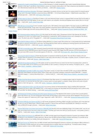 8/22/23, 11:50 AM Advanced View Arduino Projects List - Use Arduino for Projects
https://duino4projects.com/advanced-view-arduino-projects-list/?page31074=3 43/58
668. Assistance for Visually Impaired featuring 4Duino-24 Blind Assistance is a project designed to help visually impaired people detecting
obstacles in their way. It uses 4Duino, three ultrasonic sensors, one vibration motor and an LED. These components are attached to a walking
stick. Blind Assistance alarms the user if there’s an obstacle…... Listed under: Wireless Projects
669. MKR1000 Surprise Room Decoration This project is dedicated to my parents, but you can also use it for surprise events for someone special.
Things used in this project Hardware components Arduino MKR1000 × 1 5V 4 Channel Relay Module × 1 Male/Female Jumper Wires × 12
Software apps and…... Listed under: LED Projects, Other Projects
670. DJ Mixer featuring 4Duino-24 The 4Duino DJ Mixer is a fun and interactive project similar to a keyboard MIDI Controller that has the ability to
play sample beats and songs. Before, DJ and music artist needs to use computers, recording and playback devices before they can mix and
play…... Listed under: Sound – Audio Project Ideas
671. MKR1000 Servo Control Panel A servo controller using the built-in WiFi abilities of the Arduino MKR1k. The panel consists of a MKR1k web
listener and Javascript/ajax. Things used in this project Hardware components Arduino MKR1000 Servos (Tower Pro MG996R) Breadboard
(generic) Software apps and online services Arduino IDE Story…... Listed under: Arduino Programmer Projects, Development Board – Kits
Projects, Projects
672. WiFi Temperature Sensor featuring 4Duino-24 In this project we will quickly create a ‘temperature monitor’ that measures the ambient
temperature of a room or an outdoor space. The temperature is measured by TMP35 temperature sensor and is displayed on the 4Duino
screen. The data is also sent to Thingspeak IoT…... Listed under: Temperature Measurement Project Ideas
673. Voting Machine featuring 4Duino-24 The 4Duino Polling Machine is an inquiry project that involves two or more people and has implemented
the ability to send and receive data on both ends. The Polling Machine Project works by sending and receiving Questions and Answers (from
the Choices) in the form…... Listed under: Security – Safety Projects
674. MKR1000 Universal Remonster! WiFi connected universal remote with smart phone webapp. Things used in this project Hardware
components Arduino MKR1000 Arduino Nano R3 General Purpose Transistor NPN Triggers the PNP transistors of IR LED array Resistor 1k
ohm pulls down NPN transistor IR transmitter (generic) IR LEDs. Get…... Listed under: LED Projects, Wifi - WLan Projects, Wireless Projects
675. Home Security featuring 4Duino-24 Home Security project is a password oriented security device. This uses 4Duino display as the user
interface where the password can be entered. 4Duino is also used as the host device in this project. It handles a buzzer, an ultrasonic sensor, a
uCAM-II and a…... Listed under: Security – Safety Project Ideas
676. Stock Monitoring featuring 4Duino-24 In this project, we will use several IR sensors to check if an item from an inventory box is present or
not. This project makes use of a 4Duino-24 to check whether an item is present or missing from the inventory. The 4Duino uses its…... Listed
under: Sensor – Transducer – Detector Projects
677. MKR1000 Robot Controlled Via WiFi Using Arduino This project consists of a small robot controlled via WiFi using an Arduino MKR1000,
MKR2UNO Shield Adapter and Arduino Motor Shield! Things used in this project Hardware components Arduino MKR1000 × 1 Arduino
MKR2UNO Adapter × 1 Arduino MotorShield Rev3 × 1 Arduino Small DC…... Listed under: Battery Projects, Robotics – Automation Project
Ideas
678. Wireless Pulse Rate Monitor featuring 4Duino-24 The Wireless Pulse-Rate monitor is a conceptual project made for hospitals and clinics, its
main function is to minimise the time that nurses or doctors need to visit each patient in a hospital. Usually, Doctors and nurses visit each
patient to check vital signs, by…... Listed under: Sensor – Transducer – Detector Project Ideas
679. Arduino based Vehicle Tracker using GPS and GSM In our previous article, we have learned about “How to interface GPS module with
Computer and How to make a GPS updated Clock”. In this project we are going one step ahead with GPS and going to track a vehicle using
GPS and GSM. This Vehicle Tracking…... Listed under: Arduino LCD Project Ideas
680. Temperature and Humidity monitoring with DHT22 sensor Arduino Uno R3 The objective of this tutorial is to learn how to use the DHT22
sensor with Arduino uno. The room temperature and humidity will be printed to serial monitor and also will be displayed to the LCD 4×20 in
Proteus ISIS. [caption id="attachment_28379" align="aligncenter" width="300"] DHT22…... Listed under: Temperature Measurement Projects
681. Controlling RGB LED using Arduino and Wi-Fi In last tutorial, we explained controlling a Robot using Wi-Fi and Arduino, and in this article we
are with our next IOT Based Project- RGB LED Flasher using Wi-Fi. Here we have used Arduino and ESP8266 Wi-Fi Module to control the
colors of RGB LED, through a Android…... Listed under: Phone Project Ideas
682. Password Based Door Lock System Using Arduino SIMULINO UNO Security is the main challenging things in this modern world . Any one can
enter your private home at any time to stole your property . To protect your home from thief you must be secured . In this project a motor is
fitted to…... Listed under: Security – Safety Project Ideas
683. Getting Started with Arduino Due ARDUINO DUE is an ARM controller based board designed for electronic Engineers and Hobbyists. ARM
architecture is very influential in modern electronics. We are using the ARM architecture based controllers everywhere. For example we are
using ARM controllers in our mobiles, iPods and computers etc. …... Listed under: Arduino LED Project Ideas
684. PWM with Arduino Due Arduino Due is an ARM controller based board designed for electronic engineers and hobbyists. ARM architecture is
very influential in modern electronics, we use them everywhere like our mobiles, iPods and computers etc. If someone wants to design
industrial systems it must on ARM controllers.…... Listed under: Arduino LED Project Ideas
 