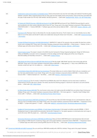 11/17/23, 10:09 AM Advanced View Arduino Projects List - Use Arduino for Projects
https://duino4projects.com/advanced-view-arduino-projects-list/?page31074=3 33/70
425. Implementing serial communication in embedded systems Serial communication was once the most widely used method of transferring data
between computers. Many computing devices that you have used over time employ serial communication. Some of the terms associated with
this type of data transfer are FTDI chip, COM interface, the RS232 protocol,…... Listed under: Interfacing(USB – RS232 – I2c -ISP) Project Ideas
426. IoT Node with STM32F4 Discovery, MKR1000 and Azure IoT Hub With MKR1000 and Azure IoT Hub, STM32F4 Discovery Board is used to
send acceleration and other random telemetry data to Azure IoT Hub. Things used in this project Hardware components STMicroelectronics
STM32F407G-DISC1 × 1 Arduino MKR1000 × 1 Software apps and online services AdaCore GNAT…... Listed under: Internet – Ethernet – LAN
Projects
427. Dual sharing RTC Necessity I have an old window AC at my lab, situated at the terrace. The AC needs to be run intermittently more so often
when I’m out of the station and the lab PC needs to be cooled down during the intense noon time when…... Listed under: Development Board
– Kits Projects
428. Simulate GPS/Read Photoresistor with MKR1000/ADAFRUIT "ADAFRUIT IO" makes IoT for everyone. Here we publish the data from a photo-
resistor and a simulated GPS. Things used in this project Hardware components Arduino MKR1000 × 1 Photo resistor × 1 Resistor 1k ohm × 1
Software apps and online services Arduino IDE…... Listed under: GPS Based Projects, Internet – Ethernet – LAN Projects
429. Smart Irrigation System This project is based on the AEIOU heuristic framework of Design Engineering Approach. Design for Performance,
Safety and Reliability is ensured in terms of segregation of the low voltage and the high voltage parts of the circuit. Design for
Manufacturability and Assembly is ensured in…... Listed under: Irrigation Projects
430. Hello World with Arduino/Genuino MKR1000: Relay Board and AP Not the simple "Hello World" app but a semi-serious play with the
MKR1000. Things used in this project Hardware components Arduino MKR1000 × 1 Relay (generic) × 1 Story I won a MKR1000 at the
Hackster contest and I got it on my mailbox so…... Listed under: Other Projects
431. Control MeArm Robot With MKR1000 And Your Smartphone This project allows you to control a MeArm Robot with your smartphone, as if
you had many potentiometers in your hands. Things used in this project Hardware components Arduino MKR1000 × 1 Arduino UNO &
Genuino UNO × 1 Adafruit Standard LCD - 16x2 White…... Listed under: Robotics – Automation Projects
432. Tiny Wi-Fi Switch for $3 Out of curiosity, I ordered the tiny ESP8266 relay switch from aliexpress.com but never knew it could be so
embarrassing to find the right way to operate. The vendor said that the switching program is inbuilt and I only have to use some android
phone…... Listed under: Wifi - WLan Projects
433. IoT Wine-Tender-Arduino MKR1000! This circuit serves a wine using a mini water pump all controlled from your phone. Enjoy it during your
holidays! Things used in this project Hardware components Arduino MKR1000 × 1 DC motor (generic) × 1 SparkFun Dual H-Bridge motor
drivers L298 × 1 Software…... Listed under: CNC Machines Projects, Motor Projects
434. Monitor fridge with Arduino MKR1000 and thethings.iO To assure that your beer (and other) beverages are at a cool temperature, today we
show you how to remotely monitor your fridge! Things used in this project Hardware components Arduino MKR1000 × 1 Temperature sensor
DS18B20 × 1 Jumper wires (generic) × 3 Hand…... Listed under: Metering – Instrument Projects, Temperature Measurement Projects
435. Smallest IoT Home Automation using ESP8266 – 01 with Videos (Hindi & English) In this project, we will be using the ESP8266 – 01 Wi-Fi
Development board to make asmall home automation that has Wi-Fi featured in it. The system operates on a local web server and is easy to
use for the novice. With this project, we…... Listed under: Home Automation Projects
436. Temperature Monitoring with Arduino MKR1000 and ARTIK Cloud Setup an Arduino MKR1000 board to read temperature data and send
those readings to ARTIK Cloud for monitoring. Things used in this project Hardware components Arduino MKR1000 × 1 Temperature Sensor
× 1 Software apps and online services Samsung ARTIK Cloud for IoT Story This…... Listed under: Temperature Measurement Projects
437. Control your MKR1000 with aREST Framework You can control your MKR1000 remotely with a RESTFUL interface. Things used in this project Hardware
components Arduino MKR1000 × 1 LED (generic) × 2 Resistor 220 ohm × 2 Jumper wires (generic) × 5 Software apps and online services Arduino IDE Story It
would…... Listed under: LED Projects
This website uses cookies to improve your experience. We'll assume you're ok with this, but you can opt-out if you wish. Check Privacy Policy
ACCEPT
 