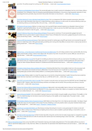 4/1/24, 9:17 AM Advanced View Arduino Projects List - Use Arduino for Projects
https://duino4projects.com/advanced-view-arduino-projects-list/?page31074=3 20/58
up to 45m. This will be enough for my living room You'll also…... Listed under: Home Automation Projects
301. Lie Detector and Biofeedback Arduino Based This tutorial will explain how to build a machine for biofeedback. But first a bit of theory. What is
biofeedback? [Font: Wikipedia | https://en.wikipedia.org/wiki/Biofeedback] Biofeedback is the process of gaining greater awareness of many
physiological functions primarily using instruments that provide information on the activity of…... Listed under: Other Projects
302. The Dream Machine Or, How to Be More Awake While You Sleep This is an inexpensive, DIY, Arduino-powered oneironautics device that
allows users to alert themselves when they are in a deep dreamstate, without waking up. In other words, this machine will tell you when you
are dreaming, while you are dreaming. Why is this such a big…... Listed under: Other Projects
303. DIY Arduino 3D Laser Scanner FabScan is an open-source, do-it-yourself 3D laser scanner.It started out as a Bachelor's thesis by Francis
Engelmann, supervised by René Bohne. You can find official project here. I made my own box from MDF hood sheets and use different
hardware parts.I decided to make this guide…... Listed under: Other Projects
304. Control TV With Any Phone (Even Phones Without IR Blaster) Do you want to control your TV and several other gadgets that are IR
controlled? Ya but my phone doesn't support it because it doesn't have an IR blaster.Don't worry here a gadget that gives IR control to any
phone and the thing it needs…... Listed under: Phone Projects
305. Course on MIT App Inventor and Arduino I have made many tutorials for creating apps using MIT app inventor and connected the app with
arduino to make things work, I often get email stating something went missing when they follow my tutorial, Here's a step by step tutorial on
getting started with…... Listed under: Motor Projects
306. Use the Force… or Your Brainwaves? (multifuctional Thought Controlled System) As a kid I always wanted to have a special ability, like moving
objects with thoughts or flying. I tried to move objects with “the power of my mind” of course with no success. Well, yes, I was and I am a
huge Star Wars…... Listed under: Home Automation Projects
307. Arduino Bluetooth Basic Tutorial Ever thought of controlling any electronic devices with your smart phone ?Controlling your robot or any
other devices with your smartphone will be really cool. Here is is a simple and basic tutorial for interfacing Bluetooth with arduino Step 1:
Things You Need Hardware Bluetooth Module HC 05/06ArduinoLED220Ω ResistorAndroid device…... Listed under: Bluetooth Projects
308. A Levitating Sphere Rotates Glows and Blinks With Arduino A levitating little Death Star in Instructables invited me to the new project with
Arduino. Three policies were decided and kept to differentiate it from the forerunner. Do it myself with no (or less) ready-made.Keep
rotating.Make glow and blink without battery.VIDEO(1): A Levitating Sphere Rotates Glows…... Listed under: Other Projects
309. Car Dash Tablet Putting a tablet in car dash.This project was on my mind for a long time.Somehow I couldn’t find any free time to build this
project. But now I have done it and I’ll tell you how. My car is a VW Polo (2014 ) and…... Listed under: Car Projects
310. Using NXT Components With a Micro Controller This is a guide to using the motors and sensors from the LEGO NXT set with a Parallax Basic
Stamp II or BS2. However, rather than just providing schematics and sample code for the BS2, I'll be providing some theory on how the
sensors work…... Listed under: Other Projects
311. Program Your Arduino With an Android Device Over Bluetooth Hello world, in this Instructable I want to show you, how to program your
Arduino Uno with your Android device over Bluetooth. It is very simple and so cheap. Also it allows us to program our Arduino where ever we
want over wireless bluetooth... So…... Listed under: Bluetooth Projects
312. Arduino Mosquito Repeller In this instructable I'm going to show you how to build a mosquito repeller using an Arduino. The repeller is in the
form of a shield that plugs into the Arduino board and the frequency of the repeller can be changed easily. This project is ideal…... Listed
under: Other Projects
313. DIY Standalone Weather Station Powered by Arduino Hello Makers out there Again this is not a Step by step Instructable . Like always i forgot
to take take snaps since the inception of this project.The idea of Building a community weather station using Open hardware Kicked a long
back. We people from…... Listed under: Sensor – Transducer – Detector Projects
314. SmartPhone Controlled RGB MOOD Light Mood lamps are always fascinating for me and is a very good project for starters to start with
Arduino. What is a Mood Lamp ? Mood lamps are lighting devices that are used to establish a particular feeling or mood within a room. In
some…... Listed under: Phone Projects
315. DIY CNC for 60$ (Large Work Area) Hi there I've been here after a long time, and this time I've made a huge project as compared to my earlier
ones. This is a full-sized 250 mm X 300 mm work area CNC machine and more interesting things is that it was made…... Listed under: CNC
Machines Projects
316. Make an Optical Disk Display Every curious how DVDs work? Interested in learning some simple analog electronics? This Instructables will show you how to
make an optical disk display project in only a few hours. What is an optical disk? An optical disk stores data/information and can be read or…... Listed under: LED
Projects
 