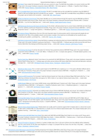 4/1/24, 9:17 AM Advanced View Arduino Projects List - Use Arduino for Projects
https://duino4projects.com/advanced-view-arduino-projects-list/?page31074=3 30/58
459. WiFi Robot I have created the framework for WiFi and voice control of a robot. The MKR1000 chip enables us to receive controls over WiFi.
Things used in this project Hardware components Arduino MKR1000 × 1 DC motor (generic) × 2 Wheels × 1 SparkFun Dual H-Bridge…...
Listed under: Projects, Robotics – Automation Projects, Wifi - WLan Projects
460. Wi-Fi Controlled Robot Using Arduino UNO And Blynk This Wi-Fi controlled robot can be controlled from anywhere using the ARMA IoT
shield for UNO and the Blynk App which provides the user interface. Overview Simple WiFi Controlled Robot Using ARMA IoT and Blynk!
This project uses an Arduino Uno connected…... Listed under: Wifi - WLan Projects
461. Worlds First Remote Control Human This project will allow you to control someone through the internet using the MKR1000 and Electric
Muscle Stimulation also known as EMS. Things used in this project Hardware components General Purpose Transistor NPN × 2 Arduino
MKR1000 × 1 Icy Hot Smart Relief Back and…... Listed under: Medical – Health based Projects, Projects
462. Salt Warehouses Monitoring with Arduino & Artik Cloud In this Article i will demonstrate how to connect Arduino MKR1000 with Artik Cloud
& monitor salt/Dairy warehouses Temperature & Humidity. Things used in this project Hardware components Arduino MKR1000 × 1 DHT22
Temperature Sensor × 1 Jumper wires (generic) × 3 Breadboard (generic) ×…... Listed under: Projects, Temperature Measurement Projects
463. DIY: Arduino Chatting Networking is the one of the most important mean of communication used to communicate with people who are
connected to one. Most of the available network communication modules in the market are not affordable by the overall end users.
Considering this problem, a prototype has…... Listed under: How To – DIY – Projects
464. Intel Edison as Azure IoTHub gateway Using Intel Edison as gateway and redirecting data from Arduimo MKR1000 to Microsoft Azure IoTHub.
Things used in this project Hardware components Intel Edison × 1 Arduino MKR1000 × 1 Software apps and online services Microsoft Azure
Arduino Web Editor Story Background Workshop project during…... Listed under: Internet – Ethernet – LAN Projects, Projects
465. IoT Christmas Tree Topper A cool star decoration for Chritmas Trees powered by Arduino MKR1000 Things used in this project Hardware
components Arduino MKR1000 × 1 3 mm LED: Yellow × 16 Resistor 221 ohm × 4 Jumper wires (generic) × 8 Female header 8 position 2 row
(2*4)…... Listed under: Projects, Tutorials
466. Road to Santa Claus Waiting for Santa? Count down to his arrival with this MKR1000 device. Things used in this project Hardware components
Arduino Road to Santa Claus Kit × 1 Software apps and online services Arduino IDE Arduino Web Editor Hand tools and fabrication machines
Vinyl glue Hot…... Listed under: GPS Based Projects, Projects, Sensor – Transducer – Detector Projects
467. Wide Range Alarm System This is an alarm system based on the MKR1000 and a raspberry pi 2 or 3. The system will detect different alarms
and notify you if necessary. Things used in this project Hardware components Arduino MKR1000 × 1 Raspberry Pi 2 Model B × 1…... Listed
under: Home Automation Projects, Projects
468. Arduino as AVR Programmer For my project I need two Arduino boards, but I have only one Arduino Mega 2560 board (refer Fig. 1). I can
either buy an Arduino Uno board (that costs approx. Rs. 1400 in India) or I can make an Arduino board using a fresh…... Listed under:
Development Board – Kits Projects
469. GoPRO Shutter Make your own custom GoPRO shutter using a MKR1000 board, 3 buttons and 3 LEDs. Things used in this project Hardware
components Arduino MKR1000 × 1 LED (generic) × 3 SparkFun Pushbutton switch 12mm × 3 Breadboard (generic) × 1 Jumper wires
(generic) × 1…... Listed under: LED Projects, Projects, Tutorials
470. Holiday Wreath Automation Automate your holiday wreath using an Arduino MKR1000, NeoPixels, and a buzzer. Get notified via SMS/email
when someone is at the door. Things used in this project Hardware components Arduino MKR1000 × 1 NeoPixel strip × 1 Buzzer × 1
Breadboard (generic) × 1 Jumper…... Listed under: Home Automation Projects, Projects
471. My Home1000 Holiday Things for HOME Automation & Control Remotely we control our home with MKR1000 and IOT of Blynk. We can
manage the boiler, the 'anti-theft irrigation, open the Automatic Gate. Things used in this project Hardware components Arduino MKR1000 ×
1 DHT11 Temperature & Humidity Sensor (4 pins) × 2 SparkFun BMP180…... Listed under: Home Automation Projects, Internet – Ethernet –
LAN Projects, Projects
472. Build An Arduino-Based Shadow Alarm Shadow alarms are usually used for protection against theft. A shadow alarm is a device that sounds
an alarm when a shadow falls on it. Described here is a simple circuit of an Arduino-based shadow alarm. This compact shadow alarm unit is
capable of sensing…... Listed under: Clock – Timer Projects
473. Control a Lamp with MKR Relay Proto Shield Set an alarm with MKR1000 and MKR Relay Proto Shield to turn a lamp on/off. Things used in
this project Hardware components Arduino MKR Relay Proto Shield × 1 Arduino MKR1000 × 1 Desktop Lamp × 1 Hand tools and fabrication
machines Adafruit Wire Strippers…... Listed under: Clock – Timer Projects
474. Arduino Piggyback on Raspberry Pi Arduino is a perfect mindless slave. Give it a job and it performs the task endlessly without defaulting
even for a nano second. On the other hand, Raspberry Pi, or Raspi, is a computer that has a brain of its own. But, it may falter…... Listed under:
Sensor – Transducer – Detector Projects
475. Temperature Logger With Arduino And Artik Cloud Sending temperature from Arduino MKR1000 to Artik Cloud. Things used in this project Hardware
components Arduino MKR1000 × 1 Software apps and online services Samsung ARTIK Cloud for IoT Arduino IDE Story Hi, In this project find temperature
 
