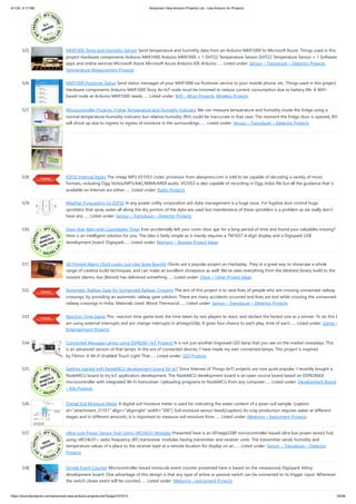4/1/24, 9:17 AM Advanced View Arduino Projects List - Use Arduino for Projects
https://duino4projects.com/advanced-view-arduino-projects-list/?page31074=3 34/58
525. MKR1000 Temp and Humidity Sensor Send temperature and humidity data from an Arduino MKR1000 to Microsoft Azure. Things used in this
project Hardware components Arduino MKR1000 Arduino MKR1000 × 1 DHT22 Temperature Sensor DHT22 Temperature Sensor × 1 Software
apps and online services Microsoft Azure Microsoft Azure Arduino IDE Arduino…... Listed under: Sensor – Transducer – Detector Projects,
Temperature Measurement Projects
526. MKR1000 Pushover Status Send status messages of your MKR1000 via Pushover service to your mobile phone, etc. Things used in this project
Hardware components Arduino MKR1000 Story An IoT node must be trimmed to reduce current consumption due to battery life. A WiFi-
based node as Arduino MKR1000 needs…... Listed under: Wifi - WLan Projects, Wireless Projects
527. Microcontroller Projects: Fridge Temperature and Humidity Indicator We can measure temperature and humidity inside the fridge using a
normal temperature-humidity indicator but relative humidity (RH) could be inaccurate in that case. The moment the fridge door is opened, RH
will shoot up due to ingress or egress of moisture in the surroundings.…... Listed under: Sensor – Transducer – Detector Projects
528. ESP32 Internet Radio The cheap MP3 VS1053 codec processor from aliexpress.com is told to be capable of decoding a variety of music
formats, including Ogg Vorbis/MP3/AAC/WMA/MIDI audio. VS1053 is also capable of recording in Ogg Vobis file but all the guidance that is
available on Internet are either…... Listed under: Radio Projects
529. Weather Forecasting on ESP32 In any power utility corporation ash dyke management is a huge issue. For fugitive dust control huge
sprinklers that spray water all along the dry portion of the dyke are used but maintenance of these sprinklers is a problem as we really don’t
have any…... Listed under: Sensor – Transducer – Detector Projects
530. Door-Ajar Alert with Countdown Timer Ever accidentally left your room door ajar for a long period of time and found your valuables missing?
Here is an intelligent solution for you. The idea is fairly simple as it mainly requires a TM1637 4-digit display and a Digispark USB
development board. Digispark…... Listed under: Memory – Storage Project Ideas
531. 3D Printed Alarm Clock Looks Just Like Store Bought Clocks are a popular project on Hackaday. They’re a great way to showcase a whole
range of creative build techniques, and can make an excellent showpiece as well. We’ve seen everything from the blinkiest binary build to the
noisiest alarms, but [Benoit] has delivered something…... Listed under: Clock – Timer Project Ideas
532. Automatic Railway Gate for Unmanned Railway Crossing The aim of this project is to save lives of people who are crossing unmanned railway
crossings; by providing an automatic railway gate solution. There are many accidents occurred and lives are lost while crossing the unmanned
railway crossings in India. Materials Used: Wood Thermocol…... Listed under: Sensor – Transducer – Detector Projects
533. Reaction Time Game This reaction time game tests the time taken by two players to react, and declare the fastest one as a winner. To do this I
am using external interrupts and pin change interrupts in atmega328p. It gives four chance to each play, time of each…... Listed under: Game –
Entertainment Projects
534. Connected Message Lamps using ESP8266 | IoT Projects It is not just another Engraved LED lamp that you see on the market nowadays. This
is an advanced version of that lamps. In the era of connected devices, I have made my own connected lamps. This project is inspired
by Filimin: A Wi-Fi Enabled Touch Light That…... Listed under: LED Projects
535. Getting started with NodeMCU development board for IoT Since Internet of Things (IoT) projects are now quite popular, I recently bought a
NodeMCU board to try IoT application development. The NodeMCU development board is an open source board based on ESP8266EX
microcontroller with integrated Wi-Fi transceiver. Uploading programs to NodeMCU from any computer…... Listed under: Development Board
– Kits Projects
536. Digital Soil Moisture Meter A digital soil moisture meter is used for indicating the water content of a given soil sample. [caption
id="attachment_31551" align="alignright" width="300"] Soil moisture sensor head[/caption] As crop production requires water at different
stages and in different amounts, it is important to measure soil moisture from…... Listed under: Metering – Instrument Projects
537. Ultra-Low-Power Sensor Hub Using nRF24L01 Modules Presented here is an ATmega328P microcontroller-based ultra low power sensor hub
using nRF24L01+ radio frequency (RF) transceiver modules having transmitter and receiver units. The transmitter sends humidity and
temperature values of a place to the receiver kept at a remote location for display on an…... Listed under: Sensor – Transducer – Detector
Projects
538. Simple Event Counter Microcontroller based miniscule event counter presented here is based on the inexpensive Digispark Attiny
development board. One advantage of this design is that any type of active or passive switch can be connected to its trigger input. Whenever
the switch closes event will be counted…... Listed under: Metering – Instrument Projects
 