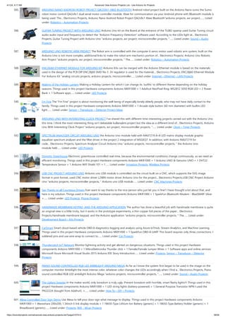 4/1/24, 9:17 AM Advanced View Arduino Projects List - Use Arduino for Projects
https://duino4projects.com/advanced-view-arduino-projects-list/?page31074=3 38/58
585. ARDUINO NANO ANDROID ROBOT PROJECT QIK2S9V1 XBEE BLUETOOTH Android robot project built on the Arduino Nano sumo the Sumo
robot motor control Qik2s9v1 dual serial motor controller module, Xbee for communication via your Android phone with Bluetooth module is
being used. The... Electronics Projects, Arduino Nano Android Robot Project Qik2s9v1 Xbee Bluetooth"arduino projects, avr project,…... Listed
under: Robotics – Automation Projects
586. GUITAR TUNING PROJECT WITH ARDUINO UNO Arduino Uno kit on the Board at the entrance of the TL082 opamp used Guitar Tuning circuit
audio audio input and frequency to detect the “Arduino-Frequency-Detection” software used. According to the LEDs light at... Electronics
Projects, Guitar Tuning Project with Arduino Uno "arduino projects, avr project, microcontroller projects, "…... Listed under: Sound – Audio
Projects
587. ARDUINO UNO ROBOTIC ARM PROJECT The Robot arm is controlled with the computer 6 servo motor used robotic arm system, built on the
Arduino Uno is not more complex, additional links to make the robot arm mechanics portion of... Electronics Projects, Arduino Uno Robotic
Arm Project "arduino projects, avr project, microcontroller projects, " The…... Listed under: Robotics – Automation Projects
588. ENC28J60 ETHERNET MODULE FOR ARDUINO KIT Arduino Kits can be merged with the Arduino Ethernet module is based on the materials
used in the design of the PCB DIP ENC28j60 SMD No 3 .3V regulator is used for the material,... Electronics Projects, ENC28j60 Ethernet Module
For Arduino Kit "analog circuits projects, arduino projects, microcontroller…... Listed under: Internet – Ethernet – LAN Projects
589. Making of the Holiday Lantern Making a Holiday Lantern for which I can change its 'outfits' to different theme depending on the holiday
seasons. Things used in this project Hardware components Arduino MKR1000 × 1 Adafruit NeoPixel Ring: WS2812 5050 RGB LED × 2 Power
Bank × 1 Software apps…... Listed under: LED Projects
590. I’m Fine The "I'm Fine" project is about monitoring the well being of especially lonely elderly people, who may not have daily contact to the
family. Things used in this project Hardware components Arduino MKR1000 × 1 Arcade style button (60 mm diameter) with builtin LED
light.…... Listed under: Sensor – Transducer – Detector Project Ideas
591. ARDUINO UNO WITH INTERESTING CLOCK PROJECT I’ve shared this with different time interesting projects carried out with the Arduino Uno
this time, I think the most interesting thing isn’t debatable kullanışlımı project but the idea as a different kind of... Electronics Projects, Arduino
Uno With Interesting Clock Project "arduino projects, avr project, microcontroller projects, "…... Listed under: Clock – Timer Projects
592. SPECTRUM ANALYZER CIRCUIT ARDUINO UNO the Arduino Uno module held with MAX7219 8×8 LED matrix display module graphic
equalizer spectrum analyzer and the filter driver in the project 2 integration of MSGEQ7. In addition, with Arduino MAX7219 for
code... Electronics Projects, Spectrum Analyzer Circuit Arduino Uno "arduino projects, microcontroller projects, " the Arduino Uno
module held…... Listed under: LED Projects
593. Domotic Greenhouse Electronic greenhouse controlled real-time, because the environmental conditions change continuously, so we need an
efficient monitoring. Things used in this project Hardware components Arduino MKR1000 × 1 Arduino UNO & Genuino UNO × 1 DHT22
Temperature Sensor × 1 Arduino Wifi Shield 101 × 1…... Listed under: Irrigation Projects, Wireless Projects
594. USB CNC PROJECT ARDUINO UNO Arduino uno USB module is controlled via the circuit built on a CNC, which supports the SVG image
format in post format, used CNC motor driver L298N motor driver Arduino Uno for the project... Electronics Projects,USB CNC Project Arduino
Uno "arduino projects, microcontroller projects, " Arduino uno USB module…... Listed under: CNC Machines Projects
595. Say Thanks to all Courteous Drivers Ever want to say thanks to the nice person who just let you in line? I have thought a lot about that, and
here is my solution. Things used in this project Hardware components Arduino MKR1000 × 1 SparkFun Bluetooth Modem - BlueSMiRF Silver
×…... Listed under: LED Projects, Phone Projects
596. HANDMADE MEMBRANE KEYPAD, AND THE ARDUINO APPLICATION The author has done a beautiful job with handmade membrane is quite
an original view is a little tricky, but it works in the prototype experiments, a thin copper foil pieces of the paper... Electronics
Projects,Handmade membrane keypad, and the Arduino application "arduino projects, microcontroller projects, " The…... Listed under:
Development Board – Kits Projects
597. CarSmart Smart cloud-based vehicle OBD-II diagnostics logging and analysis using Azure IoTHub, Stream Analytics, and Machine Learning.
Things used in this project Hardware components Arduino MKR1000 × 1 SparkFun OBD-II-UART This board requires only three connections. I
soldered pins and use wire wrap to connect to…... Listed under: Car Projects
598. Thundercatch IoT Network Monitor lightning activity and get alerted on dangerous situations. Things used in this project Hardware
components Arduino MKR1000 × 1 MikroElektronika Thunder click × 1 Female/Female Jumper Wires × 1 Software apps and online services
Microsoft Azure Microsoft Visual Studio 2015 Arduino IDE Story Introduction…... Listed under: Projects, Sensor – Transducer – Detector
Projects
599. PIANO SOUND CONTROLLED RGB LED AMBILIGHT ARDUINO MEGA As far as I know the system first began to be used in the image on the
computer monitor Ambilight the most intense color, whatever color changes the LEDs accordingly when I find a... Electronics Projects, Piano
sound controlled RGB LED ambilight Arduino Mega "arduino projects, microcontroller projects, "…... Listed under: Sound – Audio Projects
600. The Ugliest Sweater In the maker world, only boredom is truly ugly. Prevent boredom with horrible, smart flashy lights!!! Things used in this
project Hardware components Arduino MKR1000 × 1 LED string lights (battery-powered) × 1 General Purpose Transistor NPN I used the
PN2222A (bought from Adafruit). ×…... Listed under: How To – DIY – Projects
601. Alexa Controlled Door Sign Demo Use Alexa to tell your door sign what message to display. Things used in this project Hardware components Arduino
MKR1000 × 1 Waveshare 200x200, 1.54inch E-Ink display module × 1 18650-Type Lithium Ion Battery (generic) × 1 18650-Type Battery Holder (generic) × 1
Breadboard (generic)…... Listed under: Projects, Wifi - WLan Projects
 