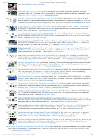4/1/24, 9:17 AM Advanced View Arduino Projects List - Use Arduino for Projects
https://duino4projects.com/advanced-view-arduino-projects-list/?page31074=3 49/58
under: Sensor – Transducer – Detector Project Ideas
766. Arduino based Vehicle Tracker using GPS and GSM In our previous article, we have learned about “How to interface GPS module with
Computer and How to make a GPS updated Clock”. In this project we are going one step ahead with GPS and going to track a vehicle using
GPS and GSM. This Vehicle Tracking…... Listed under: Arduino LCD Project Ideas
767. Temperature and Humidity monitoring with DHT22 sensor Arduino Uno R3 The objective of this tutorial is to learn how to use the DHT22
sensor with Arduino uno. The room temperature and humidity will be printed to serial monitor and also will be displayed to the LCD 4×20 in
Proteus ISIS. [caption id="attachment_28379" align="aligncenter" width="300"] DHT22…... Listed under: Temperature Measurement Projects
768. Controlling RGB LED using Arduino and Wi-Fi In last tutorial, we explained controlling a Robot using Wi-Fi and Arduino, and in this article we
are with our next IOT Based Project- RGB LED Flasher using Wi-Fi. Here we have used Arduino and ESP8266 Wi-Fi Module to control the
colors of RGB LED, through a Android…... Listed under: Phone Project Ideas
769. Password Based Door Lock System Using Arduino SIMULINO UNO Security is the main challenging things in this modern world . Any one can
enter your private home at any time to stole your property . To protect your home from thief you must be secured . In this project a motor is
fitted to…... Listed under: Security – Safety Project Ideas
770. Getting Started with Arduino Due ARDUINO DUE is an ARM controller based board designed for electronic Engineers and Hobbyists. ARM
architecture is very influential in modern electronics. We are using the ARM architecture based controllers everywhere. For example we are
using ARM controllers in our mobiles, iPods and computers etc. …... Listed under: Arduino LED Project Ideas
771. PWM with Arduino Due Arduino Due is an ARM controller based board designed for electronic engineers and hobbyists. ARM architecture is
very influential in modern electronics, we use them everywhere like our mobiles, iPods and computers etc. If someone wants to design
industrial systems it must on ARM controllers.…... Listed under: Arduino LED Project Ideas
772. Digital voltmeter using Arduino UNO Range:0-50 volt Using SIMULINO UNO This is a simple project showing you how to make a digital
voltmeter using Arduino where the readings are displayed in a Liquid Crystal Display LCD20x4. The proposed voltmeter design can read up to
50V. We are using analogue to digital conversion process. Arduino microcontroller…... Listed under: Metering – Instrument Project Ideas
773. Servo Motor Control with Arduino Due As discussed earlier, Arduino Due is an ARM controller based board designed for electronic engineers
and hobbyists. This DUE board can be used for making CNC machines, 3D printers, robotic arms etc. All these projects have a common
feature that is Position Control. Any of…... Listed under: Arduino Motor Project Ideas
774. Make Arduino Based Home Automation Part-1 Using ARDUINO UNO R3 Hello every one welcome back . In this project tutorial I will show you
how to make arduino based home automation , this means you can control all of your home appliences and devices using a single
microcontroller . This Tutorial is divided into two…... Listed under: Home Automation Project Ideas
775. Arduino Based Digital Clock with Alarm This Arduino based Real time clock is a digital clock to display real time using a RTC IC DS1307 which
works on I2C protocol. Real time clock means it runs even after power failure. When power is reconnected, it displays the real time irespective
to the time and duration…... Listed under: Clock – Timer Project Ideas
776. Make Arduino Based Home Automation Part-2 (wireless) Using ARDUINO UNO R3 Hello welcome back . This is second part of the wireless
home automation . In previous part we have connected home applience with relay and controlled with arduino . In this part we are going to
add wireless feature of that device . One arduino…... Listed under: Home Automation Project Ideas
777. Smart Phone Controlled Digital Code Lock using Arduino There are many types of security systems used all over the world and Digital Code
Lock is one of them. We have already covered many digital locks with simple 16x2 LCD using Arduino, Raspberry Pi, 8051 etc. Here we are
going to build a Smart Phone…... Listed under: Security – Safety Projects
778. AUTOMATIC DOOR OPEN SYSTEM WITH VISITOR COUNTER PART-1 Using ARDUINO UNO R3 Hello every body welcome back . In today's
arduino blog I am going to show you how you can make a automatic door opening system when some one wants to enter your room the PIR
motion sensor detects the motion of moving body and sends…... Listed under: Blog, Home Automation Project Ideas
779. Create a Private Chat Room using Arduino, nRF24L01 and Processing Creating a Local Network to share personnel and confidential data's has
become almost impossible for a common man in our modern world. This is mainly because all common chat methods like Whatsapp,
Facebook, Hangout and almost everything involves an internet connection. What if, we could…... Listed under: Wireless Projects
780. Automatic Door Open System With Vistor Counter Part-2 Using ARDUINO UNO R3 Hello welcome back . In previous part we have made a
visitor detector by using PIR sensor . This application can be used on night because PIR sensor gives output based on thermal object
movement . In this tutorial we are going to extend that project…... Listed under: Home Automation Project Ideas
781. Smart Phone Controlled FM Radio using Arduino and Processing In this project we will use an existing FM radio which went repair a long time
ago, to convert it into a Smart Wireless FM Radio controlled using Phone, with the help of Arduino and Processing. We can convert any
manually operated electronic device into…... Listed under: Wireless Projects
782. WATER LEVEL MEASUREMENT USING ARDUINO UNO R3 AND WATER SENSORS Hello , Welcome back , In this tutorial we are going to show you how to make a
water level indicator using arduino uno and some water sensors . There are so many tutorial on water level sensors on internet , but this method is…... Listed
under: Metering – Instrument Project Ideas
 