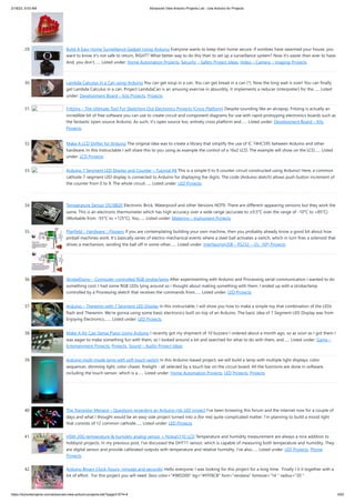 2/18/23, 9:03 AM Advanced View Arduino Projects List - Use Arduino for Projects
https://duino4projects.com/advanced-view-arduino-projects-list/?page31074=4 3/63
29. Build A Easy Home Surveillance Gadget Using Arduino Everyone wants to keep their home secure. If zombies have swarmed your house, you
want to know it's not safe to return, RIGHT? What better way to do this than to set up a surveillance system? Now it's easier than ever to have.
And, you don't…... Listed under: Home Automation Projects, Security – Safety Project Ideas, Video – Camera – Imaging Projects
30. Lambda Calculus in a Can using Arduino You can get soup in a can. You can get bread in a can (*). Now the long wait is over! You can finally
get Lambda Calculus in a can. Project LambdaCan is an amusing exercise in absurdity. It implements a reducer (interpreter) for the…... Listed
under: Development Board – Kits Projects, Projects
31. Fritzing – The Ultimate Tool For Sketching Out Electronics Projects [Cross Platform] Despite sounding like an alcopop, Fritzing is actually an
incredible bit of free software you can use to create circuit and component diagrams for use with rapid-protoyping electronics boards such as
the fantastic open-source Arduino. As such, it’s open source too, entirely cross platform and…... Listed under: Development Board – Kits
Projects
32. Make A LCD Shifter for Arduino The original idea was to create a library that simplify the use of IC 74HC595 between Arduino and other
hardware. In this Instructable I will share this to you using as example the control of a 16x2 LCD. The example will show on the LCD…... Listed
under: LCD Projects
33. Arduino 7 Segment LED Display and Counter – Tutorial #8 This is a simple 0 to 9 counter circuit constructed using Arduino! Here, a common
cathode 7-segment LED display is connected to Arduino for displaying the digits. The code (Arduino sketch) allows push button increment of
the counter from 0 to 9. The whole circuit…... Listed under: LED Projects
34. Temperature Sensor DS18B20 Electronic Brick, Waterproof and other Versions NOTE: There are different-appearing versions but they work the
same. This is an electronic thermometer which has high accuracy over a wide range (accurate to ±0.5°C over the range of -10°C to +85°C)
(Workable from -55°C to +125°C). You…... Listed under: Metering – Instrument Projects
35. Playfield :: Hardware :: Flippers If you are contemplating building your own machine, then you probably already know a good bit about how
pinball machines work. It’s basically series of electro-mechanical events where a steel ball activates a switch, which in turn fires a solenoid that
drives a mechanism, sending the ball off in some other…... Listed under: Interfacing(USB – RS232 – I2c -ISP) Projects
36. StrobeDuino – Computer-controlled RGB strobe/lamp After experimenting with Arduino and Processing serial communication i wanted to do
something cool. I had some RGB LEDs lying around so i thought about making something with them. I ended up with a strobe/lamp
controlled by a Processing sketch that receives the commands from…... Listed under: LED Projects
37. Arduino – Theremin with 7 Segment LED Display In this instructable, I will show you how to make a simple toy that combination of the LEDs
flash and Theremin. We're gonna using some basic electronics built on top of an Arduino. The basic idea of 7 Segment LED Display was from
Enjoying Electronics.…... Listed under: LED Projects
38. Make A Air Cap-Sense Piano Using Arduino I recently got my shipment of 10 buzzers I ordered about a month ago, so as soon as I got them I
was eager to make something fun with them, so I looked around a bit and searched for what to do with them, and…... Listed under: Game –
Entertainment Projects, Projects, Sound – Audio Project Ideas
39. Arduino multi-mode lamp with soft touch switch In this Arduino-based project, we will build a lamp with multiple light displays: color
sequencer, dimming light, color chaser, firelight - all selected by a touch bar on the circuit board. All the functions are done in software,
including the touch sensor, which is a…... Listed under: Home Automation Projects, LED Projects, Projects
40. The Transistor Menace – Questions regarding an Arduino rgb LED project I've been browsing this forum and the internet now for a couple of
days and what I thought would be an easy side project turned into a (for me) quite complicated matter. I'm planning to build a mood light
that consists of 12 common cathode…... Listed under: LED Projects
41. HSM-20G temperature & humidity analog sensor + Nokia5110 LCD Temperature and humidity measurement are always a nice addition to
hobbyist projects. In my previous post, I’ve discussed the DHT11 sensor, which is capable of measuring both temperature and humidity. They
are digital sensor and provide calibrated outputs with temperature and relative humidity. I’ve also…... Listed under: LED Projects, Phone
Projects
42. Arduino Binary Clock (hours, minutes and seconds) Hello everyone; I was looking for this project for a long time. Finally I it it together with a
lot of effort. For this project you will need: [box color="#985D00" bg="#FFF8CB" font="verdana" fontsize="14 " radius="20 "
 