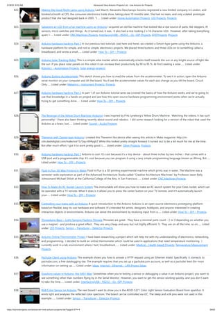 2/18/23, 9:03 AM Advanced View Arduino Projects List - Use Arduino for Projects
https://duino4projects.com/advanced-view-arduino-projects-list/?page31074=4 56/63
822. Making the Good Night Lamp using Arduino Last March, Alexandra Deschamps-Sonsino registered a new limited company in London, and
booked a booth at CES, the consumer electronics trade show, taking place 10 months later. She had no team, and only a dated prototype
product that she had designed back in 2005. “I…... Listed under: Home Automation Projects, LED Projects, Projects
823. Salvaging an LCD from a fax machine using an Arduino I acquired an old fax machine that looked like a ripe source of parts, like steppers, IR
sensors, micro switches and things. As it turned out, it was. It also had a nice looking 2 x 16 character LCD. However, after taking everything
apart, I…... Listed under: CNC Machines Projects, Interfacing(USB – RS232 – I2c -ISP) Projects, LCD Projects, Projects
824. Arduino hardware hacking: Part 3 In our previous two tutorials (see here and here), we created a Simon-type game using the Arduino, a
hardware platform for simple, and not so simple, electronics projects. We placed three buttons and three LEDs on to something called a
breadboard, and wrote a small…... Listed under: How To – DIY – Projects
825. Arduino Solar Tracking Robot This is a simple solar tracker which automatically orients itself towards the sun or any bright source of light like
the sun .If you place solar panels on this robot it can increase their productivity by 90 to 95 %. At first creating a solar…... Listed under:
Robotics – Automation Projects, Solar energy projects
826. Arduino Esplora Accelerometer This sketch shows you how to read the values from the accelerometer. To see it in action, open the Arduino
serial monitor on your computer and tilt the board. You'll see the accelerometer values for each axis change as you tilt the board. Circuit
Only…... Listed under: Metering – Instrument Projects, Projects
827. Arduino hardware hacking: Part 2 In part 1 of our Arduino tutorial seres we covered the basics of how the Arduino works, and we're going to
use that knowledge in a hands-on project and see how this open-source hardware programming environment works when we're actually
trying to get something done…... Listed under: How To – DIY – Projects
828. The Revenge of the Yellow Drum Machine (Arduino) I was inspired by Frits Lyneborg's Yellow Drum Machine. Watching the videos, it has such
personality! I have also been thinking recently about sound and robotics. I did some research looking for a version of the robot that used the
Arduino as a brain, but…... Listed under: Sound – Audio Projects
829. Theremin with Zapper,laser,Arduino I created this Theremin like device after seeing this article in Make magazine: http://m-
cdn.dashdigital.com/make/vol15/?pg=69#pg67 While this looked pretty straight forward it turned out to be a bit much for me at the time.
But after much effort, I got it to work pretty good. I…... Listed under: Other Projects, Projects
830. Arduino hardware hacking: Part 1 Arduino is cool. It's cool because it's a tiny device - about three inches by two inches - that comes with a
USB port and a programmable chip. It's cool because you can program it using a very simple programming language known as Wiring. But…...
Listed under: How To – DIY – Projects
831. Fluid In.Flux_3D Wax Printing In Water Fluid In.Flux is a 3D printing experimental machine which prints wax in water. The Machine was a
semester-wide exploration as part of the Advanced Architecture Studio called "Creative Architecture Machines" by Professor Jason Kelly
Johnsonand Michael Shiloh at the California College of the Arts, in San Francisco.…... Listed under: CNC Machines Projects
832. How To Make An RC Rocket Launch System This instructable will show you how to make an RC launch system for your Estes rocket, which can
be operated with a TV remote. What it does is it allows you to press the center button on your TV remote, and it'll automatically launch
your…... Listed under: How To – DIY – Projects
833. Controlling your trains with an Arduino A quick introduction to the Arduino Arduino is an open-source electronics prototyping platform
based on flexible, easy-to-use hardware and software. It's intended for artists, designers, hobbyists, and anyone interested in creating
interactive objects or environments. Arduino can sense the environment by receiving input from a…... Listed under: How To – DIY – Projects
834. Throwduino Basic – Light-Sensing Flashing Throwie Throwies are great. They have a minimal parts count - 2 or 3 depending on whether you
use a magnet - and produce a great effect. They are very cheap and easy but not highly efficient: 1) They are on all the time, so on…... Listed
under: LED Projects, Sensor – Transducer – Detector Projects
835. Arduino Online Thermometer Project I have been researching a project which will help me with my understanding of electronics, networking,
and programming. I decided to build an online thermometer which could be used in applications that need temperature monitoring. I
currently work in a lab environment where I test, troubleshoot,…... Listed under: Medical – Health based Projects, Temperature Measurement
Projects
836. Pachube Client using Arduino This example shows you how to answer a HTTP request using an Ethernet shield. Specifically, it connects to
pachube.com, a free datalogging site. The example requires that you set up a pachube.com account, as well as a pachube feed (for more
information on setting up…... Listed under: Ideas, Internet – Ethernet – LAN Project Ideas
837. Graphing values in Arduino, the EASY Way! Sometimes when you're testing a sensor or debugging a value in an Arduino project, you want to
see something other than numbers flying by in the Serial Monitor. However, you want to get the sensor working quickly, and you don't want
to take the time…... Listed under: Interfacing(USB – RS232 – I2c -ISP) Projects
838. RGB Color Sensor on Arduino The next board I want to show you is the ADJD-S371 Color Light Sensor Evaluation Board from sparkfun. It
emits light and analyses the reflected color spectrum. The board can be controlled via I2C. The sleep and xclk pins were not used in this
example.…... Listed under: Sensor – Transducer – Detector Projects
 