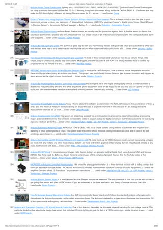 3/21/23, 9:14 AM Advanced View Arduino Projects List - Use Arduino for Projects
https://duino4projects.com/advanced-view-arduino-projects-list/?page31074=4 20/62
292. Arduino based Drone Quadricopter [gallery ids="19920,19921,19922,19923,19924,19925,19926,19927"] arduino based Drone Quadricopter
It's a tiny quadrotor helicopter! Update Feb 25 2012: Warning, I may have discovered a bug inside the CadSoft EAGLE 6.1.0 software that may
make the PCB look slightly different. My design files are meant for 5.11 so use…... Listed under: Drone
293. Project: Cleaner robot using Magician Chassis, Arduino, distance sensor and hand sweeper This is a cleaner robot so you can give to your
mommy or just use to clean your bedroom =P. Material List: 1x Arduino UNO R3 1x Magician Chassis 1x Shield Motor Driver (Shield 4Power)
1x Distance Sensor 1x Servomotor 1x Hand Sweeper 1x Battery 1.…... Listed under: Robotics – Automation Projects
294. Arduino-Based Shadow Alarm Arduino-Based Shadow alarms are usually used for protection against theft. A shadow alarm is a device that
sounds an alarm when a shadow falls on it. Described here is a simple circuit of an Arduino based shadow alarm. This compact shadow alarm
unit is capable…... Listed under: Security – Safety Projects
295. Arduino Bicycle Alarm and Lights This alarm is a good way to alert you if somebody messes with your bike. I had a bicycle stolen a while back
and decided there had to be a better way to keep my bike secure. When I searched for bicycle alarms, all I…... Listed under: Security – Safety
Projects
296. How to Use IR Remotes with Arduino (Current and Updated) I'm tired of these complicated tutorials on how to use certain things. I like
simple, easy to understand, step by step instructions. My biggest problem was with IR and POV*. I've finally mastered how to control my
project with any TV remote in a few…... Listed under: Wireless Projects
297. ARDUINO Burglar Alarm Using Infrared Emitter-Detector pair In this tutorial i will show you , how to make a simple Inexpensive Intrusion
Detection(Burglar alarm) using an Arduino Uno board . This project uses the Infrared Emitter-Detector pair to detect intrusion and triggers an
alarm as soon as the object crosses the infrared…... Listed under: Wireless Projects
298. Arduino for Photographers: Building a Universal Intervalometer Practicing the art of time-lapse photography without an intervalometer is
doable, but not particularly efficient. And while any decent photo equipment store will be happy to sell you one, you can go the DIY way and
build your own intervalometer based on the excellent Arduino platform. Theoretically, building…... Listed under: LED Projects
299. Connecting the ADXL337 to the Arduino Today I’ll write about the ADXL337 accelerometer. The ADXL337 measures the acceleration of the x, y
and z axis. This means it measures the force acting on any of the axes at a specific moment in time. Because it’s an analog device the
measurement intervals are as short…... Listed under: Other Projects
300. Arduino Accelerometer mma7361 Hey guys, I am a teaching assistant for an introduction to engineering class for biomedical engineering
majors at Vanderbilt University this semester. I created this video to explain analog-to-digital conversion to them because time ran out during
class and I did not get to this…... Listed under: Interfacing(USB – RS232 – I2c -ISP) Projects, Sensor – Transducer – Detector Projects
301. Arduino Automatic Watering System INTRODUCTION & OBJECTIVES: I is a simple system, using Arduino to automate the irrigation and
watering of small potted plants or crops. This system does the control of soil moisture, doing indications via LEDs and in case of dry soil
emitting a alarm beep. In…... Listed under: Home Automation Projects, Projects
302. Arduino Compatible apc220 Wireless rf Module with Graphics LCD 16 node mesh, up to 1000m between nodes, sample two analog voltages
per node, link any node to any other node, display data on any node with either graphics or text display, turn on relays based on data at any
node, fault tolerant with data…... Listed under: RFID - NFC projects, Wireless Projects
303. Arduino DS1307 Clock 1) Introduction and Images Hello friends, today I am going to build a Digital Clock using Arduino UNO and famous
DS1307 Real Time Clock IC. Before we begin, here are some images of the completed project. You can find the YouTube video at the
bottom…... Listed under: Clock – Timer Projects, LCD Projects
304. MCP41100 an Arduino Controlled Potentiometer We know the analog potentiometer , is a three-terminal resistor with a sliding contact that
forms an adjustable voltage divider . MCP41100 an Arduino Controlled Potentiometer: 1)volume controls on audio equipment. 2) Control the
amplifier Gain and offset . 3) Transducer " displacement transducers ".…... Listed under: Interfacing(USB – RS232 – I2c -ISP) Projects, Sensor –
Transducer – Detector Projects
305. Arduino Bipolar Stepper Motor It is a well known fact that Stepper motors are awesome! The only downside is that they can be a bit trickier to
get going than servos and plain old DC motors. If you are interested in the inner mechanics and theory of stepper motors, check this…...
Listed under: Motor Projects
306. How To Generate Square Wave Using Arduino Any AVR microcontroller based board which follows the standard Arduino schematic and is
flashed with the Arduino bootloader can be called an Arduino board. The Arduino is refered to as open source hardware and the Arduino IDE
is also open source and anybody can contribute…... Listed under: Development Board – Kits Projects
307. Arduino and Transistors Question – RE: School Musical Production One of the directors has asked me to create a special backdrop for our college musical. This
particular backdrop has a particular design (see below) that includes LED strip lighting to give the feel of a 1920s casino sign – similar to what is seen…... Listed
under: LED Projects
 