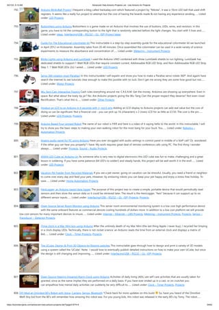 3/21/23, 9:15 AM Advanced View Arduino Projects List - Use Arduino for Projects
https://duino4projects.com/advanced-view-arduino-projects-list/?page31074=4 54/62
792. Arduino BlinkyBall Project I frequent a blog called hackaday.com which featured a project by "Nikolai", it was a 10cm LED ball that used shift
registers. It seems like a really fun project to attempt but the cost of having the boards made & not having any experience sending…... Listed
under: LED Projects
793. ButtonHero using Arduino ButtonHero is a game made on an Arduino that involves the use of buttons, LEDs, wires, and resistors. In this
game, you have to hit the corresponding button to the light that is randomly selected before the light changes. You start with 5 lives and…...
Listed under: Ideas, Interfacing(USB – RS232 – I2c -ISP) Project Ideas
794. Guide For The Educational colorimeter kit This instructable is a step-by-step assembly guide for the educational colorimeter kit we launched
in April 2012 on Kickstarter. Assembly takes from 20-40 minutes. Once assembled the colorimeter can be used in a wide variety of science
experiments to measure the absorbance and concentration of…... Listed under: Metering – Instrument Projects
795. Blinky Lights using Arduino and LumiGeek I used the Arduino UNO combined with three LumiGeek shields to run lighting. LumiGeek has
dedicated shields to support 1 Watt RGB LEDs that require constant current, Addressable RGB LED Strip, and Non-Addressable RGB LED Strip.
Step 1: 1 Watt RGB LEDs (2x) I wired…... Listed under: LED Projects
796. Servo 360 rotation mod (Parallax) In this instructurable I will expalin and show you how to make a Parallax servo rotate 360º. And againI have
search the internet to see tutorials clear enough to make this posible with no luck. Don't get me wrong they are some how good but not…...
Listed under: Motor Projects
797. Wu-Tang Can: Interactive Tipping Cash rules everything around me. C.R.E.A.M. Get the money. Arduinos are showing up everywhere. Even in
space. But what about the lowly tip jar? No. Are Arduino projects giving the Wu-Tang Clan the proper respect they deserve? Not even close!
Rectification. That's what this is…... Listed under: Other Projects
798. Hookup an LCD to an Arduino in 6 seconds with 3, not 6 pins Adding an LCD display to Arduino projects can add real value but the cost of
doing so can be significant. Not a financial cost - you can pick up 16 (characters) x 2 (rows) LCD for as little as £3.50. The cost is the pin…...
Listed under: LCD Projects, Projects
799. Arduino Based Four Legged Robot The name of our robot is FIER and here is a video of it saying hello to the world. In this instructable, I will
try to show you the basic steps to making your own walking robot for the most bang for your buck. You…... Listed under: Robotics –
Automation Projects
800. Analog audio panel for PC using Arduino Have you ever struggled with audio settings in control panel in middle of a VoIP call? Or, wondered
if the other guy can hear you properly? I have. My work requires great deal of remote conference calls using PC. The first thing I wonder
always…... Listed under: Projects, Sound – Audio Projects
801. 4X4X4 LED Cube w/ Arduino Un As someone who is very new to digital electronics this LED cube was fun to make, challenging and a great
lesson in soldering. If you have some patience (64 LED's to solder!) and steady hands, this project will be well worth it in the end!…... Listed
under: LED Projects
802. Vacation Pet Feeder from Recycled Materials If you are a pet owner, going on vacation can be stressful. Usually, you need a friend or neighbor
to come over every day and feed your pets. However, by enslaving robots you can keep your pet happy and enjoy a stress-free holiday. To
save…... Listed under: Home Automation Projects
803. HexiLogger, an Arduino based data logger The purpose of this project was to create a simple, portable device that would periodically read
sensors and then store the sensor data so it could be retrieved later. The result is the HexiLogger, "hexi" because it can support up to six
different sensor inputs…... Listed under: Interfacing(USB – RS232 – I2c -ISP) Projects, Projects
804. Open Source Server Room Monitor using Arduino This server room environmental monitoring system is a low cost high performance device
with the same onboard features as commercial devices costing hundreds of dollars more. In addition to a low cost platform we will provide
low cost sensors for many important devices to insure…... Listed under: Internet – Ethernet – LAN Projects, Metering – Instrument Projects, Projects, Sensor –
Transducer – Detector Projects
805. iTime clock in a Mac Mini box using Arduino After the untimely death of my Mac Mini (the last thing Apple I never buy), I recycled her limping
in a clock display LEDs. Technically, there is not rocket science: an Arduino reads the time from an external clock and displays a matrix of
8x6…... Listed under: Clock – Timer Projects, Projects
806. The UCube: Design & Print 3D Objects by flipping switches This instructable goes through how to design and print a variety of 3D models
using a system called the 'UCube'. Note: I would love to eventually publish detailed instructions on how to make your own UCube, but since
the design is still changing and improving,…... Listed under: Interfacing(USB – RS232 – I2c -ISP) Projects
807. Open Source Hearing Impaired Alarm Clock using Arduino Activities of daily living (ADL) are self-care activities that are usually taken for
granted, since as the name implies they are performed on a daily basis. If you have ever ended up in a cast, or on crutches you
can empathize how menial daily activities can suddenly be very difficult to…... Listed under: Clock – Timer Projects, Projects
808. DIY Mod an Omnibot 80’s Robot with Voice, Camera, Servos, Bluetooth *Check back for more updates on this build So, have you heard of the Omnibot?
Well! Any kid from the 80's will remember how amazing this robot was. For you young kids, this robot was released in the early 80's by Tomy. The robot…...
 