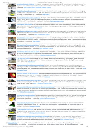 5/2/23, 9:51 AM Advanced View Arduino Projects List - Use Arduino for Projects
https://duino4projects.com/advanced-view-arduino-projects-list/?page31074=4 2/61
15. Servo Motor Control by Flex Sensor In this tutorial we are going to develop a circuit using FLEX sensor, Arduino Uno and a Servo motor. This
project is a servo control system where the servo shaft position is determined by the flex or bent or deviation of the FLEX sensor. Lets first…...
Listed under: Motor Projects, Sensor – Transducer – Detector Projects
16. Variable Power Supply By Arduino Uno In this tutorial we will develop a 5V variable voltage source from Arduino Uno. For that we are going
use ADC (Analog to Digital Conversion) and PWM (Pulse Width Modulation) feature. Some digital electronic modules like accelerometer work
on voltage 3.3V and some work on…... Listed under: Other Projects
17. PC Controlled Home Automation using Arduino This project explains designing a home automation system which is controlled by a computer
to switch On and switch Off various electrical and electronics devices. For demonstration we have used 3 zero watt bulbs which indicates
LIGHT, FAN and TV. It uses Arduino Uno board as a…... Listed under: Home Automation Projects
18. Arduino Based Tone Generator In this project we will develop a tone generator using Arduino Uno. We will have buttons interfaced with the
UNO and each one of them generates different intensity of tone. The frequency of tone generated by the UNO is same at every internal. It’s
the intensity of the…... Listed under: Other Projects
19. Snake Game on 8×8 Matrix using Arduino Snake Game has been very popular since the beginning of the Mobile phones. Initially it was come
in Black and white cell phones, and soon became very famous. Then with the advancement of the Cellphones, this game has also changed a
lot, and now many…... Listed under: Game – Entertainment Projects
20. Digital Code Lock using Arduino Security is a major concern in our day to day life, and digital locks have became an important part of these
security systems. One such digital code lock is imitated in this project using arduino board and a matrix keypad. Components Arduino Keypad
Module Buzzer…... Listed under: Other Projects
21. GSM Based Home Automation using Arduino Mobile phone is a revolutionary invention of the century. It was primarily designed for making
and receiving calls & text messages, but it has become the whole world after the Smart phone comes into the picture. In this project we are
building a home automation…... Listed under: Home Automation Projects
22. Prepaid Energy Meter using GSM and Arduino Prepaid Electricity Energy Meter is a good concept in which you can recharge its balance, like
we do in our mobile phones. In this project we are building a automated system by using Arduino and GSM module. You can recharge the
electricity balance through this…... Listed under: Metering – Instrument Projects
23. Clap Switch using Arduino In this project we are going to make Clapper circuit using the concept of ADC (Analog to Digital Conversion) in
ARDUINO UNO. We are going to use a MIC and Uno to sense the sound and trigger a response. This Clap ON Clap OFF switch basically
turns…... Listed under: Other Projects
24. IR Remote Controlled Home Automation using Arduino Previously we have covered many types of Home automations using different
technologies like DTMF Based Home Automation, PC Controlled Home Automation using Arduino, Bluetooth Controlled Home Automation.
In this project, we are using IR based wireless communication for controlling home appliances. In this project, Arduino…... Listed under: Home
Automation Projects
25. Bluetooth Controlled Toy Car using Arduino After developing few popular robotic projects like line follower robot, edge avoiding robot, DTMF
robot, gesture controlled robot, etc. in this project we are going to develop a bluetooth controlled robo car. Here we used a Bluetooth
module to control the car, and it is also…... Listed under: Car Projects
26. Servo Position Control with Weight (Force Sensor) In this tutorial we will develop a circuit using Force sensor, Arduino Uno and a servo motor.
It will be a servo control system where the servo shaft position is determined by the weight present on the force sensor. Before going any
further let’s talk…... Listed under: Sensor – Transducer – Detector Projects
27. How to establish UART communication between ATmega8 and Arduino Uno? Here we are going to establish a communication between an
ATmega8 microcontroller and Arduino Uno. The communication established here is UART (Universal Asynchronous Receiver Transmitter) type.
It’s serial communication. By this serial communication data can be shared between two controllers, which is a required in various embedded
system…... Listed under: Arduino Programmer Projects
28. WiFi Controlled Robot using Arduino There are many types of Robots, from the simple ones like a Toy car to the advanced ones like industrial
Robots. We have already covered many types of Robots using different technologies, have a look at them: Line Follower Robot using 8051
Microcontroller Line Follower…... Listed under: Robotics – Automation Projects
29. Arduino Solar Day Night Controller Introduction This is an Arduino controlled light sensing switching unit. Its main use is to control solar
lights to turn on when it is dark outside, but it can work in many more applications. This guide will walk you through every aspect of the
building…... Listed under: Solar energy projects
30. Capacitance Meter using Arduino When we come across circuit boards which are previously designed or we take out one from old TV or
computer, in attempt to repair it. And sometimes we need to know the capacitance of particular capacitor in the board to eliminate the fault.
Then we…... Listed under: Metering – Instrument Projects
31. GUI Based Home Automation System using Arduino and MATLAB We all are familiar with the word ‘Automation’, where the human
interaction is minimal and things can be controlled automatically or remotely. Home automation is very popular and demanding concept in
the field of Electronics, and we are also making our best efforts to make…... Listed under: Home Automation Projects
32. Arduino GPS Clock There are many GPS satellites around the Earth which are used to provide the exact location of any place. Along with the location
coordinates (Latitude and Longitude), it also provide other data like time, date, altitude, direction tracking angle etc. We have already learned to…... Listed
 