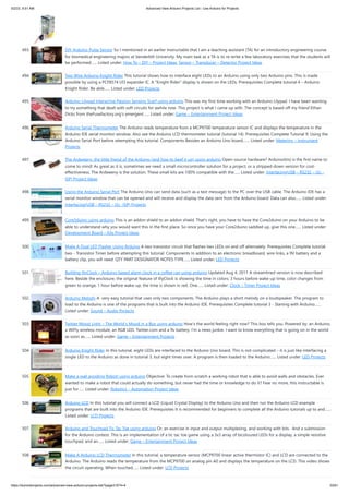 5/2/23, 9:51 AM Advanced View Arduino Projects List - Use Arduino for Projects
https://duino4projects.com/advanced-view-arduino-projects-list/?page31074=4 33/61
493. DIY Arduino Pulse Sensor So I mentioned in an earlier Instructable that I am a teaching assistant (TA) for an introductory engineering course
for biomedical engineering majors at Vanderbilt University. My main task as a TA is to re-write a few laboratory exercises that the students will
be performed…... Listed under: How To – DIY – Project Ideas, Sensor – Transducer – Detector Project Ideas
494. Two Wire Arduino Knight Rider This tutorial shows how to interface eight LEDs to an Arduino using only two Arduino pins. This is made
possible by using a PCF8574 I/O expander IC. A "Knight Rider" display is shown on the LEDs. Prerequisites Complete tutorial 4 – Arduino
Knight Rider. Be able…... Listed under: LED Projects
495. Arduino Lilypad Interactive Passion Sensing Scarf using arduino This was my first time working with an Arduino Lilypad. I have been wanting
to try something that dealt with soft circuits for awhile now. This project is what I came up with. The concept is based off my friend Ethan
Dicks from theFusefactory.org's emergent…... Listed under: Game – Entertainment Project Ideas
496. Arduino Serial Thermometer The Arduino reads temperature from a MCP9700 temperature sensor IC and displays the temperature in the
Arduino IDE serial monitor window. Also see the Arduino LCD thermometer tutorial (tutorial 14). Prerequisites Complete Tutorial 9: Using the
Arduino Serial Port before attempting this tutorial. Components Besides an Arduino Uno board,…... Listed under: Metering – Instrument
Projects
497. The Ardweeny: the little friend of the Arduino (and how to beef it up) using arduino Open-source hardware? Arduino(tm) is the first name to
come to mind! As great as it is, sometimes we need a small microcontroller solution for a project, or a stripped-down version for cost-
effectiveness. The Ardweeny is the solution. These small kits are 100% compatible with the…... Listed under: Interfacing(USB – RS232 – I2c -
ISP) Project Ideas
498. Using the Arduino Serial Port The Arduino Uno can send data (such as a text message) to the PC over the USB cable. The Arduino IDE has a
serial monitor window that can be opened and will receive and display the data sent from the Arduino board. Data can also…... Listed under:
Interfacing(USB – RS232 – I2c -ISP) Projects
499. Core3duino using arduino This is an addon shield to an addon shield. That's right, you have to have the Core2duino on your Arduino to be
able to understand why you would want this in the first place. So once you have your Core2duino saddled up, give this one…... Listed under:
Development Board – Kits Project Ideas
500. Make A Dual LED Flasher Using Arduino A two transistor circuit that flashes two LEDs on and off alternately. Prerequisites Complete tutorial
two - Transistor Timer before attempting this tutorial. Components In addition to an electronic breadboard, wire links, a 9V battery and a
battery clip, you will need: QTY PART DESIGNATOR NOTES TYPE…... Listed under: LED Projects
501. Building IllyClock – Arduino-based alarm clock in a coffee can using arduino Updated Aug 4, 2011 A streamlined version is now described
here. Beside the enclosure, the original feature of IllyClock is showing the time in colors: 3 hours before wake-up time, color changes from
green to orange; 1 hour before wake-up, the time is shown in red. One…... Listed under: Clock – Timer Project Ideas
502. Arduino Melody A very easy tutorial that uses only two components. The Arduino plays a short melody on a loudspeaker. The program to
load to the Arduino is one of the programs that is built into the Arduino IDE. Prerequisites Complete tutorial 3 - Starting with Arduino…...
Listed under: Sound – Audio Projects
503. Twitter Mood Light – The World’s Mood in a Box using arduino How's the world feeling right now? This box tells you. Powered by: an Arduino,
a WiFly wireless module, an RGB LED, Twitter.com and a 9v battery. I’m a news junkie. I want to know everything that is going on in the world
as soon as…... Listed under: Game – Entertainment Projects
504. Arduino Knight Rider In this tutorial, eight LEDs are interfaced to the Arduino Uno board. This is not complicated – it is just like interfacing a
single LED to the Arduino as done in tutorial 3, but eight times over. A program is then loaded to the Arduino…... Listed under: LED Projects
505. Make a wall avoiding Robot! using arduino Objective: To create from scratch a working robot that is able to avoid walls and obstacles. Ever
wanted to make a robot that could actually do something, but never had the time or knowledge to do it? Fear no more, this instructable is
just for…... Listed under: Robotics – Automation Project Ideas
506. Arduino LCD In this tutorial you will connect a LCD (Liquid Crystal Display) to the Arduino Uno and then run the Arduino LCD example
programs that are built into the Arduino IDE. Prerequisites It is recommended for beginners to complete all the Arduino tutorials up to and…...
Listed under: LCD Projects
507. Arduino and Touchpad Tic Tac Toe using arduino Or, an exercise in input and output multiplexing, and working with bits. And a submission
for the Arduino contest. This is an implementation of a tic tac toe game using a 3x3 array of bicoloured LEDs for a display, a simple resistive
touchpad, and an…... Listed under: Game – Entertainment Project Ideas
508. Make A Arduino LCD Thermometer In this tutorial, a temperature sensor (MCP9700 linear active thermistor IC) and LCD are connected to the
Arduino. The Arduino reads the temperature from the MCP9700 on analog pin A0 and displays the temperature on the LCD. This video shows
the circuit operating. When touched…... Listed under: LCD Projects
 