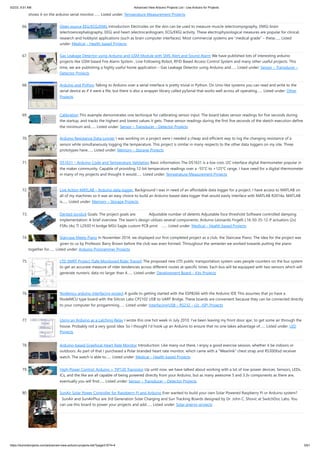 5/2/23, 9:51 AM Advanced View Arduino Projects List - Use Arduino for Projects
https://duino4projects.com/advanced-view-arduino-projects-list/?page31074=4 5/61
shows it on the arduino serial monitor.…... Listed under: Temperature Measurement Projects
66. Open source EEG/ECG/EMG Introduction Electrodes on the skin can be used to measure muscle (electromyography, EMG) brain
(electroencephalography, EEG) and heart (electrocardiogram, ECG/EKG) activity. These electrophysiological measures are popular for clinical,
research and hobbyist applications (such as brain computer interfaces). Most commercial systems are “medical grade” – these…... Listed
under: Medical – Health based Projects
67. Gas Leakage Detector using Arduino and GSM Module with SMS Alert and Sound Alarm We have published lots of interesting arduino
projects like GSM based Fire Alarm System , Line Following Robot, RFID Based Access Control System and many other useful projects. This
time, we are publishing a highly useful home application – Gas Leakage Detector using Arduino and…... Listed under: Sensor – Transducer –
Detector Projects
68. Arduino and Python Talking to Arduino over a serial interface is pretty trivial in Python. On Unix-like systems you can read and write to the
serial device as if it were a file, but there is also a wrapper library called pySerial that works well across all operating…... Listed under: Other
Projects
69. Calibration This example demonstrates one techinque for calibrating sensor input. The board takes sensor readings for five seconds during
the startup, and tracks the highest and lowest values it gets. These sensor readings during the first five seconds of the sketch execution define
the minimum and…... Listed under: Sensor – Transducer – Detector Projects
70. Arduino Resistance Data Logger I was working on a project were I needed a cheap and efficient way to log the changing resistance of a
sensor while simultaneously logging the temperature. This project is similar in many respects to the other data loggers on my site. Three
prototypes have…... Listed under: Memory – Storage Projects
71. DS1631 – Arduino Code and Temperature Validation Basic information The DS1631 is a low cost, I2C interface digital thermometer popular in
the maker community. Capable of providing 12-bit temperature readings over a -55°C to +125°C range. I have need for a digital thermometer
in many of my projects and thought it would…... Listed under: Temperature Measurement Projects
72. Live Action MATLAB – Arduino data logger. Background I was in need of an affordable data logger for a project. I have access to MATLAB on
all of my machines so it was an easy choice to build an Arduino based data logger that would easily interface with MATLAB R2014a. MATLAB
is…... Listed under: Memory – Storage Projects
73. Dented Joystick Goals: The project goals are: Adjustable number of detents Adjustable foce threshold Software controlled damping
Implementation: A brief overview: The team's design utilizes several components: Arduino Leonardo Firgelli L16-50-35-12-P actuators (2x)
FSRs (4x) TI L293D H bridge MSU Eagle custom PCB print …... Listed under: Medical – Health based Projects
74. Staircase Meets Piano In November 2014, we displayed our first completed project as a club, the Staircase Piano. The idea for the project was
given to us by Professor Barry Brown before the club was even formed. Throughout the semester we worked towards putting the piano
together for…... Listed under: Arduino Programmer Projects
75. LTD SMRT Project (Safe Monitored Rider Transit) The proposed new LTD public transportation system uses people counters on the bus system
to get an accurate measure of rider tendencies across different routes at specific times. Each bus will be equipped with two sensors which will
generate numeric data no larger than 4…... Listed under: Development Board – Kits Projects
76. Nodemcu arduino interfacing project A guide to getting started with the ESP8266 with the Arduino IDE This assumes that yo have a
NodeMCU type board with the Silicon Labs CP2102 USB to UART Bridge. These boards are convenient because they can be connected directly
to your computer for progamming…... Listed under: Interfacing(USB – RS232 – I2c -ISP) Projects
77. Using an Arduino as a Latching Relay I wrote this one hot week in July 2010. I've been leaving my front door ajar, to get some air through the
house. Probably not a very good idea. So I thought I'd hook up an Arduino to ensure that no one takes advantage of…... Listed under: LED
Projects
78. Arduino-based Graphical Heart Rate Monitor Introduction: Like many out there, I enjoy a good exercise session, whether it be indoors or
outdoors. As part of that I purchased a Polar branded heart rate monitor, which came with a "Wearlink" chest strap and RS300Xsd receiver
watch. The watch is able to…... Listed under: Medical – Health based Projects
79. High-Power Control: Arduino + TIP120 Transistor Up until now, we have talked about working with a lot of low-power devices. Sensors, LEDs,
ICs, and the like are all capable of being powered directly from your Arduino, but as many awesome 5 and 3.3v components as there are,
eventually you will find…... Listed under: Sensor – Transducer – Detector Projects
80. SunAir Solar Power Controller for Raspberry Pi and Arduino Ever wanted to build your own Solar Powered Raspberry Pi or Arduino system?
SunAir and SunAirPlus are 3rd Generation Solar Charging and Sun Tracking Boards designed by Dr. John C. Shovic at SwitchDoc Labs. You
can use this board to power your projects and add…... Listed under: Solar energy projects
 