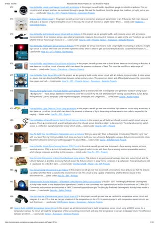 6/19/23, 9:02 AM Advanced View Arduino Projects List - Use Arduino for Projects
https://duino4projects.com/advanced-view-arduino-projects-list/?page31074=4 31/61
472. How to Build a Liquid Level Gauge Circuit with an Arduino In this project, we will build a liquid level gauge circuit with an arduino. This is a
circuit in which a liquid level can be monitored through a gauge. We read the liquid level from the gauge (low, medium, or high), just as you
see…... Listed under: How To – DIY – Projects, Metering – Instrument Projects
473. Arduino Light Meter Circuit In this project, we will go over how to connect an analog volt panel meter to an Arduino so that it can measure
and give us a readout of light striking the circuit. In this way, the circuit will function as a light meter. When…... Listed under: Metering –
Instrument Projects
474. How to Build a Soil Moisture Sensor Circuit with an Arduino In this project, we are going to build a soil moisture sensor with an Arduino
microcontroller. A soil moisture sensor, also called a hygrometer, measures the amount of moisture, or water, in the soil. Therefore, we can tell
whether the soil has enough moisture or…... Listed under: How To – DIY – Projects, Sensor – Transducer – Detector Projects
475. How to Build a Night Light Circuit Using an Arduino In this project, we will go over how to build a night light circuit using an arduino. A night
light circuit is a circuit which will turn on when nighttime comes, which is when it gets dark and the place could use some illumination. It…...
Listed under: How To – DIY – Projects, LED Projects
476. How to Build a Heat Detector Circuit Using an Arduino In this project, we will go over how to build a heat detector circuit using an Arduino. A
heat detector circuit is a circuit, of course, which can detect the presence or absence of heat. This could be useful for a wide range of
circuits…... Listed under: Sensor – Transducer – Detector Projects
477. How to Build a Color Sensor Circuit In this project, we are going to build a color sensor circuit with an Arduino microcontroller. A color sensor
is a device that can detect and differentiate between certain primary colors. This sensor can detect and differentiate between the colors white,
blue, green, and red.…... Listed under: How To – DIY – Projects, Sensor – Transducer – Detector Projects
478. Visual / Aural Guitar Tuner “The Tune Trainer” using arduino Build a strobe tuner with an integrated tone generator to teach tuning by ear. -
=Background=- I have always dabbled in instruments. Over the course of my life, I've attempted (with varying success) Piano, Guitar, Banjo,
Penny Whistle, Ocarina, Panpipes, Great Highland Bagpipes, Smallpipes, and Didgeridoo…... Listed under: Sound – Audio Projects
479. How to Build a Light Detector Circuit Using an Arduino In this project, we will go over how to build a light detector circuit using an arduino. A
light detector circuit is a circuit which can detect the presence or absence of light, depending on how we write our code to respond to the
varying…... Listed under: How To – DIY – Projects
480. How to Build an Infrared Proximity Switch Circuit Using an Arduino In this project, we will build an infrared proximity switch circuit using an
arduino. This is a circuit in which a switch activates when the infrared sensor detects an object in its proximity. The infrared proximity switch
sensor is a reflection-type photoelectric snesor which sends…... Listed under: How To – DIY – Projects
481. How To Build Your Own Ultrasonic Batgoggles using an Arduino Wish you were bat? Want to Experience Echolocation? Want to try to "see"
with your ears? For my first Instructable, I will show you how to build your own ultrasonic Batgoggles using an Arduino microcontroller clone,
Devantech ultrasonic sensor and welding goggles for around $60…... Listed under: Game – Entertainment Projects
482. How to Build a Simple Force Sensing Resistor (FSR) Circuit In this article, we will go over how to connect a force sensing resistor, or force
sensitive resistor, (FSR) to a circuit to build many different types of useful circuits with them. Force sensing resistors are variable resistors
which change resistance according to the pressure…... Listed under: How To – DIY – Projects
483. How to Install the Arduino to the Lithium Backpack using arduino The Arduino is an open source hardware input and output circuit and the
Lithium Backpack is a Ardino accessory that will power the Arduino when it is away from a computer or a wall power. These products are sold
at Liquidware for under $34 each.…... Listed under: Interfacing(USB – RS232 – I2c -ISP) Projects
484. How to Connect a Microphone to an Arduino In this project, we will go over how to connect a microphone to an arduino so that the arduino
can detect whether there is sound in the environment or not. This circuit is only capable of detecting whether there is sound in the
environment or…... Listed under: How To – DIY – Projects
485. Spectrographic Auroral Indicator – A Northern Lights Warning Device using arduino 3/16/2011 EDIT: The Wing Kp Predicted Geomagnetic
Activity Index model is now deployed and operational. Costello is now considered non-operational and will be discontinued on 23 Mar 2011.
Comments and questions are welcomed at SWPC.CustomerSupport@noaa.gov The Wing Kp Predicted Geomagnetic Activity Index model is
known…... Listed under: Security – Safety Projects
486. How to Integrate a Temperature Sensor Circuit to an LCD In this project, we will go over how we can build a temperature sensor circuit and
integrate it to an LCD so that we can get a readout of the temperature on the LCD. In previous projects with temperature sensor circuits, we
built the circuit…... Listed under: LCD Projects, Sensor – Transducer – Detector Projects
487. How to Build a LM335 Temperature Sensor Circuit In this project, we will demonstrate how to build temperature sensor circuit using a LM335 sensor. As a
temperature sensor, the circuit will read the temperature of the surrounding environment and relay this temperature to us back in degrees Kelvin. The difference
between an LM335…... Listed under: Sensor – Transducer – Detector Projects
 