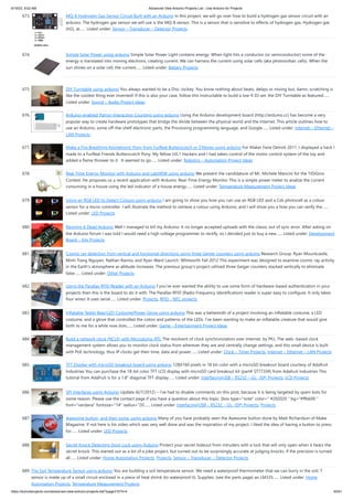 6/19/23, 9:02 AM Advanced View Arduino Projects List - Use Arduino for Projects
https://duino4projects.com/advanced-view-arduino-projects-list/?page31074=4 45/61
673. MQ-8 Hydrogen Gas Sensor Circuit Built with an Arduino In this project, we will go over how to build a hydrogen gas sensor circuit with an
arduino. The hydrogen gas sensor we will use is the MQ-8 sensor. This is a sensor that is sensitive to effects of hydrogen gas. Hydrogen gas
(H2), at…... Listed under: Sensor – Transducer – Detector Projects
674. Simple Solar Power using arduino Simple Solar Power Light contains energy. When light hits a conductor (or semiconductor) some of the
energy is translated into moving electrons, creating current. We can harness the current using solar cells (aka photovoltaic cells). When the
sun shines on a solar cell, the current…... Listed under: Battery Projects
675. DIY Turntable using arduino You always wanted to be a Disc-Jockey. You know nothing about beats, delays or mixing but, damn, scratching is
like the coolest thing ever invented! If this is also your case, follow this instructable to build a low-fi DJ set: the DIY Turntable as featured…...
Listed under: Sound – Audio Project Ideas
676. Arduino-enabled Patron Interaction Counting using arduino Using the Arduino development board (http://arduino.cc) has become a very
popular way to create hardware prototypes that bridge the divide between the physical world and the Internet. This article outlines how to
use an Arduino, some off-the-shelf electronic parts, the Processing programming language, and Google…... Listed under: Internet – Ethernet –
LAN Projects
677. Make a Fire Breathing Animetronic Pony from FurReal Butterscotch or S’Mores usnig arduino For Maker Faire Detroit 2011, I displayed a hack I
made to a FurReal Friends Butterscotch Pony. My fellow LVL1 Hackers and I had taken control of the motor control system of the toy and
added a flame thrower to it. It seemed to go…... Listed under: Robotics – Automation Project Ideas
678. Real-Time Energy Monitor with Arduino and LabVIEW using arduino We present the candidature of Mr. Michele Mancini for the TiDiGino
Contest. He proposes us a recent application with Arduino: Real-Time Energy Monitor This is a simple power meter to analize the current
consuming in a house using the led indicator of a house energy…... Listed under: Temperature Measurement Project Ideas
679. Using an RGB LED to Detect Colours using arduino I am going to show you how you can use an RGB LED and a Cds photocell as a colour
sensor for a micro-controller. I will illustrate the method to retrieve a colour using Arduino, and I will show you a how you can verify the…...
Listed under: LED Projects
680. Reviving A Dead Arduino Well I managed to kill my Arduino. It no longer accepted uploads with the classic out of sync error. After asking on
the Arduino forum I was told I would need a high voltage programmer to rectify, so I decided just to buy a new…... Listed under: Development
Board – Kits Projects
681. Cosmic ray detection from vertical and horizontal directions using three Geiger counters using arduino Research Group: Ryan Mountcastle,
Minh Trang Nguyen, Nathan Ranno, and Ryan Ward Launch: Whitworth Fall 2012 This experiment was designed to examine cosmic ray activity
in the Earth's atmosphere as altitude increases. The previous group's project utilized three Geiger counters stacked vertically to eliminate
false…... Listed under: Other Projects
682. Using the Parallax RFID Reader with an Arduino f you’ve ever wanted the ability to use some form of hardware-based authentication in your
projects then this is the board to do it with. The Parallax RFID (Radio Frequency Identification) reader is super easy to configure. It only takes
four wires! It uses serial…... Listed under: Projects, RFID - NFC projects
683. Inflatable Teddy Bear/LED Costume/Power Glove using arduino This was a behemoth of a project involving an inflatable costume, a LED
costume, and a glove that controlled the colors and patterns of the LEDs. I’ve been wanting to make an inflatable creature that would give
birth to me for a while now (lots…... Listed under: Game – Entertainment Project Ideas
684. Build a network clock (NCLK) with Microduino-RTC The resolvent of clock synchronization over internet. by PKJ, The web−based clock
management system allows you to monitor clock status from wherever they are and centrally change settings. and this small device is built
with PoE technology, thus IP clocks get their time, data and power…... Listed under: Clock – Timer Projects, Internet – Ethernet – LAN Projects
685. TFT Display with microSD breakout board using arduino 128X160 pixels in 18 bit color with a microSD breakout board courtesy of Adafruit
Industries You can purchase the 18-bit color TFT LCD display with microSD card breakout kit (part# ST7735R) from Adafruit Industries This
tutorial from Adafruit is for a 1.8" diagonal TFT display…... Listed under: Interfacing(USB – RS232 – I2c -ISP) Projects, LCD Projects
686. SPI Interfaces using Arduino Update (6/7/2012) – I’ve had to disable comments on this post, because it is being targeted by spam bots for
some reason. Please use the contact page if you have a question about this topic. [box type="note" color=" #202020 " bg="#ffbb00 "
font="verdana" fontsize="14" radius="20…... Listed under: Interfacing(USB – RS232 – I2c -ISP) Projects, Projects
687. Awesome button, and then some. usnig arduino Many of you have probably seen the Awesome button done by Matt Richardson of Make
Magazine. If not here is his video which was very well done and was the inspiration of my project. I liked the idea of having a button to press
for…... Listed under: LED Projects
688. Secret Knock Detecting Door Lock using Arduino Protect your secret hideout from intruders with a lock that will only open when it hears the
secret knock. This started out as a bit of a joke project, but turned out to be surprisingly accurate at judging knocks. If the precision is turned
all…... Listed under: Home Automation Projects, Projects, Sensor – Transducer – Detector Projects
689. The Soil Temperature Sensor using arduino You are building a soil temperature sensor. We need a waterproof thermometer that we can burry in the soil. The
sensor is made up of a small circuit enclosed in a piece of heat shrink (to waterproof it). Supplies: (see the parts page) an LM335…... Listed under: Home
Automation Projects, Temperature Measurement Projects
 