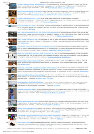 7/22/23, 10:27 AM Advanced View Arduino Projects List - Use Arduino for Projects
https://duino4projects.com/advanced-view-arduino-projects-list/?page31074=4 29/61
442. Construct A Bluetooth Controlled Robot Using Arduino In this proposed system we going to construct a basic DC motored robot which we
are going to control with android app easily available on google play store named bluecontrol. With Basic mobility of robot like forward,
Reverse, left, right we try to implement four…... Listed under: Bluetooth Projects, Robotics – Automation Projects
443. Arduino Project: Intervalometer for Fuji cameras This post is about an arduino-based intervalometer I built for my camera, a Fuji S9600 dSLR. I
decided to go for a very simple interface: a rotary switch in the middle of a plastic box which would allow me to select 12 pre-defined
intervals. I…... Listed under: Interfacing(USB – RS232 – I2c -ISP) Projects, Video – Camera – Imaging Projects
444. Automatic Garden Watering Device – Arduino As part of the Content Creation course for my MLIS degree (Our class blog:
http://scumakers.wordpress.com/ ), I needed to come up with a final project and wanted to learn to use an Arduino. In the end I came up with
this device to automatically sense…... Listed under: Home Automation Projects
445. Build An Hygrometer Using Arduino I am building an automated irrigation system for my vegetable patch. This will be a system that monitors
the soil moisture level and then turns on a pump to send water to my garden according to the detected moisture level. The water is coming
from…... Listed under: LED Projects
446. Make a Web Connected Robot (for about $500) (using an Arduino and Netbook) This Instructable will show you how to build your own Web
Connected Robot (using an Arduino micro-controller and Asus eee pc). Why would you want a Web Connected Robot? To play with of course.
Drive your robot from across the room or across the country,…... Listed under: Robotics – Automation Projects
447. How To Throw An Arduino Motor Party In this instructable I will show you how to throw an Arduino motor party. I will also be giving away an
Arduino Mega, Arduino Uno, and an Arduino Pro Mini. (Details at the end) Step 1: Assembly + Code You'll need a handful of motors…... Listed
under: Motor Projects
448. Send SMS from Arduino over the Internet using ENC28J60 and Thingspeak This Instructable explains how to send an SMS from an Arduino
using the Internet. There are many ways to approach this and I will explain one of the different methods used to accomplish this task. Some
major points needed for my project: I have a…... Listed under: Interfacing(USB – RS232 – I2c -ISP) Projects
449. Washer Dryer Laundry Alarm using Arudino & SMS Text Messaging Alerts Have you ever wished there was a better way to be notified when
your laundry was done? Have you ever forgotten a load in the washer because you couldn't hear the buzzer and your clothes became smelly
and moldy from sitting there for too long?…... Listed under: Home Automation Projects, Wireless Projects
450. Converting infrared to RF signals with Arduino In this project we will show you how to switch on and off the power sockets box with an IR
remote. Not only the power sockets box, but other RF receivers can be switched on and off with the same IR remote as well. We…... Listed
under: Wireless Projects
451. How to Make a Wireless Path Tracking System Using Mouse, XBee and Arduino The applications of microcontroller are not limited to control
simple electrical or electronic device but they are widely used in robotics and automotive industries nowadays. From simple rear view mirror
control to complex engine control functions are done by the microcontroller. The microcontroller can even…... Listed under: Wireless Projects
452. How to Transmit Mouse Data Using Xbee with Arduino The PS2 mouse is an input device which can communicate with a host device using
the PS2 protocol. It can be connected to a host device using the 6 pin mini DIN connector. The mouse will continuously give output which can
be decoded to get…... Listed under: Development Board – Kits Projects
453. How To Save a Text In The EEPROM of The Arduino A microcontroller might need to store its data like sensor value, or a particular count or
image data for a long period of time. The most common type of memory used with the microcontroller based systems is EEPROM. The
EEPROM stands for Electrically Erasable Programmable…... Listed under: LED Projects
454. Drawing an Arduino Circuit Diagram I've had an Arduino Duemilanove now for a couple of weeks. If you're not familiar with the Arduino, it is
"an open-source electronics prototyping platform based on flexible, easy-to-use hardware and software". It has a small microcontroller, a USB
port to connect to your computer…... Listed under: Interfacing(USB – RS232 – I2c -ISP) Projects
455. Generate Random Number using Arduino A random number generation is very important in computing devices which helps them to do task
in random manner. The applications of random number generation can be found in shuffling the audio files in an audio player, in almost all
kind of digital games, generating…... Listed under: Development Board – Kits Projects
456. Augment a Moog Etherwave Theremin I'm going to go through my process of hacking a Moog Etherwave Theremin. I created a new acrylic
top, partially sanded to be translucent in certain areas, and created my own circuit around an ATMega168 Arduino Bootloaded
microcontroller which is stealing a control voltage from…... Listed under: LED Projects
457. Project Suite Bros: Voice Activated LED Friendship Photoset (Arduino, Bluetooth, Crafts) (and partner-in-crime, Abbie). Now, I'm off to the next
stage of my life, so I decided to build this friendship photoset for Kevin and Briton to remember our golden era. We called ourselves: "The
Suite Bros". This project is actually an extension of the "Voice…... Listed under: LED Projects
458. Arduino Garage Controller Although there are many garage door projects on Instructable using Arduinos, I needed/wanted something
different. Last year, we had a warm summer and when I would come home after work, I would leave the garage door open about 1 foot so it
could cool off.…... Listed under: Interfacing(USB – RS232 – I2c -ISP) Projects
This website uses cookies to improve your experience. We'll assume you're ok with this, but you can opt-out if you wish. Check Privacy Policy
ACCEPT
 