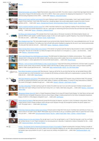 8/22/23, 12:10 PM Advanced View Arduino Projects List - Use Arduino for Projects
https://duino4projects.com/advanced-view-arduino-projects-list/?page31074=4 19/60
Projects
293. Digital thermometer using arduino Digital thermometer using arduino and LM35. This article is about a simple three digit digital thermometer
using arduino. Range of this thermometer is from 0°C to 99.9°C. There is also a provision for displaying the temperature in °F scale. Three
terminal analog temperature sensor LM35…... Listed under: Metering – Instrument Projects
294. Making sound (noise) machines using Arduino As a part of being an artist in residence at Instructables, I took it upon myself to build of
couple of noise machines / music boxes. My interest lies in designing objects that would enable people to explore the world of sound
synthesis and for…... Listed under: Game – Entertainment Projects, Home Automation Projects, Projects, Sound – Audio Projects
295. Arduino powered voltmeter and temp gauge For a while I have been looking for a way of getting a reading of main and leisure battery
voltage, and inside and outside temperature in the van. I spent ages on researching and found some bits here and there that might help, but
nothing…... Listed under: Sensor – Transducer – Detector Projects
296. Play Music using Arduino Esplora This example shows how to play notes on the buzzer mounted on the Arduino Esplora. Buzzers can
generate different audio signals in audible frequency ranges. A note is an audio signal at a specific frequency. If you know the frequency of
the notes you want…... Listed under: Projects, Sound – Audio Projects
297. Servo Feedback Hack (free) This Instructable brought to you by the kind folks a Rachel's Electronics Visit www.rachelselectronics.com for cool
electronics kits and breadouts! This hobby servo hack will add shaft position feedback by tapping into the servo's own internal potentiometer.
The only parts that need are wire and…... Listed under: Sensor – Transducer – Detector Projects
298. Make A Simple Object Tracking Robot Using Arduino In this tutorial I am going to post the step-by-step procedure to make a simple Object
Tracking Bot. The main aim of this Bot is to follow the objects which are shown to it in 3D space i.e., x, y and z – axis (horizontal,…... Listed
under: Robotics – Automation Projects
299. How to Send Message from GSM Module using Arduino The GSM stands for Global System for Mobile communications. This is a global
standard which is followed by the GSM modules inside the cellular phones which enables them to be connected with any mobile network
around the globe. In certain applications the microcontroller based systems…... Listed under: Phone Projects
300. RFIDuino – Using an Arduino & RFID Reader to make a puzzle GeoCache I enjoy both Geocaching and electronics and have made a couple of
electronic puzzle caches using an Arduino. My latest creation (with the help of a fellow cacher for the code) is using an Arduino and RFID
reader to make a puzzle geocache we call…... Listed under: Ideas, Interfacing(USB – RS232 – I2c -ISP) Project Ideas
301. Servo Motor Simulation via Arduino UNO Hey everyone. I hope you will be fine. As you know that last time, we had started Arduino UNO
course and given you a brief introduction how to simulate the LED blinking via Arduino UNO and its implementation in proteus ISIS. Now,
today we are…... Listed under: Motor Projects
302. Web Client Repeating using Arduino This example shows you how to make repeated HTTP requests using an Ethernet shield. This example
uses DNS, by assigning the Ethernet client with a MAC address, IP address, and DNS address. It connects to http://www.arduino.cc/latest.txt.
The conent of the page is viewable through your…... Listed under: Internet – Ethernet – LAN Projects, Projects
303. Poor Man’s Robot Base I've been wanting to get into robotics for awhile now, but it can cost at the very least 20 dollars to build a decent
motor base, and I wasn't willing to invest that much money into it, so I made a robot base using parts…... Listed under: Robotics – Automation
Project Ideas
304. Temperature Display Using LCD Here is a Simple Temperature Display Circuit using LCD (Liquid Crystal Display). For Heat Sensor we have used
IC LM35 (Precision Centigrade Temperature Sensors) whose Output voltage is linearly proportional to the Celsius (Centigrade) temperature.
Output of LM35 IC is 10mv/degree centigrade for eg if…... Listed under: LCD Projects
305. Arduino Based Lie Detector We have previously posted the the project lie detector, now here is is also a lie detector using arduino. Here is a
simple tutorial to build a simple lie detector which will give visual indication through LED arrangement whether the person speaks lie or
truth. The project uses a…... Listed under: LED Projects
306. Build A Easy Home Surveillance Gadget Using Arduino Everyone wants to keep their home secure. If zombies have swarmed your house, you
want to know it's not safe to return, RIGHT? What better way to do this than to set up a surveillance system? Now it's easier than ever to have.
And, you don't…... Listed under: Home Automation Projects, Security – Safety Project Ideas, Video – Camera – Imaging Projects
307. Lambda Calculus in a Can using Arduino You can get soup in a can. You can get bread in a can (*). Now the long wait is over! You can finally
get Lambda Calculus in a can. Project LambdaCan is an amusing exercise in absurdity. It implements a reducer (interpreter) for the…... Listed
under: Development Board – Kits Projects, Projects
308. Fritzing – The Ultimate Tool For Sketching Out Electronics Projects [Cross Platform] Despite sounding like an alcopop, Fritzing is actually an
incredible bit of free software you can use to create circuit and component diagrams for use with rapid-protoyping electronics boards such as
the fantastic open-source Arduino. As such, it’s open source too, entirely cross platform and…... Listed under: Development Board – Kits
Projects
 