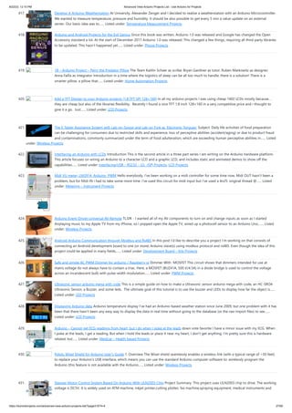 8/22/23, 12:10 PM Advanced View Arduino Projects List - Use Arduino for Projects
https://duino4projects.com/advanced-view-arduino-projects-list/?page31074=4 27/60
417. Develop A Arduino Weatherstation At University, Alexander Zenger and I decided to realize a weatherstation with an Arduino Microcontroller.
We wanted to measure temperature, pressure and humidity. It should be also possible to get every 5 min a value update on an external
server. Our basic idea was to…... Listed under: Temperature Measurement Projects
418. Arduino and Android Projects for the Evil Genius Since this book was written, Arduino 1.0 was released and Google has changed the Open
Accessory standard a lot. At the start of December 2011 Arduino 1.0 was released. This changed a few things, requiring all third-party libraries
to be updated. This hasn’t happened yet…... Listed under: Phone Projects
419. 1B – Arduino Project – Perry the Predator Pillow The Team Kaitlin Schaer as scribe; Bryan Gardiner as tutor; Ruben Markowitz as designer;
Anna Failla as integrator Introduction In a time where the logistics of sleep can be all too much to handle, there is a solution! There is a
smarter pillow, a pillow that…... Listed under: Home Automation Projects
420. Add a TFT Display to your Arduino projects (1.8 TFT SPI 128×160) In all my arduino projects I was using cheap 1602 LCDs mostly because…
they are cheap but also of the libraries flexibility. Recently I found a nice TFT 1.8 inch 128×160 in a very competitive price and i thought to
give it a go. Just…... Listed under: LCD Projects
421. The E-Taster Assistance System with Lab-on-Spoon and Lab-on Fork as ‘Electronic Tongues’ Subject: Daily life activities of food preparation
can be challenging for consumers due to restricted skills and experience, loss of perceptive abilities (accident/aging) or due to product fraud
and contaminations, commonly summarized under the term of food adulteration, which are exceeding human perceptive abilities in…... Listed
under: Wireless Projects
422. Interfacing an Arduino with LCDs Introduction This is the second article in a three part series I am writing on the Arduino hardware platform.
This article focuses on wiring an Arduino to a character LCD and a graphic LCD, and includes static and animated demos to show off the
capabilities…... Listed under: Interfacing(USB – RS232 – I2c -ISP) Projects, LCD Projects
423. Midi VU meter, LM3914, Arduino, PWM Hello everybody, I've been working on a midi controller for some time now, Midi OUT hasn't been a
problem, but for Midi IN i had to take some more time. i've used this circuit for midi input but i've used a 4n25: original thread @…... Listed
under: Metering – Instrument Projects
424. Arduino Event-Driven Universal AV Remote TL;DR - I wanted all of my AV components to turn on and change inputs as soon as I started
Airplaying music to my Apple TV from my iPhone, so I popped open the Apple TV, wired up a photocell sensor to an Arduino Uno,…... Listed
under: Wireless Projects
425. Android Arduino Communication through Modbus and Rs485 In this post I’d like to describe you a project I’m working on that consists of
connecting an Android development board to one (or more) Arduino slave(s) using modbus protocol and rs485. Even though the idea of this
project could be applied in many fields,…... Listed under: Development Board – Kits Projects
426. Safe and simple AC PWM Dimmer for arduino / Raspberry pi Dimmer With MOSFET This circuit shows that dimmers intended for use at
mains voltage do not always have to contain a triac. Here, a MOSFET (BUZ41A, 500 V/4.5A) in a diode bridge is used to control the voltage
across an incandescent bulb with pulse-width modulation…... Listed under: PWM Projects
427. Ultrasonic sensor arduino mega with code This is a simple guide on how to make a Ultrasonic sensor arduino mega with code, an HC-SRO4
Ultrasonic Sensor, a Buzzer, and some leds. The ultimate goal of this tutorial is to use the buzzer and LEDs to display how far the object is…...
Listed under: LED Projects
428. Displaying Arduino data Arduino temperature display I’ve had an Arduino-based weather station since June 2009, but one problem with it has
been that there hasn’t been any easy way to display the data in real time without going to the database (or the raw import files) to see…...
Listed under: LCD Projects
429. Arduino – Cannot get ECG readings from heart, but I do when I poke at the leads down vote favorite I have a minor issue with my ECG. When
I poke at the leads, I get a reading. But when I hold the leads or place it near my heart, I don't get anything. I'm pretty sure this is hardware
related, but…... Listed under: Medical – Health based Projects
430. Pololu Wixel Shield for Arduino User’s Guide 1. Overview The Wixel shield seamlessly enables a wireless link (with a typical range of ~50 feet)
to replace your Arduino’s USB interface, which means you can use the standard Arduino computer software to: wirelessly program the
Arduino (this feature is not available with the Arduino…... Listed under: Wireless Projects
431. Stepper Motor Control System Based On Arduino With ULN2003 Chip Project Summary: This project uses ULN2003 chip to drive. The working
voltage is DC5V. It is widely used on ATM machine, inkjet printer,cutting plotter, fax machine,spraying equipment, medical instruments and
 