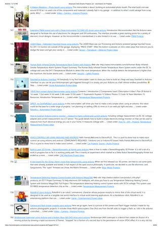 8/22/23, 12:10 PM Advanced View Arduino Projects List - Use Arduino for Projects
https://duino4projects.com/advanced-view-arduino-projects-list/?page31074=4 49/60
746. A Makers Wedding – Photo booth usnig arduino This Instructable is about: building an automated photo booth. The total build cost was
around $150 as I re-used a lot of the components and materials I already had in my garage - in addition to what I could salvage from scrap
yards. Why? -…... Listed under: Video – Camera – Imaging Projects
747. Extending PWM output pins with a Texas Instruments TLC5940 LED driver using arduino Introduction Microcontrollers like the Arduino were
designed to facilitate the use of electronics for designers and DIY enthusiasts. The interface provides a great starting points for a variety of
elecronic circuit designs. However, as the microcontroller is standardized, it is also limited in its use.…... Listed under: PWM Projects
748. LASER Maze – Halloween Haunted House using arduino The LASER Maze was our Processing and Arduino powered garage haunted house
for 2011. A monitor sits outside of the garage, displaying "PRESS START." After the button is pressed, an intro video plays that instructs you to
dodge the lasers and get your candy in…... Listed under: Sensor – Transducer – Detector Project Ideas
749. Human Body Infrared Smoke Temperature Alarm System with Arduino Web site: http://www.instructables.com/id/Human-Body-Infrared-
Smoke-Temperature-Alarm-System/ Project Summary: The Human Body Infrared Smoke Temperature Alarm System works under the DC 5v
voltage and uses the DH11 Temperature Module to detect the room temperature. When the module detects the temperature is higher than
the maximum, the buzzer alarms and…... Listed under: Security – Safety Projects
750. Doorbell to Arduino ‘Interface’ Hi Everybody In my first Instructable I want to show you how to build an cheap and easy Doorbell to Arduino
'Interface' so you can let your Arduinoproject get triggered through it or simply use your Arduino as a bell. Almost endless possibilities
Step…... Listed under: Home Automation Project Ideas
751. 1RE45 Non contact digital thermometer using arduino Contents 1 Introduction 2 Components Used 3 Description 4 Idea 5 Plan Of Action 6
1st week: 7 2nd week: 8 3rd week: 9 4th week 10 5th week 11 Expenses(In Rupees) 12 Videos, Photos 13 Code 14 Team Members 15
Resources: Introduction Temperature is…... Listed under: Temperature Measurement Projects
752. SPROT, my SimPleROboT using arduino in this instructable i will show you how to make a very simple robot, using an arduino. this robot
could be the base for a wide range of projects, i am planning on adding LDRs to mine so it can seek put light and also…... Listed under:
Robotics – Automation Project Ideas
753. How to build an Arduino energy monitor – measuring mains voltage and current arduino Including voltage measurement via AC-AC voltage
adapter and current measurement via a CT sensor. This guide details how to build a simple electricity energy monitor on that can be used to
measure how much electrical energy you use in your home. It measures voltage with…... Listed under: How To – DIY – Projects, Temperature
Measurement Project Ideas
754. VOICE CONTROL CAR USING ARDUINO AND ANDROID Hello friends,Welcome to ElectroPLUS . This is a post to show how to make voice
control car using arduino and android. COMPONENTS REQUIRED: 1.Arduino uno or Induino R3 board. Hello friends,Welcome to ElectroPLUS .
This is a post to show how to make voice control…... Listed under: Car Projects, Sound – Audio Projects
755. Build a Laser 3D Printer – Stereolithography at Home using arduino Here is how to make a Stereolithography 3D Printer. It is still a bit of a
work in progress but so far it is working pretty well. This is mainly an experiment which started as a Delta Robot Stereolithography Printer but
ended as a more…... Listed under: CNC Machines Project Ideas
756. A new board for the 3Drag: there’s more than Sanguinololu using arduino When we first released our 3D printer, we tried to use some parts
that were already available and tested, in full respect of the open source philosophy. In particular, we decided to use the electronic card
Sanguinololu. The “open” firmware we chose, the Marlin firmware…... Listed under: Blog, Motor Projects
757. Temperature Detecting Heating Control System with Arduino Mega2560 Web site: http://www.icstation.com/product_info.php?
products_id=3517 Project Summary: To help electronic DIY hobbyists, will show you how to use Temperature Detecting Heating Control
System with Arduino Mega2560. Full Project: The temperature detecting heating control system works with DC5V voltage. This system uses
DS18B20 temperature detection chip as the…... Listed under: Temperature Measurement Projects
758. RoboBrrd Using Arduino RoboBrrd is an robot / animatronic character whose purpose morphs to mirror that of the virtual world. It is
designed to be used as a tangible real world interface to virtual world learning applications. As a standalone robot, RoboBrrd is an
entertaining platform that can…... Listed under: Game – Entertainment Project Ideas
759. Camera and flash trigger module using arduino Here we go again, here is a picture of the camera and flash trigger module I made for my
arduino photographic projects: It includes three 4N26 optocouplers. One (first one from the left side) to trigger a flash, as I did in the arduino
controlled…... Listed under: Video – Camera – Imaging Projects
760. Stroboscope (zoetrope) using Arduino and a broken Xbox 360 DVD drive using arduino Stroboscope (AKA zoetrope) is a device that creates an illusion of a
moving picture by showing a rapid successions of frames "stopped" for a fraction of a second due to the persistence-of-vision (POV) effect. It is a very old toy;
 