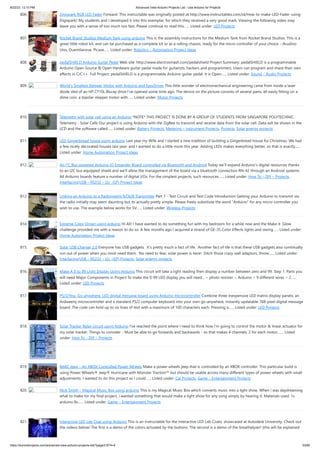 8/22/23, 12:10 PM Advanced View Arduino Projects List - Use Arduino for Projects
https://duino4projects.com/advanced-view-arduino-projects-list/?page31074=4 53/60
806. Digispark RGB LED Fader Forward: This instructable was originally posted at http://www.instructables.com/id/How-to-make-LED-Fader-using-
Digispark/ My students and I developed it into this exemplar, for which they received a very good mark. Viewing the following video may
leave you with a sense of too much too fast. Please continue to read this…... Listed under: LED Projects
807. Rocket Brand Studios Medium Tank using arduino This is the assembly instructions for the Medium Tank from Rocket Brand Studios. This is a
great little robot kit, and can be purchased as a complete kit or as a rolling chassis, ready for the micro controller of your choice --Arudino
Uno, Duemilanove, Picaxe…... Listed under: Robotics – Automation Project Ideas
808. pedalSHIELD Arduino Guitar Pedal Web site: http://www.electrosmash.com/pedalshield Project Summary: pedalSHIELD is a programmable
Arduino Open Source & Open Hardware guitar pedal made for guitarists, hackers and programmers. Users can program and share their own
effects in C/C++. Full Project: pedalSHIELD is a programmable Arduino guitar pedal. It is Open…... Listed under: Sound – Audio Projects
809. World’s Smallest Stepper Motor with Arduino and EasyDriver This little wonder of electromechanical engineering came from inside a laser
diode sled of an HP CT10L Bluray drive I’ve opened some time ago. The device on the picture consists of several parts, all easily fitting on a
dime coin: a bipolar stepper motor with…... Listed under: Motor Projects
810. Telemetry with solar cell using an Arduino *NOTE* THIS PROJECT IS DONE BY A GROUP OF STUDENTS FROM SINGAPORE POLYTECHNIC.
Telemetry - Solar Cells Our project is using Arduino with the ZigBee to transmit and receive data from the solar cell. Data will be shown in the
LCD and the software called…... Listed under: Battery Projects, Metering – Instrument Projects, Projects, Solar energy projects
811. LED Gingerbread house using arduino Last year my Wife and I started a new tradition of building a Gingerbread house for Christmas. We had
a few nicely decorated houses last year, and I wanted to do a little more this year. Adding LEDs makes everything better, so that is exactly…...
Listed under: Home Automation Project Ideas
812. An I²C Bus powered Arduino IO Expander Board controlled via Bluetooth and Android Today we’ll expand Arduino’s digital resources thanks
to an I2C bus equipped shield and we’ll allow the management of the board via a bluetooth connection RN-42 through an Android systems.
All Arduino boards feature a number of digital I/Os. For the simplest projects, such resources…... Listed under: How To – DIY – Projects,
Interfacing(USB – RS232 – I2c -ISP) Project Ideas
813. Linking an Arduino to a Radiometrix NTX2B Transmitter Part 1 - Test Circuit and Test Code Introduction Getting your Arduino to transmit via
the radio initially may seem daunting but its actually pretty simple. Please freely substitute the word “Arduino” for any micro-controller you
wish to use. The example below works for 5V…... Listed under: Wireless Projects
814. Extreme Color Organ using arduino Hi All! I have wanted to do something fun with my bedroom for a while now and the Make it Glow
challenge provided me with a reason to do so. A few months ago I acquired a strand of GE-35 Color Effects lights and owing…... Listed under:
Home Automation Project Ideas
815. Solar USB Charger 2.0 Everyone has USB gadgets. It's pretty much a fact of life. Another fact of life is that these USB gadgets also continually
run out of power when you most need them. No need to fear, solar power is here! Ditch those crazy wall adaptors, throw…... Listed under:
Interfacing(USB – RS232 – I2c -ISP) Projects, Solar energy projects
816. Make A 0 to 99 Light Display Using Arduino This circuit will take a light reading then display a number between zero and 99. Step 1: Parts you
will need Major Components in Project To make the 0-99 LED display you will need... ~ photo resister ~ Arduino ~ 9 different wires ~ 2…...
Listed under: LED Projects
817. PS/2/You: Go-anywhere, LED digital message board using Arduino microcontroller Combine three inexpensive LED matrix display panels, an
Ardweeny microcontroller and a standard PS/2 computer keyboard into your own go-anywhere, instantly updatable 768-pixel digital message
board. The code can hold up to six lines of text with a maximum of 100 characters each. Pressing a…... Listed under: LED Projects
818. Solar Tracker Relay circuit using Arduino I've reached the point where I need to think how I'm going to control the motor & linear actuator for
my solar tracker. Things to consider - Must be able to go forwards and backwards - so that makes 4 channels, 2 for each motor.…... Listed
under: How To – DIY – Projects
819. BARC Jeep – An XBOX Controlled Power Wheels Make a power wheels jeep that is controlled by an XBOX controller. This particular build is
using Power Wheels® Jeep® Hurricane with Monster Traction™ but should be usable across many different types of power wheels with small
adjustments. I wanted to do this project so I could…... Listed under: Car Projects, Game – Entertainment Projects
820. Nick Smith – Magical Music Box using arduino This is my Magical Music Box which converts music into a light show. When i was daydreaming
what to make for my final project, i wanted something that would make a light show for any song simply by hearing it. Materials used: 1x
arduino 8x…... Listed under: Game – Entertainment Projects
821. Interactive LED Lab Coat using Arduino This is an instructable for the Interactive LED Lab Coats, showcased at Autodesk University. Check out
the videos below! The first is a demo of the colors actuated by the buttons. The second is a demo of the breathalyzer! (this will be explained
 