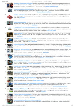 8/22/23, 12:10 PM Advanced View Arduino Projects List - Use Arduino for Projects
https://duino4projects.com/advanced-view-arduino-projects-list/?page31074=4 8/60
114. Build A Voice-Controlled Robot Using Arduino Story Voice-controlled Robot Voice-controlled robot is both hardware and cloud solution in
one piece. The main components are: 1. Alexa Skill - to interpret voice commands and translate them to Google Cloud Messaging messages -
deployed to Heroku cloud 2. Android application - to receive…... Listed under: Robotics – Automation Projects
115. Humidity Display of Date, Time and Temperature Story Have you ever wanted to make your own interface that can display the time, date,
along with the temperature and the humidity? Well it's a lot easier than you'd think. A few important components are needed, as shown
below. Arduino Uno/Nano Firstly we will…... Listed under: Temperature Measurement Projects
116. Serial Basic Hookup Guide Introduction The Serial Basic is an easy to use USB to Serial adapter based on the CH340G IC from WCH. It works
with 5V and 3.3V systems and should auto install on most operating systems without the need for additional drivers. It’s a great lower…...
Listed under: Other Projects
117. Arduino-Powered Water Bottle Introduction: Drinking enough water is very important for our health. Drinking more water can lead to clearer
skin, better overall health, improved productivity and brain function, increased energy levels, and even weight loss. In our busy lives, it is really
hard to remember to drink…... Listed under: Other Projects
118. Complete Digital Clock including Alarm and Motion Sensor I have done several designs of digital clocks for Arduino using LEDs and LCD
displays, but this one is more special because I added other features like alarm and motion sensor (PIR). Main features PIR (Presence Infrared
Sensor) RTC (real-time clock) Alarm Temperature Humidity Water…... Listed under: Clock – Timer Projects
119. Amazon Kitchen DRS The Project This project is a combination of the many smart fridges and pantry's of the past. The idea is to combine all
of them while also introducing Amazon's DRS system through Alexa and the Echo products as a bonus feature. The process will be…... Listed
under: Other Projects
120. Build A Wake Up Alarm Clock Using Arduino Story After designing the "Clock Set Date Time" and hearing the suggestion of ArduPic , I
thought it would be a good idea and also useful, add a "wake-up alarm." A small change to the code and adding a few components: Here's
"the Alarm Clock".…... Listed under: Clock – Timer Projects
121. Digital Dice using Arduino We all are familiar with dice and often played LUDO or SANP SIDI (Snake & Ladders) game by using dice. Dice is a
squire type solid box which contains 6 different numbers on all of its sides. We throw dice on a surface to get…... Listed under: Other Projects
122. Automatic Door Opener using Arduino You must have seen automatic door openers in shopping malls and other commercial buildings. They
open the door when someone comes near the entrance and close it after sometime. A number of technologies are available to make such
kinds of systems like PIR sensors, Radar sensors, Laser…... Listed under: Other Projects
123. Computer Controlled Robot using Arduino After designing this line follower robot using arduino uno, I have developed this computer
controlled robot. It can be controlled via the computer and we can use specific keyboard keys to move it. It runs over serial communication
which we have already discussed in our previous…... Listed under: Robotics – Automation Projects
124. DTMF Controlled Robot using Arduino In present time almost all the people are familiar with robots. Robots play a very important role in
human life. Robots are a machine which reduces the human efforts in heavy works in industries, building etc. and makes life easy. We are here
with our next robot…... Listed under: Robotics – Automation Projects
125. DC Motor Control using Arduino Here we are going to interface a DC motor to Arduino UNO and its speed is controlled. This is done by PWM
(Pulse Width Modulation). This feature is enabled in UNO to get variable voltage over constant voltage. The method of PWM is explained
here;…... Listed under: Motor Projects
126. Arduino Based LED Dimmer using PWM This LED DIMMER is an Arduino Uno based PWM (Pulse Width Modulation) circuit developed to get
variable voltage over constant voltage. The method of PWM is explained below. Before we get start building a 1 Watt LED Dimmer circuit,
first consider a simple circuit as shown in figure below. Now…... Listed under: PWM Projects
127. How to Use Shift Register 74HC595 with Arduino Uno? In ARDUINO we have 20 I/O pins, so we can program 20 pins of UNO to be used as
either input or output. Although there are more pins on ATMEGA328P controller than on UNO, this is because while designing the board
some pins are defaulted. Now…... Listed under: Memory – Storage Projects
128. Arduino Temperature Control – Adjust Fan Speed based on Temperature In this Arduino based project, we are going to control DC fan speed
according to the room temperature and show these parameter changes on a 16x2 LCD display. It is accomplished by the data
communications between Arduino, LCD, DHT11 sensor Module and DC fan that…... Listed under: Temperature Measurement Projects
129. Interfacing 16×2 LCD with Arduino To establish a good communication between human world and machine world, display units play an
important role. And so they are an important part of embedded systems. Display units - big or small, work on the same basic principle.
Besides complex display units like graphic displays…... Listed under: LCD Projects
130. 7 Segment Display Interfacing with Arduino In this tutorial we are going to interface a seven segment display to ARDUINO UNO. The display
counts from 0-9 and resets itself to zero. Before going further, let us first discuss about seven segment displays. A seven segment display got
its name from the very…... Listed under: LED Projects
131. Accelerometer Based Hand Gesture Controlled Robot using Arduino Robots are playing an important role in automation across all the sectors
like construction, military, medical, manufacturing, etc. After making some basic robots like line follower robot, computer controlled robot,
 