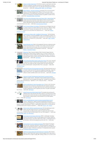 10/18/23, 9:51 AM Advanced View Arduino Projects List - Use Arduino for Projects
https://duino4projects.com/advanced-view-arduino-projects-list/?page31074=4 25/55
409. Arduino Tiny Relay Shield Project In this Arduino project, you will build a small relay
shield from stripboard. The shield can have one or two relays fitted to it. Connect
the Arduino and relay shield to your PC via a USB cable. Download the PC software
and use it to…... Listed under: Interfacing(USB – RS232 – I2c -ISP) Projects
410. Arduino Platform – Interrupts Introduction Introduction This is my second article
relating to the Arduino Microprocessor Platform. The first one was a simple
implementation of the SIMON game using the Arduino. The article can be found
here. For an introduction to the Arduino Hardware, see jeffb42's excellent articles,
as there…... Listed under: Development Board – Kits Projects
411. Open Source Home Automation Project using Arduino UNO + Ethernet Shield This
is Open Source Home Automation Project based on Arduino Uno and Arduino
Wiznet based Ethernet shield. How Does it Work The main brain for this project is
Arduino UNO Board along with Arduino Ethernet Shield to give it a wireless
connectivity.Arduino runs a code…... Listed under: Home Automation Projects
412. How To Connect A Buzzer To An Arduino This article and circuit diagram show how
to connect a buzzer to an Arduino when the buzzer operates at a different voltage
to the Arduino. The buzzer may operate at 9V, 12V or some other voltage.
Arduinos such as the Arduino Uno operate from 5V.…... Listed under: Arduino
Programmer Projects
413. Thermal Camera: Arduino UNO + MLX90614 IR Thermometer I did the following
steps: 1) Hardware: Connect the MLX90614 (refer to the datasheet) as follows: Pin 1
on MLX (SCL) connect to ANALOG pin 5 on Arduino Pin 2 on MLX (SDA) connect to
ANALOG pin 4 on Arduino Pin 3 on MLX (VDD)…... Listed under: Video – Camera –
Imaging Projects
414. Arduino MicroBot Project Steps On the breadboard, build two bi-directional motor
control circuits (also known as "H-bridge") circuits. These circuits will control the
two DC motors that drive the wheels. Each circuit will have two wires from the
Arduino (one for forward, one for backward) to control the…... Listed under:
Robotics – Automation Projects
415. Blinkenlights Topics: Overview Hardware A Basic Schematic Diagram Resistors
Reading Resistor Values Putting it Together Trying it out! More on Resistors and
LEDs Software Comments Variables Procedures References Project 1.Overview As
mentioned earlier, Arduino consists of two major parts: the hardware (the Arduino
board) and the…... Listed under: LED Projects
416. GPS and GSM based Vehicle Tracking System Using Arduino This circuit is designed
for tracking the location of vehicles. Most oftracking systems are made by using
GPS. This is very simple and cheap. Tracking systems are mostly used by fleet
operators for tracking a vehicle location, routing and others. This is a very good…... Listed under:
GPS Based Projects
417. Real Time GPS Tracker with Integrated Google Maps This project describes how you
can build a mobile real time GPS tracker with integrated Google Maps. I began this
project mainly to see if I can integrate all the different pieces of hardware and
software to make a workable solution, and it took some…... Listed under: GPS Based
Projects
418. ArduDroid: A Simple 2-Way Bluetooth-based Android Controller for Arduino
UPDATES October 30, 2013 - 7PM (GMT+2) The new official name for this app is
ArduDroid and it can be installed from Google Play. I changed the name to avoid a
naming conflict with another app. September 15, 2013: I Have won a Nexus…... Listed under:
Bluetooth Projects
419. Build An Audible Memory Chest [Instructables How-To] If you’re a fan of the Harry
Potter series then we also bet you were pretty taken with Hogwarts headmaster
Dumbledore’s pensive—the magical object that could not only store memories, but
actually let people fall into and re-experience the events. This week’s Instructables
How-To from…... Listed under: LED Projects
420. General Purpose Input Output Arduino Shield This example shows technique for
calibrating sensor input and shows the sensor outputs by controlling LEDs and SSD,
also shows how to monitor the state of a switch. Hardware Required 8 LEDS 2 push
button switches 2 sliding switches 4-SSD with MAX7221/7219 LM35 Speaker
Circuit…... Listed under: LED Projects
421. Stage 4: Complete Beginner’s Guide For Arduino Hardware Platform For DIY
Contents 1. Background 2. Setting up Arduino Development Environment 3.
Arduino Power Management 3.1 Powering Up Arduino Board 3.2 Output Power of
Arduino 4. Indicators And Switches 4.1 LED 4.1.1 Working With Onboard LED 4.1.2 Connecting and
Controlling External LED 4.2 Buzzer 4.3 Switches 5.…... Listed under: How To – DIY – Projects
422. Arduino project: USB foot-operated mouse switch This foot pedal plugs into the
Arduino case which plugs into your PC via microUSB cable. Arduino
microcontrollers can easily be used to power fun projects like robots and even
sending tweets to Twitter but they’re versatile enough to turn up in the strangest of…... Listed under:
Interfacing(USB – RS232 – I2c -ISP) Projects
423. Stream support for the Arduino MQTT library MQTT is a lightweight messaging
protocol for the Internet of Things. This post details the use of Stream support for
large payload storage in the Arduino MQTT library. MQTT is a lightweight protocol,
but that doesn't mean that the payloads have to be small. The…... Listed under:
Other Projects
424. Technical Details of Logging Seawater Temperature Block Diagram This diagram
shows the basic components required for collecting temperature readings from
seawater and transmitting the data to a base station where it can be collated into a
database for analysis. To the left is a schematic of 10 temperature sensors, spaced
1…... Listed under: Temperature Measurement Projects
425. Modifying an Arduino Mega and chipKIT Max32 for 5V Operation Max's Arduino
Mega and chipKIT Max32 both require 9V external supplies, but he really wishes to
power them from a single 5V supply. Well, nothing is simple, is it? I ran into a minor
 