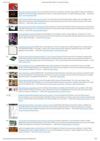 4/1/24, 9:21 AM Advanced View Arduino Projects List - Use Arduino for Projects
https://duino4projects.com/advanced-view-arduino-projects-list/?page31074=4 22/59
347. Binary metric clock using Arduino This is a very odd kind of clock, which can easily be made with simple supplies. To begin the explanation, I
would like to say that I have always wanted time to be metric. 5 o'clock would be mid-day, 7:5 would be three quarters (6:00…... Listed under:
Clock – Timer Project Ideas, Ideas
348. Hard Disk Clock (HDD Clock with Arduino Uno) This is a fun project that can be done easily and also cheaply. In this instructable we will
explain step by step how to make this beautiful POV clock. Used material: Arduino Uno, RTC modul, ULN 2003, IR diode and IR transistor
(used like a…... Listed under: Clock – Timer Projects
349. Home Automation Using Arduino & Autohotkey Its been awhile since i last posted something here. Was kinda busy with my university exams
& all! Idea for this project was in my mind for very long & i don’t think anyone would’ve done this project with Autohotkey! Anyway, this is a
necessity…... Listed under: Home Automation Projects
350. Volcom RGB Desktop Light Box Greetings! I'm Russell Petersen. I'm an engineer, inventor, designer, fabricator, and dreamer. I'm a junior
Electrical Engineer by trade, located and working in the San Francisco Bay Area. I love playing with Solid State Lighting, and came up with this
idea one night. Simply stated,…... Listed under: LED Projects
351. Twist Shield for the Arduino This little ‘Add-on’ board allows you to 'Twist' an existing Arduino Shield 90 degree from its original footprint
Twist Shield.brd42 KB Step 1: The Problem... Have you ever finished a project and then realized you stopped one step too soon? While
plugging in various shields I…... Listed under: Development Board – Kits Project Ideas, Ideas
352. FTDI Vinco USB Host/Device Development Platform – also for Android & Arduino FTDI has announced its commitment to supporting the
Android Open Accessories initiative, thus allowing engineers to realize exciting new system designs that are compatible with tablets and
smartphones utilising the highly popular Android operating system. "FTDI is very excited about the new Android Open Accessories…... Listed
under: Phone Projects
353. Microcontrolled Farm Equipment Modified BaleScoop(for picking hay bales out of the field) from manual levers to arduino controlled
functions. This eliminates the need for 3 sets of hydraulic hoses to only one set and operator can focus more on where they are going rather
then controling the implement. This is set…... Listed under: Other Projects
354. Arduino PID Motor Controller INTRODUCTION : The development of high performance motor drives is very important in industrial as well as
other purpose applications. Generally all high performance motor drives use quadrature encoders and PID control because of its simplicity
and precise control. The quadrature encoder acts as a…... Listed under: Motor Projects
355. Arduino Ultrasonic Parking Spotter For my first instructable, I'd like to present The Parking Spotter. This is not a new concept, I know.
However, this build was done specifically to suit my needs/wants/materials already in my possession. Typically, a project begins with an idea,
parts are then gathered, and…... Listed under: Arduino Car Project Ideas, Ideas, Sensor – Transducer – Detector Project Ideas
356. ZIF socket Arduino-compatible board In this tutorial we make an Arduino-compatible board that holds the microcontroller in a ZIF socket.
Updated 18/03/2013 Today we are going to make a different type of Arduino-compatible board, one that has a ZIF (“zero insertion force”)
socket. Our reason for making this is…... Listed under: Development Board – Kits Projects, Projects
357. Bootload an ATmega Microcontroller & Build Your Own Arduino – 2 Since you lacked the USB interface in your own Arduino board, it
becomes necessary to use a homemade/ready-made USB to Serial Converter Module as an efficient and economical solution. Inexpensive and
easy-to-use USB to Serial Converter modules are now widely available, such as one shown…... Listed under: Interfacing(USB – RS232 – I2c -ISP)
Projects
358. Simple Remote Data Plotting using Android / Arduino / pfodApp Simple Remote Data Plotting using Android / Arduino / pfodApp This
Instructable shows you how to plot Arduino sensor data on your Android mobile and capture it for later downloading to your computer.
These instructions are also avaliable at www.pfod.com.au No Android programming is required…... Listed under: Arduino Android, Arduino
Programmer Projects, Phone Projects
359. How To Make a Simple Variable Frequency Generator Using Arduino A frequency generator is a very handy device in electronic design,
development, testing and trouble shooting. It is such a kind of device which can generate the required frequencies which can be then applied
directly to the target device for testing it. There are frequency…... Listed under: Development Board – Kits Projects
360. Build A Fun Hackable Speaker Timer Using Arduino This is a fun speaker timer I made for some upcoming conferences. It uses a 4-digit
charlieplexed LED (pseudo 7-segment) display and is driven by a AVR ATMega328 or an Arduino. It allows a default time to be set, can be
paused, and will put…... Listed under: Clock – Timer Projects
 