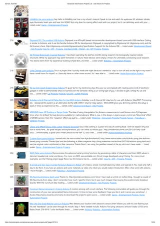 3/21/23, 9:20 AM Advanced View Arduino Projects List - Use Arduino for Projects
https://duino4projects.com/advanced-view-arduino-projects-list/?page31074=5 15/53
215. LittleBitty Joe using arduino Say Hello to littleBitty Joe! Joe is my school's mascot! Speak to Joe and watch his eyebrows lift, whiskers vibrate,
eyes illuminate, heart spin and hear him ROAR! Not only does his roaring affect work with our project, but it can definitely work with your…...
Listed under: Game – Entertainment Projects
216. Digispark DIY: The smallest USB Arduino Digispark is an ATtiny85 based microcontroller development board come with USB interface. Coding
is similar to Arduino, and it use the familiar Arduino IDE for development. Digispark is copyrighted by Digistump LLC (digistump.com) and the
full license is here: http://digistump.com/wiki/digispark/policy Specification: Support for the Arduino IDE…... Listed under: Development Board
– Kits Projects, How To – DIY – Projects, Interfacing(USB – RS232 – I2c -ISP) Projects, Projects
217. 3D-Printed Biologically-Inspired Robotics I have been spending the last few months doing research into biologically inspired robotic
structures. While my approach may seem formalistic in nature, these devices were simply a means for ultimately conducting social research.
This desire stems from my experience building Simple Bots, and their…... Listed under: Robotics – Automation Projects
218. Light Clapper using arduino This is a project that I quickly made one night because I wanted to 'clap' to turn off and on the light in my room! I
have a small room for myself, so I basically have no other noise around. So, I was able to…... Listed under: Home Automation Projects
219. RC Car Anti-Crash System Using Arduino Hi guys! So for my electronics class this year we were tasked with creating some kind of electronic
gadget in order to demonstrate what we learned over the semester. Being a car-loving type of guy, I decided to get a cheap RC car and
see…... Listed under: Car Projects, Projects, Security – Safety Projects
220. Arduilay is An 8 Channel AC Relay Box For Use With Arduino Arduilay is an 8 channel AC relay box for use with Arduino, Max/MSP, Processing,
etc. I designed this system as an alternative to the USB>DMX 4 channel relay option. While DMX gives you dimming control, the setup is
easily 5 times as expensive as this…... Listed under: Development Board – Kits Projects
221. ARDUINO Laser 3D Tracking or Range Finder The idea of using triangulation for distance measurements is well known since Pythagorean
time, when his brilliant formula become available for mathematicians. What is new in this design, is lasers power control via “blooming” effect
of CMOS camera. Here this “negative” effect was put to…... Listed under: Metering – Instrument Projects, Projects, Sensor – Transducer –
Detector Projects
222. Cheap and effective Sous Vide cooker (Arduino powered) Sous-vide cooking is a great new way of cooking food. I will not explain why and
how it works here... for great recipes and explanations, you can check out those guys : http://modernistcuisine.com/2013/01/why-cook-
sous-... Unfortunately, a good (and I mean precise to the half °C) sous-vide…... Listed under: Home Automation Projects
223. 2 player Pong using Arduino I started with the Instructable from Kyle Brinckerhoff; http://www.instructables.com/id/Ardu-pong-the-Arduino-
based-pong-console/ Thanks Kyle! and the following at Make magazine http://blog.makezine.com/archive/2007/08/arduino-pong.html and I
see the original code is attributed to Pete Lamonica Thanks Pete!! I am using the paddles instead of the joy stick and I have made…... Listed
under: Game – Entertainment Projects, Projects
224. ASCII Table using Arduino Demonstrates the advanced serial printing functions by generating a table of characters and their ASCII values in
decimal, hexadecimal, octal, and binary. For more on ASCII, see asciitable.com Circuit image developed using Fritzing. For more circuit
examples, see the Fritzing project page None, but the Arduino has to…... Listed under: How To – DIY – Projects, Projects
225. A Simple and Very Easy Inverted Pendulum Balancing Robot Let's make a simple inverted balancing robot, and operate it. You need only half a
day to do them, if you have an arduino and some materials. [a video of a robot you would make] introduction: After a few work with arduino,
I have thought…... Listed under: Robotics – Automation Projects
226. Wii Nunchuck Arduino Spirit Level Thanks to: http://jeonlab.wordpress.com/ Since I have read an article on todbot blog, I bought a couple of
Wii Nunchucks from ebay. I don't remember how much I paid for them, but it was much cheaper than buying the accelerometer breakout
boards. With the nunchuck data reading…... Listed under: Development Board – Kits Projects, Projects
227. Construct Nama Instrument 1.0 Using Arduino A motion sensing soft-circuit interface. The following instructable will guide you through the
construction of your own personalized Nama Instrument. I'd love to hear some feedback. Hope you like it and it serves you somehow! : )
Access http://www.viraseres.com/nama to download the project's open source…... Listed under: Game – Entertainment Projects, Home
Automation Projects
228. Wex, the One Eyed Watcher using an Arduino Wex detects your location with ultrasonic sensors then follows you with his one flashing eye.
His red "heartbeat" can be seen through his mouth. Step 1: Parts needed include: Arduino Two ping ultrasonic sensors Futaba s3103 servo
Radio Shack 276-0016 7 color led Radio Shack …... Listed under: Projects, Robotics – Automation Projects
 