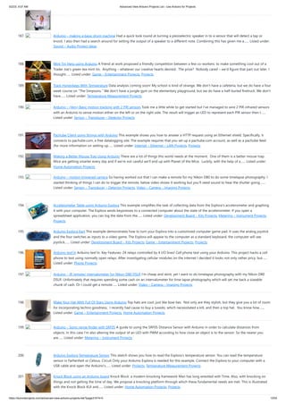 5/2/23, 9:57 AM Advanced View Arduino Projects List - Use Arduino for Projects
https://duino4projects.com/advanced-view-arduino-projects-list/?page31074=5 13/53
187. Arduino – making a basic drum machine Had a quick look round at turning a piezoelectric speaker in to a sensor that will detect a tap or
knock. I also then had a search around for setting the output of a speaker to a different note. Combining this has given me a…... Listed under:
Sound – Audio Project Ideas
188. Mint Tin Hero using Arduino A friend at work proposed a friendly competition between a few co-workers: to make something cool out of a
Trader Joe’s green tea mint tin. Anything – whatever our creative hearts desired. The prize? Nobody cared – we’d figure that part out later. I
thought…... Listed under: Game – Entertainment Projects, Projects
189. Track Honeybees With Temperature Data analysis coming soon! My school is kind of strange. We don't have a cafeteria, but we do have a four
week course on "The Simpsons." We don't have a jungle-gym on the elementary playground, but we do have a half-buried firetruck. We don't
have…... Listed under: Temperature Measurement Projects
190. Arduino – (Very) Basic motion tracking with 2 PIR sensors Took me a little while to get started but I’ve managed to wire 2 PIR infrared sensors
with an Arduino to sense motion either on the left or on the right side. The result will trigger an LED to represent each PIR sensor then I…...
Listed under: Sensor – Transducer – Detector Projects
191. Pachube Client using Strings with Arduino This example shows you how to answer a HTTP request using an Ethernet shield. Specifically, it
connects to pachube.com, a free datalogging site. The example requires that you set up a pachube.com account, as well as a pachube feed
(for more information on setting up…... Listed under: Internet – Ethernet – LAN Projects, Projects
192. Making a Better Mouse Trap Using Arduino There are a lot of things this world needs at the moment. One of them is a better mouse trap.
Mice are getting smarter every day and if we're not careful we'll end up with Planet of the Mice. Luckily, with the help of a…... Listed under:
Home Automation Projects
193. Arduino – motion triggered camera So having worked out that I can make a remote for my Nikon D80 to do some timelapse photography. I
started thinking of things I can do to trigger the remote, below video shows it working but you’ll need sound to hear the shutter going.…...
Listed under: Sensor – Transducer – Detector Projects, Video – Camera – Imaging Projects
194. Accelerometer Table using Arduino Esplora This example simplifies the task of collecting data from the Esplora's accelerometer and graphing
it with your computer. The Esplora sends keypresses to a connected computer about the state of the accelerometer. If you open a
spreadsheet application, you can log the data from the…... Listed under: Development Board – Kits Projects, Metering – Instrument Projects,
Projects
195. Arduino Esplora Kart This example demonstrates how to turn your Esplora into a customized computer game pad. It uses the analog joystick
and the four switches as inputs to a video game. The Esplora will appear to the computer as a standard keyboard, the computer will see
joystick…... Listed under: Development Board – Kits Projects, Game – Entertainment Projects, Projects
196. Arduino text’in Arduino text‘in. Key Features: 24 relays controlled by 4 I/O lines! Cell phone text using your Arduino. This project hacks a cell
phone to text using normally open relays. After investigating cellular modules on the internet I decided it looks not only rather pricy, but…...
Listed under: Phone Projects
197. Arduino – IR remote/ intervalometer for Nikon D80 DSLR I’m cheap and skint, yet I want to do timelapse photography with my Nikon D80
DSLR. Unfortnately that requires spending some cash on an intervalometer for time lapse photography which will set me back a sizeable
chunk of cash. Or I could get a remote…... Listed under: Video – Camera – Imaging Projects
198. Make Your Hat With Full Of Stars Using Arduino Top hats are cool; just like bow ties. Not only are they stylish, but they give you a lot of room
for incorporating techno goodness. I recently had cause to buy a tuxedo, which necessitated a kilt, and then a top hat. You know how…...
Listed under: Game – Entertainment Projects, Home Automation Projects
199. Arduino – Sonic range finder with SRF05 A guide to using the SRF05 Distance Sensor with Arduino in order to calculate distances from
objects. In this case I’m also altering the output of an LED with PWM according to how close an object is to the sensor. So the nearer you
are…... Listed under: Metering – Instrument Projects
200. Arduino Esplora Temperature Sensor This sketch shows you how to read the Esplora's temperature sensor. You can read the temperature
sensor in Farhenheit or Celsius. Circuit Only your Arduino Esplora is needed for this example. Connect the Esplora to your computer with a
USB cable and open the Arduino's…... Listed under: Projects, Temperature Measurement Projects
201. Knock Block using an Arduino board Knock Block: a modern knocking framework Man has long wrestled with Time. Also, with knocking on
things and not getting the time of day. We propose a knocking platform through which these fundamental needs are met. This is illustrated
with the Knock Block KUI and…... Listed under: Home Automation Projects, Projects
 