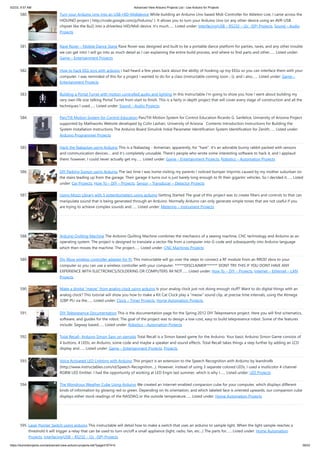 5/2/23, 9:57 AM Advanced View Arduino Projects List - Use Arduino for Projects
https://duino4projects.com/advanced-view-arduino-projects-list/?page31074=5 39/53
580. Turn your Arduino Uno into an USB-HID-Mididevice While building an Arduino Uno based Midi-Controller for Ableton Live, I came across the
HIDUINO project ( http://code.google.com/p/hiduino/ ). It allows you to turn your Arduino Uno (or any other device using an AVR-USB
chipset like the 8u2) into a driverless HID/Midi device. It's much…... Listed under: Interfacing(USB – RS232 – I2c -ISP) Projects, Sound – Audio
Projects
581. Rave Rover – Mobile Dance Stage Rave Rover was designed and built to be a portable dance platform for parties, raves, and any other trouble
we can get into! I will go into as much detail as I can explaining the entire build process, and where to find parts and other…... Listed under:
Game – Entertainment Projects
582. How to hack EEG toys with arduino i had heard a few years back about the ability of hooking up toy EEGs so you can interface them with your
computer. I was reminded of this for a project i wanted to do for a class (instructable coming soon ;-)), and i also…... Listed under: Game –
Entertainment Projects
583. Building a Portal Turret with motion controlled audio and lighting In this Instructable I'm going to show you how I went about building my
very own life size talking Portal Turret from start to finish. This is a fairly in depth project that will cover every stage of construction and all the
techniques I used…... Listed under: Sound – Audio Projects
584. Pan/Tilt Motion System for Control Education Pan/Tilt Motion System for Control Education Ricardo G. Sanfelice, University of Arizona Project
supported by Mathworks Website developed by Colin Lasharr, University of Arizona Contents Introduction Instructions for Building the
System Installation Instructions The Arduino Board Simulink Initial Parameter Identification System Identification for Zenith…... Listed under:
Arduino Programmer Projects
585. Hack the Nabaztag using Arduino This is a Nabaztag - Armenian, apparently, for "hare". It's an adorable bunny rabbit packed with sensors
and communication devices.... and it's completely unusable. There's people who wrote some interesting software to hack it, and I applaud
them: however, I could never actually get my…... Listed under: Game – Entertainment Projects, Robotics – Automation Projects
586. DIY Parking Sonsor using Arduino The last time I was home visiting my parents I noticed bumper imprints caused by my mother suburban on
the stairs leading up from the garage. Their garage it turns out is just barely long enough to fit their gigantic vehicles. So I decided it…... Listed
under: Car Projects, How To – DIY – Projects, Sensor – Transducer – Detector Projects
587. Using Mozzi Library with 5 potentiometers using arduino Getting Started The goal of this project was to create filters and controls to that can
manipulate sound that is being generated through an Arduino. Normally Arduino can only generate simple tones that are not useful if you
are trying to achieve complex sounds and…... Listed under: Metering – Instrument Projects
588. Arduino Quilting Machine The Arduino Quilting Machine combines the mechanics of a sewing machine, CNC technology and Arduino as an
operating system. The project is designed to translate a vector file from a computer into G-code and subsequently into Arduino language
which then moves the machine. The project…... Listed under: CNC Machines Projects
589. Diy Xbox wireless controller adapter for Pc This instructable will go over the steps to connect a RF module from an RROD xbox to your
computer so you can use a wireless controller with your computer. ******DISCLAIMER******* DONT TRY THIS IF YOU DONT HAVE ANY
EXPERIENCE WITH ELECTRONICS/SOLDERING OR COMPUTERS IM NOT…... Listed under: How To – DIY – Projects, Internet – Ethernet – LAN
Projects
590. Make a digital “meow” from analog clock using arduino Is your analog clock just not doing enough stuff? Want to do digital things with an
analog clock? This tutorial will show you how to make a Kit Cat Clock play a “meow” sound clip, at precise time intervals, using the Atmega
328P-PU via the…... Listed under: Clock – Timer Projects, Home Automation Projects
591. DIY Telepresence Documentation This is the documentation page for the Spring 2012 DIY Telepresence project. Here you will find schematics,
software, and guides for the robot. The goal of the project was to design a low-cost, easy to build telepresence robot. Some of the features
include: Segway based…... Listed under: Robotics – Automation Projects
592. Total Recall- Arduino Simon Says on steroids Total Recall is a Simon based game for the Arduino. Your basic Arduino Simon Game consists of
4 buttons, 4 LEDs, an Arduino, some code and maybe a speaker and sound effects. Total Recall takes things a step further by adding an LCD
display and…... Listed under: Game – Entertainment Projects, Projects
593. Voice Activated LED Lighting with Arduino This project is an extension to the Speech Recognition with Arduino by leandro4b
(http://www.instructables.com/id/Speech-Recognition…). However, instead of using 3 separate colored LEDs, I used a multicolor 4-channel
RGBW LED Emitter. I had the opportunity of working at LED Engin last summer, which is why I…... Listed under: LED Projects
594. The Wondrous Weather Cube Using Arduino We created an Internet-enabled companion cube for your computer, which displays different
kinds of information by glowing red or green. Depending on its orientation, and which labeled face is oriented upwards, our companion cube
displays either stock readings of the NASDAQ or the outside temperature…... Listed under: Home Automation Projects
595. Laser Pointer Switch using arduino This instructable will detail how to make a switch that uses an arduino to sample light. When the light sample reaches a
threshold it will trigger a relay that can be used to turn on/off a small appliance (light, radio, fan, etc...) The parts for…... Listed under: Home Automation
Projects, Interfacing(USB – RS232 – I2c -ISP) Projects
 