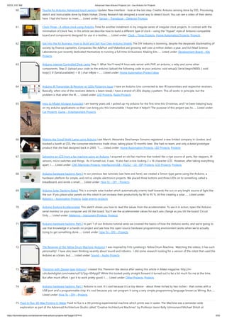 5/2/23, 9:57 AM Advanced View Arduino Projects List - Use Arduino for Projects
https://duino4projects.com/advanced-view-arduino-projects-list/?page31074=5 5/53
60. Touche for Arduino: Advanced touch sensing Update: New interface - look at the last step. Credits: Arduino sensing done by DZL, Processing
sketch and Instructable done by Mads Hobye. Disney Research lab designed a novel way to detect touch. You can see a video of their demo
here: I had the honor to meet…... Listed under: Sensor – Transducer – Detector Projects
61. Clock Three – A pillow clock using Arduino Time for another instalment in my irregular series of irregular clock projects. In contrast with the
minimalism of Clock Two, in this article we describe how to build a different type of clock – using the “lilypad” style of Arduino-compatible
board and components designed for use in e-textiles…... Listed under: Clock – Timer Projects, Home Automation Projects, Projects
62. Get Into the Kit Business: How to Build and Sell Your Own Arduino Shields The DIY industry is booming, despite the desperate blackmailing of
society by finance capitalists. Companies like Adafruit and Makerbot are grossing well over a million dollars a year, and Evil Mad Science
Laboratories just recently dedicated themselves to running a full-time kit business. Making kits…... Listed under: Development Board – Kits
Projects
63. Arduino Internet Controlled Desk Lamp Step 1: What You'll need A linux web-server with PHP, an arduino, a relay and some other
components. Step 2: Upload your code to the arduino Upload the following code to your arduino: void setup(){ Serial.begin(9600); } void
loop() { if (Serial.available() > 0) { char inByte =…... Listed under: Home Automation Project Ideas
64. Arduino IR Transmitter & Receiver w/ LEDs Flickering Issue I have an Arduino Uno connected to two IR transmitters and respective receivers.
Basically, when one of the receivers detects a beam break, I have a strand of LEDs display a pattern. This all works in principle, but the
problem is that when the IR…... Listed under: LED Projects, Radio Projects
65. Intro to Model Airplane Autopilot I am twenty years old. I picked up my arduino for the first time this Christmas, and I've been keeping busy
on my arduino applications so that I can bring you this instructable. I hope that it helps!!! The purpose of this project was to…... Listed under:
Car Projects, Game – Entertainment Projects
66. Making the Good Night Lamp using Arduino Last March, Alexandra Deschamps-Sonsino registered a new limited company in London, and
booked a booth at CES, the consumer electronics trade show, taking place 10 months later. She had no team, and only a dated prototype
product that she had designed back in 2005. “I…... Listed under: Home Automation Projects, LED Projects, Projects
67. Salvaging an LCD from a fax machine using an Arduino I acquired an old fax machine that looked like a ripe source of parts, like steppers, IR
sensors, micro switches and things. As it turned out, it was. It also had a nice looking 2 x 16 character LCD. However, after taking everything
apart, I…... Listed under: CNC Machines Projects, Interfacing(USB – RS232 – I2c -ISP) Projects, LCD Projects, Projects
68. Arduino hardware hacking: Part 3 In our previous two tutorials (see here and here), we created a Simon-type game using the Arduino, a
hardware platform for simple, and not so simple, electronics projects. We placed three buttons and three LEDs on to something called a
breadboard, and wrote a small…... Listed under: How To – DIY – Projects
69. Arduino Solar Tracking Robot This is a simple solar tracker which automatically orients itself towards the sun or any bright source of light like
the sun .If you place solar panels on this robot it can increase their productivity by 90 to 95 %. At first creating a solar…... Listed under:
Robotics – Automation Projects, Solar energy projects
70. Arduino Esplora Accelerometer This sketch shows you how to read the values from the accelerometer. To see it in action, open the Arduino
serial monitor on your computer and tilt the board. You'll see the accelerometer values for each axis change as you tilt the board. Circuit
Only…... Listed under: Metering – Instrument Projects, Projects
71. Arduino hardware hacking: Part 2 In part 1 of our Arduino tutorial seres we covered the basics of how the Arduino works, and we're going to
use that knowledge in a hands-on project and see how this open-source hardware programming environment works when we're actually
trying to get something done…... Listed under: How To – DIY – Projects
72. The Revenge of the Yellow Drum Machine (Arduino) I was inspired by Frits Lyneborg's Yellow Drum Machine. Watching the videos, it has such
personality! I have also been thinking recently about sound and robotics. I did some research looking for a version of the robot that used the
Arduino as a brain, but…... Listed under: Sound – Audio Projects
73. Theremin with Zapper,laser,Arduino I created this Theremin like device after seeing this article in Make magazine: http://m-
cdn.dashdigital.com/make/vol15/?pg=69#pg67 While this looked pretty straight forward it turned out to be a bit much for me at the time.
But after much effort, I got it to work pretty good. I…... Listed under: Other Projects, Projects
74. Arduino hardware hacking: Part 1 Arduino is cool. It's cool because it's a tiny device - about three inches by two inches - that comes with a
USB port and a programmable chip. It's cool because you can program it using a very simple programming language known as Wiring. But…...
Listed under: How To – DIY – Projects
75. Fluid In.Flux_3D Wax Printing In Water Fluid In.Flux is a 3D printing experimental machine which prints wax in water. The Machine was a semester-wide
exploration as part of the Advanced Architecture Studio called "Creative Architecture Machines" by Professor Jason Kelly Johnsonand Michael Shiloh at
 