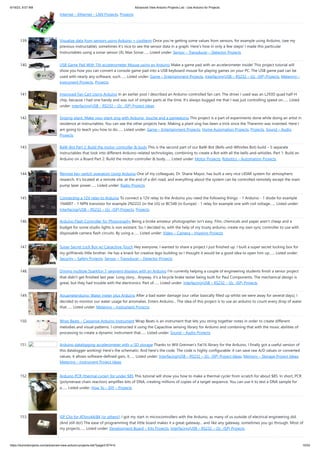 6/19/23, 9:07 AM Advanced View Arduino Projects List - Use Arduino for Projects
https://duino4projects.com/advanced-view-arduino-projects-list/?page31074=5 10/53
Internet – Ethernet – LAN Projects, Projects
139. Visualize data from sensors using Arduino + coolterm Once you're getting some values from sensors, for example using Arduino, (see my
previous instructable), sometimes it's nice to see the sensor data in a graph. Here's how in only a few steps! I made this particular
Instructables using a sonar sensor (XL Max Sonar…... Listed under: Sensor – Transducer – Detector Projects
140. USB Game Pad With Tilt-accelerometer Mouse using an Arduino Make a game pad with an accelerometer inside! This project tutorial will
show you how you can convert a console game pad into a USB keyboard mouse for playing games on your PC. The USB game pad can be
used with nearly any software, such…... Listed under: Game – Entertainment Projects, Interfacing(USB – RS232 – I2c -ISP) Projects, Metering –
Instrument Projects, Projects
141. Improved Fan Cart Using Arduino In an earlier post I described an Arduino-controlled fan cart. The driver I used was an L293D quad half-H
chip, because I had one handy and was out of simpler parts at the time. It's always bugged me that I was just controlling speed on…... Listed
under: Interfacing(USB – RS232 – I2c -ISP) Project Ideas
142. Singing plant. Make your plant sing with Arduino, touche and a gameduino This project is a part of experiments done while doing an artist in
residence at Instructables. You can see the other projects here. Making a plant sing has been a trick since the Theremin was invented. Here I
am going to teach you how to do…... Listed under: Game – Entertainment Projects, Home Automation Projects, Projects, Sound – Audio
Projects
143. BaW-Bot Part 2: Build the motor-controller & body This is the second part of our BaW-Bot (Bells-and-Whistles Bot) build – 5 separate
instructables that look into different Arduino-related technologies, combining to create a Bot with all the bells-and-whistles. Part 1: Build an
Arduino on a Board Part 2: Build the motor-controller & body…... Listed under: Motor Projects, Robotics – Automation Projects
144. Remote key-switch operation Using Arduino One of my colleagues, Dr. Shane Mayor, has built a very nice LIDAR system for atmospheric
research. It's located at a remote site, at the end of a dirt road, and everything about the system can be controlled remotely except the main
pump laser power…... Listed under: Radio Projects
145. Connecting a 12V relay to Arduino To connect a 12V relay to the Arduino you need the following things: - 1 Arduino - 1 diode for example
1N4007 - 1 NPN transistor for example 2N2222 (in the US) or BC548 (in Europe) - 1 relay for example one with coil voltage…... Listed under:
Interfacing(USB – RS232 – I2c -ISP) Projects, Projects
146. Arduino Flash Controller for Photography Being a broke amateur photographer isn't easy. Film, chemicals and paper aren't cheap and a
budget for some studio lights is non existant. So, I decided to, with the help of my trusty arduino, create my own sync controller to use with
disposable camera flash circuits. By using a…... Listed under: Video – Camera – Imaging Projects
147. Super Secret Lock Box w/ Capacitive Touch Hey everyone, I wanted to share a project I just finished up. I built a super secret locking box for
my girlfriends little brother. He has a knack for creative lego building so I thought it would be a good idea to open him up…... Listed under:
Security – Safety Projects, Sensor – Transducer – Detector Projects
148. Driving multiple Sparkfun 7-segment displays with an Arduino I'm currently helping a couple of engineering students finish a senior project
that didn't get finished last year. Long story... Anyway, it's a bicycle brake tester being built for Paul Components. The mechanical design is
great, but they had trouble with the electronics. Part of…... Listed under: Interfacing(USB – RS232 – I2c -ISP) Projects
149. Aquameterduino: Water meter plus Arduino After a bad water damage (our cellar basically filled up whilst we were away for several days), I
decided to monitor our water usage for anomalies. Enters Arduino... The idea of this project is to use an arduino to count every drop of water
that…... Listed under: Metering – Instrument Projects
150. Wrap Beats – Capsense Arduino Instrument Wrap Beats is an instrument that lets you string together notes in order to create different
melodies and visual patterns. I constructed it using the Capacitive sensing library for Arduino and combining that with the music abilities of
processing to create a dynamic instrument that…... Listed under: Sound – Audio Projects
151. Arduino datalogging accelerometer with µ-SD storage Thanks to Will Greiman's Fat16 library for the Arduino, I finally got a useful version of
this datalogger working! Here's the schematic: And here's the code. The code is highly configurable: it can save raw A/D values or converted
values, it allows software-defined gain, it…... Listed under: Interfacing(USB – RS232 – I2c -ISP) Project Ideas, Memory – Storage Project Ideas,
Metering – Instrument Project Ideas
152. Arduino PCR (thermal cycler) for under $85 This tutorial will show you how to make a thermal cycler from scratch for about $85. In short, PCR
(polymerase chain reaction) amplifies bits of DNA, creating millions of copies of a target sequence. You can use it to test a DNA sample for
a…... Listed under: How To – DIY – Projects
153. ISP Clip for ATtiny44/84 (or others!) I got my start in microcontrollers with the Arduino, as many of us outside of electrical engineering did.
(And still do!) The ease of programming that little board makes it a great gateway... and like any gateway, sometimes you go through. Most of
my projects…... Listed under: Development Board – Kits Projects, Interfacing(USB – RS232 – I2c -ISP) Projects
 