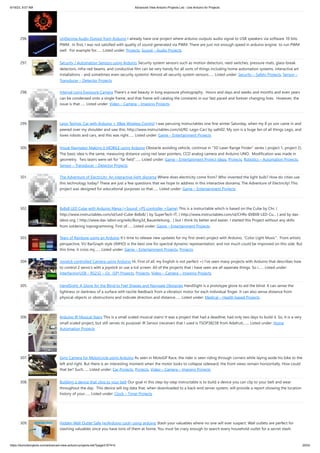 6/19/23, 9:07 AM Advanced View Arduino Projects List - Use Arduino for Projects
https://duino4projects.com/advanced-view-arduino-projects-list/?page31074=5 20/53
296. UnDecima Audio Output from Arduino I already have one project where arduino outputs audio signal to USB speakers via software 10-bits
PWM. In first, I was not satisfied with quality of sound generated via PWM. There are just not enough speed in arduino engine to run PWM
well. For example for…... Listed under: Projects, Sound – Audio Projects
297. Security / Automation Sensors using Arduino Security system sensors such as motion detectors, reed switches, pressure mats, glass-break
detectors, infra-red beams, and conductive film can be very handy for all sorts of things including home automation systems, interactive art
installations - and sometimes even security systems! Almost all security system sensors…... Listed under: Security – Safety Projects, Sensor –
Transducer – Detector Projects
298. Interval Long Exposure Camera There's a real beauty in long exposure photography. Hours and days and weeks and months and even years
can be condensed onto a single frame, and that frame will catalog the constants in our fast paced and forever changing lives. However, the
issue is that…... Listed under: Video – Camera – Imaging Projects
299. Lego Technic Car with Arduino + XBee Wireless Control I was perusing Instructables one fine winter Saturday, when my 8 yo son came in and
peered over my shoulder and saw this: http://www.instructables.com/id/RC-Lego-Car/ by sath02. My son is a huge fan of all things Lego, and
loves robots and cars, and this was right…... Listed under: Game – Entertainment Projects
300. Visual Navigator Making it MOBILE using Arduino Obstacle avoiding vehicle, continue in “3D Laser Range Finder” series ( project 1, project 2).
The basic idea is the same, measuring distance using red laser pointers, CCD analog camera and Arduino UNO. Modification was made in
geometry. Two lasers were set for “far field”…... Listed under: Game – Entertainment Project Ideas, Projects, Robotics – Automation Projects,
Sensor – Transducer – Detector Projects
301. The Adventure of Electricity: An interactive light diorama Where does electricity come from? Who invented the light bulb? How do cities use
this technology today? These are just a few questions that we hope to address in this interactive diorama, The Adventure of Electricity! This
project was designed for educational purposes so that…... Listed under: Game – Entertainment Projects
302. 8x8x8 LED Cube with Arduino Mega (+Sound +PS controller +Game) This is a instructable which is based on the Cube by Chr, (
http://www.instructables.com/id/Led-Cube-8x8x8/ ) by SuperTech-IT, ( http://www.instructables.com/id/CHRs-8X8X8-LED-Cu... ) and by das-
labor.org, ( http://www.das-labor.org/wiki/Borg3d_Bauanleitung... ) but i think its better and easier. I started this Project without any skills
from soldering toprogramming. First of…... Listed under: Game – Entertainment Projects
303. Tears of Rainbow using an Arduino It’s time to release new updates for my first (ever) project with Arduino, “Color Light Music”. From artistic
perspective, VU BarGraph style (IMHO) is the best one for spectral dynamic representation, and not much could be improved on this side. But
this time, it cross my…... Listed under: Game – Entertainment Projects, Projects
304. Joystick controlled Camera using Arduino Hi, First of all, my English is not perfect =) I've seen many projects with Arduino that describes how
to control 2 servo's with a joystick or use a lcd screen. All of the projects that i have seen are all seperate things. So i…... Listed under:
Interfacing(USB – RS232 – I2c -ISP) Projects, Projects, Video – Camera – Imaging Projects
305. HandSight: A Glove for the Blind to Feel Shapes and Navigate Obstacles HandSight is a prototype glove to aid the blind. It can sense the
lightness or darkness of a surface with tactile feedback from a vibration motor for each individual finger. It can also sense distance from
physical objects or obstructions and indicate direction and distance…... Listed under: Medical – Health based Projects
306. Arduino IR Musical Stairs This is a small scaled musical stairs! It was a project that had a deadline; had only two days to build it. So, it is a very
small scaled project, but still serves its purpose! IR Sensor (receiver) that I used is TSOP38238 from Adafruit,…... Listed under: Home
Automation Projects
307. Gyro Camera for Motorcycle using Arduino As seen in MotoGP Race, the rider is seen riding through corners while laying aside his bike to the
left and right. But there is an interesting moment when the motor looks to collapse sideward, the front views remain horizontally. How could
that be? Such…... Listed under: Car Projects, Projects, Video – Camera – Imaging Projects
308. Building a device that clips to your belt Our goal in this step-by-step instructable is to build a device you can clip to your belt and wear
throughout the day. This device will log data that, when downloaded to a back-end server system, will provide a report showing the location
history of your…... Listed under: Clock – Timer Projects
309. Hidden Wall Outlet Safe (w/Arduino Lock) using arduino Stash your valuables where no one will ever suspect. Wall outlets are perfect for
stashing valuables since you have tons of them at home. You must be crazy enough to search every household outlet for a secret stash.
 