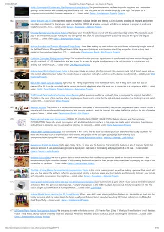 6/19/23, 9:07 AM Advanced View Arduino Projects List - Use Arduino for Projects
https://duino4projects.com/advanced-view-arduino-projects-list/?page31074=5 31/53
461. Build a Complete AVR System and Play Mastermind using Arduino The game Mastermind has been around a long time, and I remember
getting a board version with colored pegs when I was a kid. I love this game, as it is solvable simply by pure logic. One player (or a
computer/microcontroller) chooses a sequence of…... Listed under: Game – Entertainment Projects, Projects
462. Sensor Arduino Lab 2013 This lab most recently revamped by Edgar Berdahl and Wendy Ju. Chris Carlson, possibly Bill Verplank, and others
have likely contributed. For this lab you need your Satellite CCRMA kit, a laptop computer with Ethernet adaptor to program it, and some
headphones with a mini…... Listed under: Sensor – Transducer – Detector Projects
463. Universal Remote Laser Tag Using Arduino Blast away your friends for hours on end with this custom laser tag system. Who needs to pay to
play in an arena when you can make your very own game? Best of all, no special equipment is required, because the "guns" are regular
universal…... Listed under: Game – Entertainment Projects
464. Arduino from Evil Mad Scientist ATmegaxx8 Target Board I have been making my own Arduino's on strip-board but recently bought some of
the Evil Mad Scientist ATmegaxx8 Target Boards. While they weren't designed as an Arduino board they are perfect to use as they have: -
places for the crystal and capacitors (XTL…... Listed under: Development Board – Kits Projects, Projects
465. Computer Controlled Aiming Method Design: The rotational motion produced by the motor is transformed into linear motion through the
use of a standard 1/2"-13 threaded rod as a lead screw. To account for angular misalignments in the rod the motor is not attached to it
directly, but rather through…... Listed under: CNC Machines Projects
466. Arduino based Etch A Sketch Laser Cutter In this project I take an Arduino Mini Pro connect it to a custom made Etch A Sketch panel and use
it to control a Blacknose laser cutter. The result is hours of crazy laser cutting fun, which we will be taking round most of…... Listed under: CNC
Machines Projects
467. Roll-A-Way Rover using an Arduino Age Group: 13 - 18 My experimental rover that I built from a Roll-A-Way alarm clock that was on
clearance for $5. It can be controlled via the numeric section of a keyboard when the serial port is connected to a computer or a Wii…... Listed
under: Clock – Timer Projects, Projects, Robotics – Automation Projects
468. The Pick and Place Machine for Surface Mount Devices ¿What questions need to be resolved? ¿How to recognize the origin of the table? --
The table is the piece of the machine where you place your board, and is critical for the pick and place operation. I've thinking in a limit switch
system. Will…... Listed under: Other Projects
469. Beginner Arduino The Arduino is a pocket-sized computer (also called a "microcontroller") that you can program and use to control circuits. It
interacts with the outside word through sensors, leds, motors, speakers... even the internet; this makes it a flexible platform for lots of creative
projects. Some…... Listed under: Development Board – Kits Projects
470. Design of small scale smart home system DESIGN OF A SMALL SCALE SMART HOME SYSTEM Gabriel Johnson and Chance Kelsoe
INTRODUCTION Design of a smart home system with a LabView/Arduino interface In this project we made use of an Arduino Duemilanove
and LabView to design an easy to use graphical interface to represent…... Listed under: Home Automation Projects
471. Arduino WiFi Garage Door Opener Ever come home in the rain to find the door locked and your keys elsewhere? No? Lucky you then! For
those who have had such an experience or never wish to, this project will let you open your garage door with nay but a
smartphone/tablet/laptop/WiFi-thing…... Listed under: Home Automation Projects, Internet – Ethernet – LAN Projects
472. Auduino Lo-fi Synth for Arduino Hello again. Today I'd like to show you the Auduino. That's right, the Auduino is a Lo-fi Granular Synth that
works on arduino. It uses some analog pins and a digital pin. I had loads of fun making and playing with it so I'd love…... Listed under:
Projects, Sound – Audio Projects
473. Ambient Etch-a-Sketch We built a pseudo Etch-A-Sketch emulator that modifies its appearance based on the user’s environment – the
temperature and light conditions. Instead of only drawing horizontal and vertical lines, we can draw curved lines by changing the slope of the
current line to be drawn.…... Listed under: Game – Entertainment Projects
474. The iDial – Critical Making Personal Identity Augmentation Device In this critical making project, we will be making a personal iDial, which will
give you, the wearer, the ability to reflect on your personal identity in a private space, and then spatially and temporally dislocate your ‘private
self’ into public conversation! You might be…... Listed under: Sensor – Transducer – Detector Projects
475. Using a laser pointer and a matrix LED as a two-dimensional input device Laser Command is a game which I build using a 8x8 matrix LED and
an Arduino Mini. This game was developed as a "sample" class project in S10-05833 Gadgets, Sensors and Activity Recognition in HCI. The
class is taught by Scott Hudson at Carnegie Mellon…... Listed under: LED Projects
476. Arduino Model Rocket Launcher for 3D Printed Rockets When I was a kid, I loved playing with Estes Rockets, so I decided to get back into the
hobby but using all of my maker skizzls. So here's a really cool Arduino Rocket Launcher launching 3D Printed rockets from my MakerBot
Rep2! Enjoy! Fully…... Listed under: Game – Entertainment Projects
477. LED Super Mario Piranha Plant using an Arduino We are going to make an Arduino control LED Piranha Plant :] Step 1: What you'll need Arduino Uno 9 Resisters
9 LEDs - Red, Yellow, Orange is best since they need less amperage PIR sensor 9v battery arduino wall plug (you'll be cutting the connection…... Listed under:
Game – Entertainment Projects, Projects
 