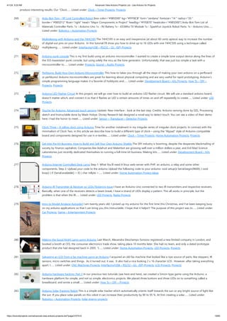 4/1/24, 9:25 AM Advanced View Arduino Projects List - Use Arduino for Projects
https://duino4projects.com/advanced-view-arduino-projects-list/?page31074=5 19/60
produce interesting results. Our “Clock…... Listed under: Clock – Timer Projects, Projects
269. Ardu-Bot-Tom – RF Link Controlled Robot [box color="#985D00" bg="#FFF8CB" font="verdana" fontsize="14 " radius="20 "
border="#985D12" float="right" head="Major Components in Project" headbg="#FFEB70" headcolor="#985D00"] Ardu-Bot-Tom List of
Materials Controller Parts: 1x - Arduino Uno 1x - 9V Battery 1x - 433Mhz TX Module 1x - SparkFun Joystick Robot Parts: 1x - Arduino Uno…...
Listed under: Robotics – Automation Projects
270. Multiplexing with Arduino and the 74HC595 The 74HC595 is an easy and inexpensive (at about 60 cents apiece) way to increase the number
of digital out pins on your Arduino. In this tutorial I'll show you how to drive up to 16 LEDs with one 74HC595 using a technique called
multiplexing.…... Listed under: Interfacing(USB – RS232 – I2c -ISP) Projects
271. Arduino punk console This is my first build using an arduino microcontroller. I wanted to create a simple tone output device along the lines of
the 555-basedatari punk console, but using solely the mcu as the tone generator. Unfortunately, that was just too simple a task with a
microcontroller to…... Listed under: Projects, Sound – Audio Projects
272. Perfduino: Build Your Own Arduino Microcontroller This how-to takes you through all the steps of making your own arduino on a perfboard
or perfduino! Arduino microcontrollers are great for learning about physical computing and are very useful for rapid prototyping. Arduino’s
simple programming language makes it a favorite of hobbyists and…... Listed under: Development Board – Kits Projects, How To – DIY –
Projects, Projects
273. Arduino LED Flasher Circuit In this project, we will go over how to build an arduino LED flasher circuit. We will use a standard arduino board,
doesn't matter which, and connect it so that it flashes an LED a certain amounts of times on and off repeatedly to create…... Listed under: LED
Projects
274. Touche for Arduino: Advanced touch sensing Update: New interface - look at the last step. Credits: Arduino sensing done by DZL, Processing
sketch and Instructable done by Mads Hobye. Disney Research lab designed a novel way to detect touch. You can see a video of their demo
here: I had the honor to meet…... Listed under: Sensor – Transducer – Detector Projects
275. Clock Three – A pillow clock using Arduino Time for another instalment in my irregular series of irregular clock projects. In contrast with the
minimalism of Clock Two, in this article we describe how to build a different type of clock – using the “lilypad” style of Arduino-compatible
board and components designed for use in e-textiles…... Listed under: Clock – Timer Projects, Home Automation Projects, Projects
276. Get Into the Kit Business: How to Build and Sell Your Own Arduino Shields The DIY industry is booming, despite the desperate blackmailing of
society by finance capitalists. Companies like Adafruit and Makerbot are grossing well over a million dollars a year, and Evil Mad Science
Laboratories just recently dedicated themselves to running a full-time kit business. Making kits…... Listed under: Development Board – Kits
Projects
277. Arduino Internet Controlled Desk Lamp Step 1: What You'll need A linux web-server with PHP, an arduino, a relay and some other
components. Step 2: Upload your code to the arduino Upload the following code to your arduino: void setup(){ Serial.begin(9600); } void
loop() { if (Serial.available() > 0) { char inByte =…... Listed under: Home Automation Project Ideas
278. Arduino IR Transmitter & Receiver w/ LEDs Flickering Issue I have an Arduino Uno connected to two IR transmitters and respective receivers.
Basically, when one of the receivers detects a beam break, I have a strand of LEDs display a pattern. This all works in principle, but the
problem is that when the IR…... Listed under: LED Projects, Radio Projects
279. Intro to Model Airplane Autopilot I am twenty years old. I picked up my arduino for the first time this Christmas, and I've been keeping busy
on my arduino applications so that I can bring you this instructable. I hope that it helps!!! The purpose of this project was to…... Listed under:
Car Projects, Game – Entertainment Projects
280. Making the Good Night Lamp using Arduino Last March, Alexandra Deschamps-Sonsino registered a new limited company in London, and
booked a booth at CES, the consumer electronics trade show, taking place 10 months later. She had no team, and only a dated prototype
product that she had designed back in 2005. “I…... Listed under: Home Automation Projects, LED Projects, Projects
281. Salvaging an LCD from a fax machine using an Arduino I acquired an old fax machine that looked like a ripe source of parts, like steppers, IR
sensors, micro switches and things. As it turned out, it was. It also had a nice looking 2 x 16 character LCD. However, after taking everything
apart, I…... Listed under: CNC Machines Projects, Interfacing(USB – RS232 – I2c -ISP) Projects, LCD Projects, Projects
282. Arduino hardware hacking: Part 3 In our previous two tutorials (see here and here), we created a Simon-type game using the Arduino, a
hardware platform for simple, and not so simple, electronics projects. We placed three buttons and three LEDs on to something called a
breadboard, and wrote a small…... Listed under: How To – DIY – Projects
283. Arduino Solar Tracking Robot This is a simple solar tracker which automatically orients itself towards the sun or any bright source of light like
the sun .If you place solar panels on this robot it can increase their productivity by 90 to 95 %. At first creating a solar…... Listed under:
Robotics – Automation Projects, Solar energy projects
 