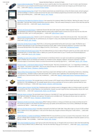 4/1/24, 9:25 AM Advanced View Arduino Projects List - Use Arduino for Projects
https://duino4projects.com/advanced-view-arduino-projects-list/?page31074=5 20/60
284. Arduino Esplora Accelerometer This sketch shows you how to read the values from the accelerometer. To see it in action, open the Arduino
serial monitor on your computer and tilt the board. You'll see the accelerometer values for each axis change as you tilt the board. Circuit
Only…... Listed under: Metering – Instrument Projects, Projects
285. Arduino hardware hacking: Part 2 In part 1 of our Arduino tutorial seres we covered the basics of how the Arduino works, and we're going to
use that knowledge in a hands-on project and see how this open-source hardware programming environment works when we're actually
trying to get something done…... Listed under: How To – DIY – Projects
286. The Revenge of the Yellow Drum Machine (Arduino) I was inspired by Frits Lyneborg's Yellow Drum Machine. Watching the videos, it has such
personality! I have also been thinking recently about sound and robotics. I did some research looking for a version of the robot that used the
Arduino as a brain, but…... Listed under: Sound – Audio Projects
287. Theremin with Zapper,laser,Arduino I created this Theremin like device after seeing this article in Make magazine: http://m-
cdn.dashdigital.com/make/vol15/?pg=69#pg67 While this looked pretty straight forward it turned out to be a bit much for me at the time.
But after much effort, I got it to work pretty good. I…... Listed under: Other Projects, Projects
288. Arduino hardware hacking: Part 1 Arduino is cool. It's cool because it's a tiny device - about three inches by two inches - that comes with a
USB port and a programmable chip. It's cool because you can program it using a very simple programming language known as Wiring. But…...
Listed under: How To – DIY – Projects
289. Fluid In.Flux_3D Wax Printing In Water Fluid In.Flux is a 3D printing experimental machine which prints wax in water. The Machine was a
semester-wide exploration as part of the Advanced Architecture Studio called "Creative Architecture Machines" by Professor Jason Kelly
Johnsonand Michael Shiloh at the California College of the Arts, in San Francisco.…... Listed under: CNC Machines Projects
290. How To Make An RC Rocket Launch System This instructable will show you how to make an RC launch system for your Estes rocket, which can
be operated with a TV remote. What it does is it allows you to press the center button on your TV remote, and it'll automatically launch
your…... Listed under: How To – DIY – Projects
291. Controlling your trains with an Arduino A quick introduction to the Arduino Arduino is an open-source electronics prototyping platform
based on flexible, easy-to-use hardware and software. It's intended for artists, designers, hobbyists, and anyone interested in creating
interactive objects or environments. Arduino can sense the environment by receiving input from a…... Listed under: How To – DIY – Projects
292. Throwduino Basic – Light-Sensing Flashing Throwie Throwies are great. They have a minimal parts count - 2 or 3 depending on whether you
use a magnet - and produce a great effect. They are very cheap and easy but not highly efficient: 1) They are on all the time, so on…... Listed
under: LED Projects, Sensor – Transducer – Detector Projects
293. Arduino Online Thermometer Project I have been researching a project which will help me with my understanding of electronics, networking,
and programming. I decided to build an online thermometer which could be used in applications that need temperature monitoring. I
currently work in a lab environment where I test, troubleshoot,…... Listed under: Medical – Health based Projects, Temperature Measurement
Projects
294. Pachube Client using Arduino This example shows you how to answer a HTTP request using an Ethernet shield. Specifically, it connects to
pachube.com, a free datalogging site. The example requires that you set up a pachube.com account, as well as a pachube feed (for more
information on setting up…... Listed under: Ideas, Internet – Ethernet – LAN Project Ideas
295. Graphing values in Arduino, the EASY Way! Sometimes when you're testing a sensor or debugging a value in an Arduino project, you want to
see something other than numbers flying by in the Serial Monitor. However, you want to get the sensor working quickly, and you don't want
to take the time…... Listed under: Interfacing(USB – RS232 – I2c -ISP) Projects
296. RGB Color Sensor on Arduino The next board I want to show you is the ADJD-S371 Color Light Sensor Evaluation Board from sparkfun. It
emits light and analyses the reflected color spectrum. The board can be controlled via I2C. The sleep and xclk pins were not used in this
example.…... Listed under: Sensor – Transducer – Detector Projects
297. Paperduino 2.0 with Circuit Scribe – Paper Arduino What if making an Arduino, or wiring up an Arduino was as easy as printing one out? In
this tutorial we printed our own Arduino Pro Mini board using a pen plotter and the Electroninks Circuit Scribe (a rollerball pen with highly
conductive ink). Within…... Listed under: LED Projects
298. Daft Punk LED Matrix Breakout Board I was always impressed by the Daft Punk Coffee Table. Being able to light up a bunch of LEDs and flash
them in patterns has so many applications. It was one of the reasons why I bought an Arduino seeing how it could control a…... Listed under:
LED Projects
299. LEARN! ARDUINO – A HANDS-ON APPROACH INTRODUCTION This manual will show you how to use each of the components in the kit, and
give you software Sketch examples for each one. Then you can combine some components to make examples of Automatic Systems such as a
lighting controller. You're probably…... Listed under: How To – DIY – Projects
300. Alarm Clock Overkill Using Arduino I don't get up at the same time every day, so I thought it'd be nice to have an alarm clock that would drag
me out of bed at different times on different days. That was the initial idea: things got out of hand, of…... Listed under: Clock – Timer Projects
 