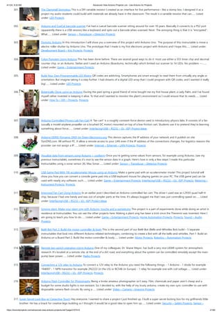 4/1/24, 9:25 AM Advanced View Arduino Projects List - Use Arduino for Projects
https://duino4projects.com/advanced-view-arduino-projects-list/?page31074=5 21/60
301. The Clamshell Stompbox This is a DIY variable resistor I created as an interface for live performance-- like a stomp box. I designed it as a
project my audio students could build with materials we already have in the classroom. The result is a variable resistor that can…... Listed
under: LED Projects
302. Arduino and CueCat barcode scanner I've had a cuecat barcode scanner sitting around for over 10 years. Basically it connects to a PS2 port
(apparently there is a USB version) like a keyboard and spits out a barcode when scanned. Nice!. The annoying thing is that it is "encrypted".
What…... Listed under: Sensor – Transducer – Detector Projects
303. Domotic Arduino In this introduction I will show you a overview of this project whit Arduino Uno. The purpose of this instructable is move a
electric roller shutter by Arduino Uno. The prototype that I made is my first electronic project with Arduino and I hope this…... Listed under:
Development Board – Kits Projects, Projects
304. Cylon Pumpkin Using Arduino This has been done before. There are several good ways to do it: most use either a 555 timer chip and decimal
counter chip, or an Arduino. Stefan and I used an Arduino (Boarduino, technically) which limited our scanner to 14 LEDs. No problem ---…...
Listed under: Game – Entertainment Projects
305. Build Your Own Programmable LED Matrix QR codes are addicting. Smartphones are smart enough to read them from virtually any angle or
orientation. But imagine taking it a step further. I had dreams of a digital LED array that I could program with QR codes, and I wanted it really
big!…... Listed under: LED Projects
306. Botanicalls Clone using an Arduino During the past spring a good friend of mine bought me my first house plant, a Lady Palm, and I’ve found
myself rather invested in keeping it alive. To that end I wanted to monitor the plant’s environment so I could ensure that its needs…... Listed
under: How To – DIY – Projects, Projects
307. Arduino-Controlled Physics Lab Fan-Cart A "fan cart" is a roughly constant-force device used in introductory physics labs. It consists of a fan
(usually a model airplane propeller on a brushed DC motor) mounted on top of a low-friction cart. Students use it to pretend they're learning
something about force,…... Listed under: Interfacing(USB – RS232 – I2c -ISP) Project Ideas
308. Arduino DDNS (Dynamic DNS) by Open-Electronics.org This device captures the IP address of your network and it publish on site
DynDNS.com. All without PC. It allow a remote access to your LAN even if the IP address of the connections changes. For logistics reasons the
provider can not assign a IP…... Listed under: Internet – Ethernet – LAN Projects, Projects
309. Visualize data from sensors using Arduino + coolterm Once you're getting some values from sensors, for example using Arduino, (see my
previous instructable), sometimes it's nice to see the sensor data in a graph. Here's how in only a few steps! I made this particular
Instructables using a sonar sensor (XL Max Sonar…... Listed under: Sensor – Transducer – Detector Projects
310. USB Game Pad With Tilt-accelerometer Mouse using an Arduino Make a game pad with an accelerometer inside! This project tutorial will
show you how you can convert a console game pad into a USB keyboard mouse for playing games on your PC. The USB game pad can be
used with nearly any software, such…... Listed under: Game – Entertainment Projects, Interfacing(USB – RS232 – I2c -ISP) Projects, Metering –
Instrument Projects, Projects
311. Improved Fan Cart Using Arduino In an earlier post I described an Arduino-controlled fan cart. The driver I used was an L293D quad half-H
chip, because I had one handy and was out of simpler parts at the time. It's always bugged me that I was just controlling speed on…... Listed
under: Interfacing(USB – RS232 – I2c -ISP) Project Ideas
312. Singing plant. Make your plant sing with Arduino, touche and a gameduino This project is a part of experiments done while doing an artist in
residence at Instructables. You can see the other projects here. Making a plant sing has been a trick since the Theremin was invented. Here I
am going to teach you how to do…... Listed under: Game – Entertainment Projects, Home Automation Projects, Projects, Sound – Audio
Projects
313. BaW-Bot Part 2: Build the motor-controller & body This is the second part of our BaW-Bot (Bells-and-Whistles Bot) build – 5 separate
instructables that look into different Arduino-related technologies, combining to create a Bot with all the bells-and-whistles. Part 1: Build an
Arduino on a Board Part 2: Build the motor-controller & body…... Listed under: Motor Projects, Robotics – Automation Projects
314. Remote key-switch operation Using Arduino One of my colleagues, Dr. Shane Mayor, has built a very nice LIDAR system for atmospheric
research. It's located at a remote site, at the end of a dirt road, and everything about the system can be controlled remotely except the main
pump laser power…... Listed under: Radio Projects
315. Connecting a 12V relay to Arduino To connect a 12V relay to the Arduino you need the following things: - 1 Arduino - 1 diode for example
1N4007 - 1 NPN transistor for example 2N2222 (in the US) or BC548 (in Europe) - 1 relay for example one with coil voltage…... Listed under:
Interfacing(USB – RS232 – I2c -ISP) Projects, Projects
316. Arduino Flash Controller for Photography Being a broke amateur photographer isn't easy. Film, chemicals and paper aren't cheap and a
budget for some studio lights is non existant. So, I decided to, with the help of my trusty arduino, create my own sync controller to use with
disposable camera flash circuits. By using a…... Listed under: Video – Camera – Imaging Projects
317. Super Secret Lock Box w/ Capacitive Touch Hey everyone, I wanted to share a project I just finished up. I built a super secret locking box for my girlfriends little
brother. He has a knack for creative lego building so I thought it would be a good idea to open him up…... Listed under: Security – Safety Projects, Sensor –
 