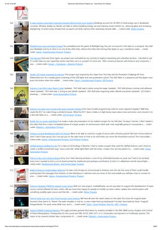 4/1/24, 9:25 AM Advanced View Arduino Projects List - Use Arduino for Projects
https://duino4projects.com/advanced-view-arduino-projects-list/?page31074=5 38/60
562. A solar tracking automatic motorized window blind retrofit using Arduino Buildings account for 20-40% of total energy use in developed
countries. Window shades (or blinds) can help to reduce building energy use and improve visual comfort (i.e., reducing glare and increasing
daylighting). A recent study showed that occupants are fairly inactive when operating manual roller…... Listed under: Motor Projects
563. Flashlight tag using an Arduino board You probably know the game of flashlight-tag. You just run around in the dark on a campsite. You hold
your flashlight and try to shine it on one of the other kids, without the other kids shining their lights on you. I wanted to make…... Listed
under: Game – Entertainment Projects, Projects
564. Fish Sensing Overview Once again, my project was motivated by my curiosity to explore interesting and unfamiliar territory. I decided to see
if I could make my own capacitive sensor and then use it in a project of some sort. After numerous fiascoes with Arduino and computers, I
was…... Listed under: Sensor – Transducer – Detector Projects
565. StopIt! LED Game (powered by arduino) This project was inspired by this video from YouTube and the Pendulum Challenge Kit from
Makershed.com. Its a simple game consisting of five LED lights and one pushbutton switch. The LEDs flash in a sequence and the player must
press the button when the middle…... Listed under: Game – Entertainment Projects, LED Projects
566. Arduino 3-axis Mini Lazer Paper-Cutter Updated : 16/3 Add step 4, about using the stage. Updated : 18/3 Add photos (cutting vinyl adhesive
sheet) Updated : 19/3 Add step 5, acting as pen plotter Updated : 20/3 Add laser engraving video (Wood) and photo Updated : 22/3 Add 2
drawings…... Listed under: Home Automation Projects
567. Arduino: an easier way to work with seven segment displays Ever have trouble programming code for seven segment displays? Well they
made the 4511 to make things a whole lot easier. What the 4511 does is takes a 4 digit binary input value (ones and zeros), and converts it to
a decimal value on a…... Listed under: LCD Projects, Projects
568. Buddy the on-screen seal Robot I’ve made a video documentation of my midterm project for my 544 class. To keep it shorter, I didn’t detail in
the video that this is only a completed phase of a larger project: an autonomous robot seal. I was originally going to incorporate a…... Listed
under: Robotics – Automation Projects
569. Arduino Joystick Breadboard with LCD Output Want to be able to control a couple of servos with a thumb-joystick? But don't know where to
start? I don't have servos, but I can put you on the right track on how to do stuff when you move the thumbstick around. This instructable…...
Listed under: Game – Entertainment Projects, LCD Projects, Projects
570. LilyPad Arduino Stuffed Fox Toy For a class on technology in libraries, I had to create a project that used the LilyPad Arduino, and I chose to
create a stuffed animal that sings “Jesus Loves Me” while lights flash with the notes. I made a fox, but the pattern to…... Listed under: Home
Automation Projects
571. PCB on a Box using Arduino Board Sorry, but I hate cleaning windows, is one of my unfinished business as usual, but I had to do (at least)
every time I wanted to etch a circuit board printed by traditional (and perhaps unorthodox) of stick it in cellophane and let natural light…...
Listed under: Development Board – Kits Project Ideas, Projects
572. Make A Arduino Candygrabber Machine I've seen a lot of ways to communicate to Arduino over the net, but none of them could handle
pushing back the messages from Arduino to the client(you) in real time and vice versa. In this instructable you will learn how to connect to
your…... Listed under: Game – Entertainment Projects, Projects
573. Arduino Hardware PWM for stepper motor drives With our new project, JustAddSharks, we are very keen to support the development of open
source control software for laser cutters. We are more than happy for people to modify our laser cutters, replace the control system with
something suitably open source and then let…... Listed under: Motor Projects
574. How to build your very own Time Fountain using Arduino We have all seen the sweet videos on the tube! You know the magical water
fountains that seems to "freeze" the water droplets in mid air, or even make them go backwards! I've been fascinated by these "magical"
thingamabobs for quite some while now, and a…... Listed under: Clock – Timer Projects, How To – DIY – Projects
575. Arduino MMAE Graduate Robotics This page provides general information to students enrolled in the EML 6808 course, Analysis and Control
of Robot Manipulators. Prerequisites for the course are: EML 4312C, EML 5271, or C.I. Kinematics and dynamics of multibody systems. The
topics to be covered include: basic components of…... Listed under: Robotics – Automation Projects
 