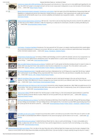 4/1/24, 9:25 AM Advanced View Arduino Projects List - Use Arduino for Projects
https://duino4projects.com/advanced-view-arduino-projects-list/?page31074=5 39/60
576. Control your motors with L293D and Arduino After long research and trial and error, I have came up to a new walkthrough regarding this nice
chip, the L293D. Each project is one project and each one has its own unique power configurations, so you must be aware of the best battery
choice…... Listed under: Motor Projects, Projects
577. Barista championship brewing stopwatch • Introduction using arduino Upon the needs of the (2014) World Barista Championship Rules and
Regulations, an adequate and precise time measuring is needed during the competition. These measurements are usually done by regular
stopwatches with all the benefits (ease of use, common availability) and drawbacks (two stopwatches needed…... Listed under: Home
Automation Projects
578. Arduino browser based remote control (linux) We have kids. I love them to bits but they keep hiding the remote control for the satellite and
TV when they put the children's channels on. After this happening on a daily basis for several years, and after my darling wife allowing me
to…... Listed under: Home Automation Projects, Projects
579. Tiich System – Prototype Final Report Introduction: Our main goal with the Tiich system is to design a teaching aid/tool which would replace
the conventional whiteboard in a classroom environment. We want our system to be used as an electronic based white board, having all the
written information easily be saved…... Listed under: Sensor – Transducer – Detector Projects
580. Lilypad Arduino Rocket Ship Cape I am taking a Children and Technology course for my MLS this semester, and one of our assignments is to
create a toy using the LilyPad Arduino development board. The LilyPad Arduino is used to create e-textiles that you can program to do
various things.…... Listed under: Home Automation Projects
581. Web-controlled Twittering Roomba using an Arduino I wanted to see if I could operate my Roomba remotely and get it to report its status via
Twitter while I was away from home. I also wanted to make the device independent of a computer. This is the solution I came up with…...
Listed under: Internet – Ethernet – LAN Project Ideas, Projects, Robotics – Automation Projects
582. DIY Arduino Nebulophone Synth I originally wanted to purchase a Nebulophone but, my El-Cheapo price range didn't like the tag. I realized
that I could program my own AtMega 328 by using ArduinoISP Then I found out that if the code was Arduino compatible, why not just use
the…... Listed under: How To – DIY – Projects, Phone Projects, Projects
583. Make An Social Alarm Clock Using Arduino What it is: Sometimes we want to send special messages to the ones we love but they are
sleeping. Soci Alarm Clock allows you to record a message from your browser and send to your beloved’s alarm clock. They just have to put it
near…... Listed under: Clock – Timer Projects, Home Automation Projects
584. Cookies adminitrator box [Electronics only] using arduino At home the cookies disappear relatively fast. ¿Why? Well, principally because of me
and my father. That's why my mother and my sister have to hide some to eat them later. It's embarrassing, I know, but it's because we are like
"Oh, I want to…... Listed under: Home Automation Projects
585. Arduino Fart-O-Meter OH NO! He didn't! Yes I did! My project is simple: Farting in a chair and sending the signal wirelessly to a panel that
shows the intensity of the fart! Words of caution: Please do not force yourself to fart, you might shit in your…... Listed under: Metering –
Instrument Projects, Projects
586. One Touch Wardrobe using an Arduino I use Arduino Duemilanove With Motor Driver Shield Microcontroller ATmega168 Operating Voltage
5V Input Voltage (recommended) 7-12V Input Voltage (limits) 6-20V Digital I/O Pins 14 (of which 6 provide PWM output) Analog Input Pins 6
DC Current per I/O Pin 40 mA DC Current for…... Listed under: Home Automation Projects, Projects, Sensor – Transducer – Detector Projects
587. Controlling an LED using a switch Concepts So you know what a switch is, but what can you do with it? One of the uses of a switch is to tell
the controller to activate/deactivate different components. In this case we are going to use the switch to turn on and…... Listed under: LED
Projects
588. Nursery Rhyme Hat using arduino I created the Nursery Rhyme Hat for a class on youth and technology. I'm new to instructables and e-
textiles, so please bear with me! This is the first time I have used the Lilypad Arduino or any kind of soft circuit technology, so my coding…...
Listed under: Home Automation Projects
589. Rainbow Mega Pong Clock using Arduino This is my take on the clasic Pong clock with an RGB back light that changes every time the date is displayed. A big
thanks to mrnick1234567 and his http://www.instructables.com/id/Pong-Word-Clock/ I did want the light to change randomly through the day but it made a
 